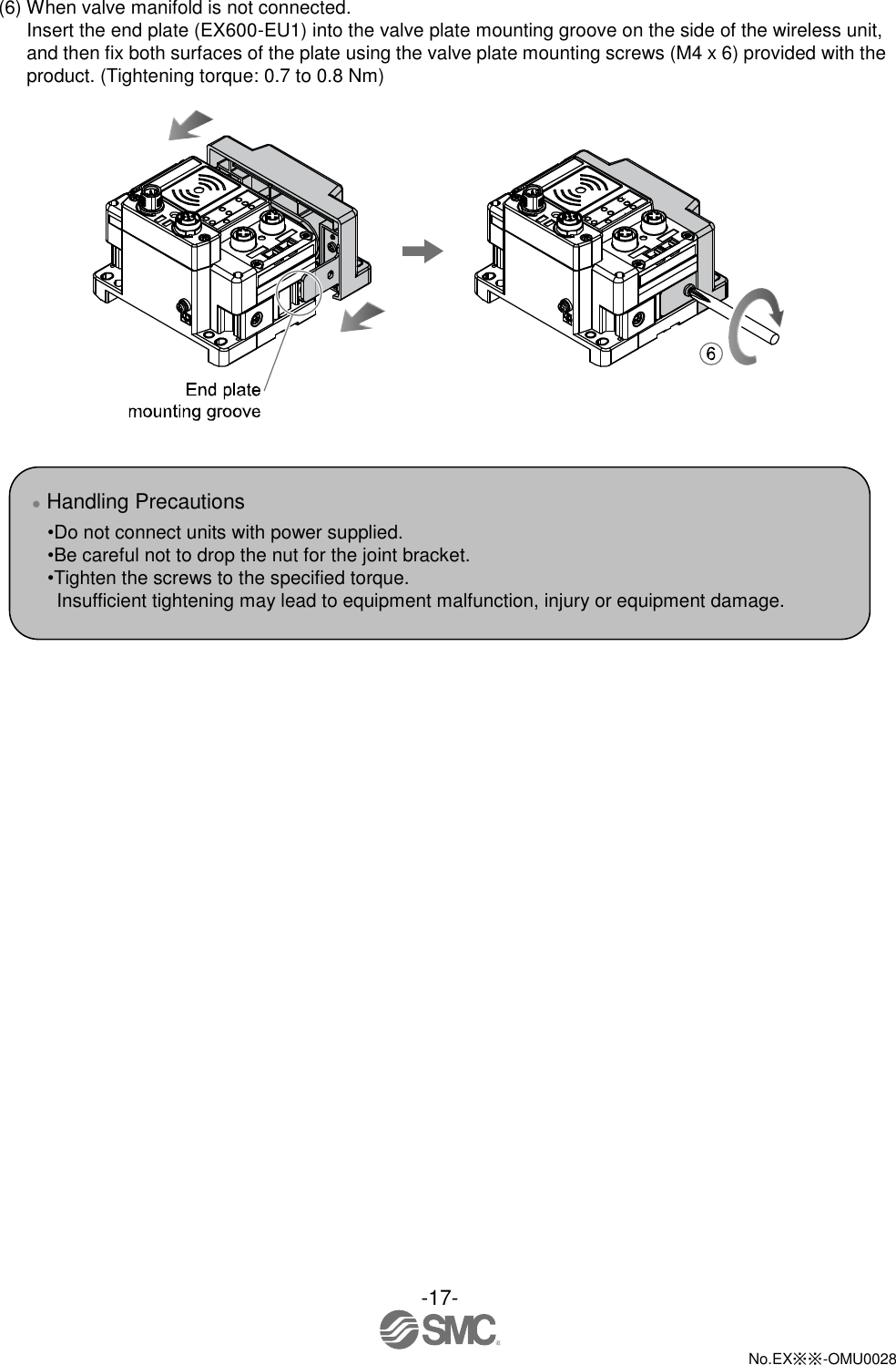 -17-  No.EX※※-OMU0028   (6) When valve manifold is not connected. Insert the end plate (EX600-EU1) into the valve plate mounting groove on the side of the wireless unit, and then fix both surfaces of the plate using the valve plate mounting screws (M4 x 6) provided with the product. (Tightening torque: 0.7 to 0.8 Nm)      ● Handling Precautions •Do not connect units with power supplied. •Be careful not to drop the nut for the joint bracket. •Tighten the screws to the specified torque.   Insufficient tightening may lead to equipment malfunction, injury or equipment damage. 