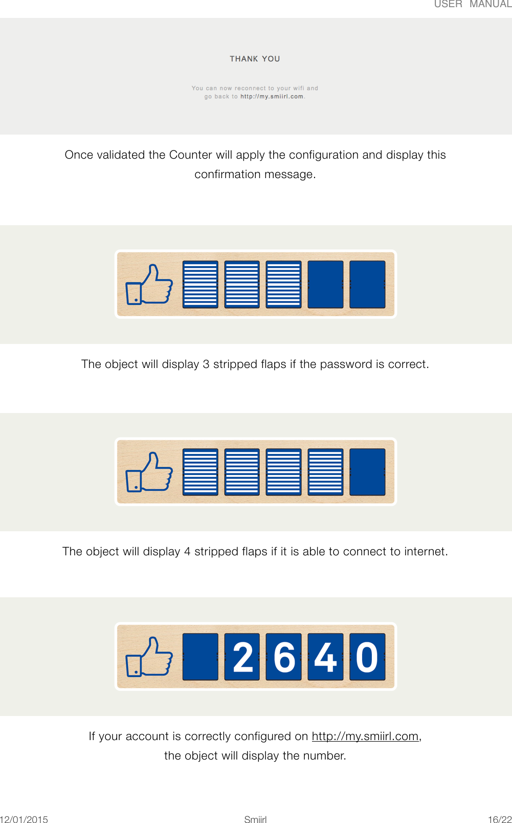 USER  MANUALOnce validated the Counter will apply the configuration and display this confirmation message.  The object will display 3 stripped flaps if the password is correct.  The object will display 4 stripped flaps if it is able to connect to internet.  If your account is correctly configured on http://my.smiirl.com, the object will display the number. 12/01/2015!!Smiirl"/"16 22