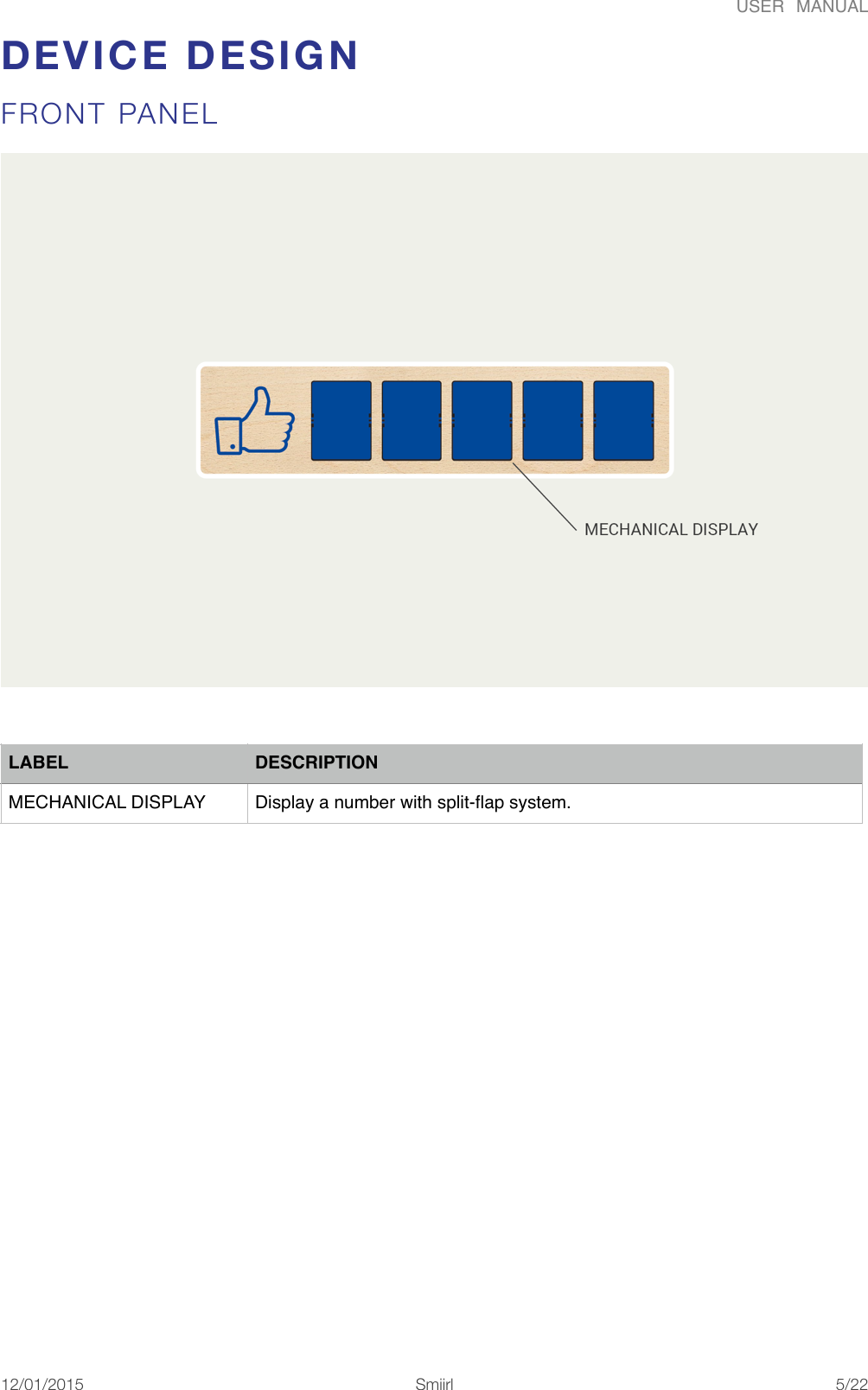 USER  MANUALDEVICE DESIGN FRONT PANEL LABELDESCRIPTIONMECHANICAL DISPLAYDisplay a number with split-ﬂap system.12/01/2015!!Smiirl"/"5 22