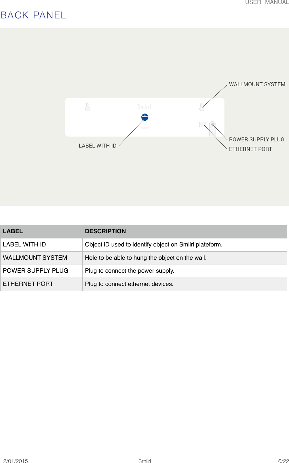 USER  MANUALBACK PANEL LABELDESCRIPTIONLABEL WITH IDObject iD used to identify object on Smiirl plateform.WALLMOUNT SYSTEMHole to be able to hung the object on the wall.POWER SUPPLY PLUGPlug to connect the power supply.ETHERNET PORTPlug to connect ethernet devices.12/01/2015!!Smiirl"/"6 22