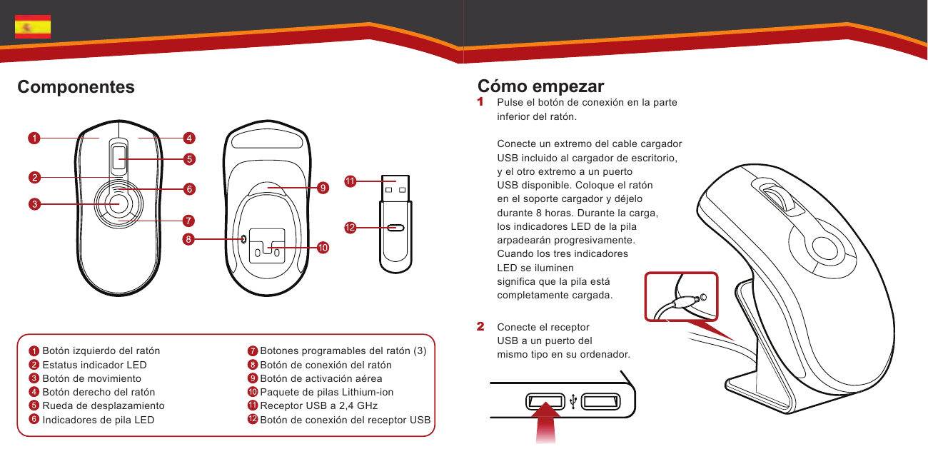 11121112    ComponentesBotón izquierdo del ratónEstatus indicador LEDBotón de movimientoBotón derecho del ratónRueda de desplazamientoIndicadores de pila LEDBotones programables del ratón (3)Botón de conexión del ratónBotón de activación aéreaPaquete de pilas Lithium-ionReceptor USB a 2,4 GHzBotón de conexión del receptor USBCómo empezarPulse el botón de conexión en la parte inferior del ratón.   Conecte un extremo del cable cargador USB incluido al cargador de escritorio, y el otro extremo a un puerto USB disponible. Coloque el ratón en el soporte cargador y déjelo durante 8 horas. Durante la carga, los indicadores LED de la pila arpadearán progresivamente. Cuando los tres indicadores LED se iluminen significa que la pila está completamente cargada.Conecte el receptor USB a un puerto del mismo tipo en su ordenador.1 2 