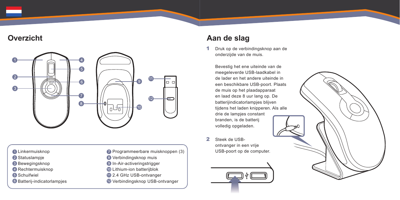 11121112       OverzichtLinkermuisknopStatuslampjeBewegingsknopRechtermuisknopSchuifwielBatterij-indicatorlampjesProgrammeerbare muisknoppen (3)Verbindingsknop muisIn-Air-activeringstriggerLithium-ion batterijblok2.4 GHz USB-ontvangerVerbindingsknop USB-ontvangerAan de slagDruk op de verbindingsknop aan de onderzijde van de muis.   Bevestig het ene uiteinde van de meegeleverde USB-laadkabel in de lader en het andere uiteinde in een beschikbare USB-poort. Plaats de muis op het plaadapparaat en laad deze 8 uur lang op. De batterijindicatorlampjes blijven tijdens het laden knipperen. Als alle drie de lampjes constant branden, is de batterij volledig opgeladen.Steek de USB-ontvanger in een vrije USB-poort op de computer.1 2 