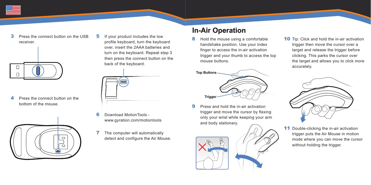  In-Air Operation Top ButtonsTriggerIn-Air OperationHold the mouse using a comfortable handshake position. Use your index finger to access the in-air activation trigger and your thumb to access the top mouse buttons. Press and hold the in-air activation trigger and move the cursor by flexing only your wrist while keeping your arm and body stationary.8 9 Tip: Click and hold the in-air activation trigger then move the cursor over a target and release the trigger before clicking. This parks the cursor over the target and allows you to click more accurately.Double-clicking the in-air activation trigger puts the Air Mouse in motion mode where you can move the cursor without holding the trigger.10 11 Press the connect button on the USB receiver.Press the connect button on the bottom of the mouse.3 4 If your product includes the low profile keyboard, turn the keyboard over, insert the 2AAA batteries and turn on the keyboard. Repeat step 3 then press the connect button on the back of the keyboard.Download MotionTools -  www.gyration.com/motiontoolsThe computer will automatically detect and configure the Air Mouse.5 6 7 