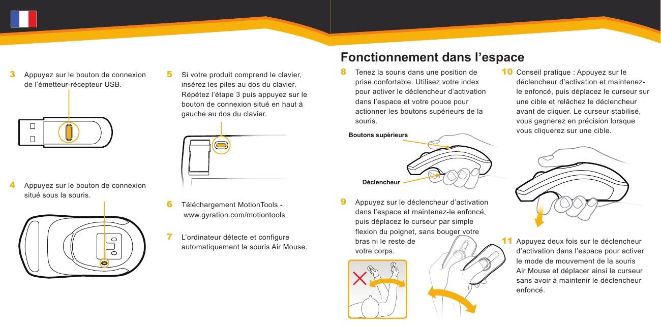 Boutons supérieursDéclencheurAppuyez sur le bouton de connexion de l’émetteur-récepteur USB.Appuyez sur le bouton de connexion situé sous la souris.3 4 Si votre produit comprend le clavier, insérez les piles au dos du clavier. Répétez l’étape 3 puis appuyez sur le bouton de connexion situé en haut à gauche au dos du clavier.Téléchargement MotionTools -  www.gyration.com/motiontools L’ordinateur détecte et configure automatiquement la souris Air Mouse.5 6 7 Tenez la souris dans une position de prise confortable. Utilisez votre index pour activer le déclencheur d’activation dans l’espace et votre pouce pour actionner les boutons supérieurs de la souris.Appuyez sur le déclencheur d’activation dans l’espace et maintenez-le enfoncé, puis déplacez le curseur par simple flexion du poignet, sans bouger votre bras ni le reste de votre corps.8 9 Conseil pratique : Appuyez sur le déclencheur d’activation et maintenez-le enfoncé, puis déplacez le curseur sur une cible et relâchez le déclencheur avant de cliquer. Le curseur stabilisé, vous gagnerez en précision lorsque vous cliquerez sur une cible.Appuyez deux fois sur le déclencheur d’activation dans l’espace pour activer le mode de mouvement de la souris Air Mouse et déplacer ainsi le curseur sans avoir à maintenir le déclencheur enfoncé.10 11 Fonctionnement dans l’espace
