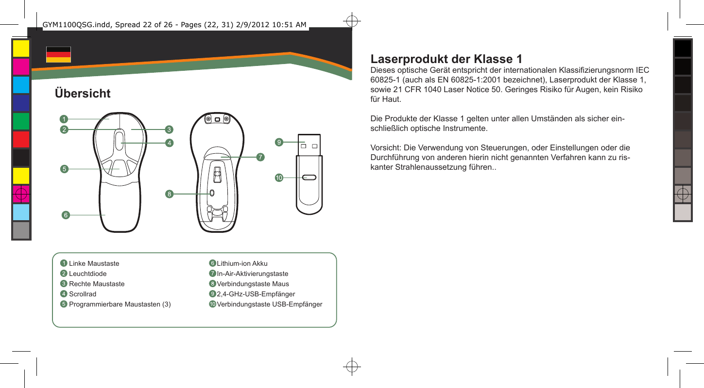 Laserprodukt der Klasse 1Dieses optische Gerät entspricht der internationalen Klassizierungsnorm IEC 60825-1 (auch als EN 60825-1:2001 bezeichnet), Laserprodukt der Klasse 1, sowie 21 CFR 1040 Laser Notice 50. Geringes Risiko für Augen, kein Risiko für Haut.Die Produkte der Klasse 1 gelten unter allen Umständen als sicher ein-schließlich optische Instrumente.Vorsicht: Die Verwendung von Steuerungen, oder Einstellungen oder die Durchführung von anderen hierin nicht genannten Verfahren kann zu ris-kanter Strahlenaussetzung führen..Linke MaustasteLeuchtdiodeRechte MaustasteScrollradProgrammierbare Maustasten (3)Lithium-ion AkkuIn-Air-AktivierungstasteVerbindungstaste Maus2,4-GHz-USB-EmpfängerVerbindungstaste USB-EmpfängerÜbersichtGYM1100QSG.indd, Spread 22 of 26 - Pages (22, 31) 2/9/2012 10:51 AM 