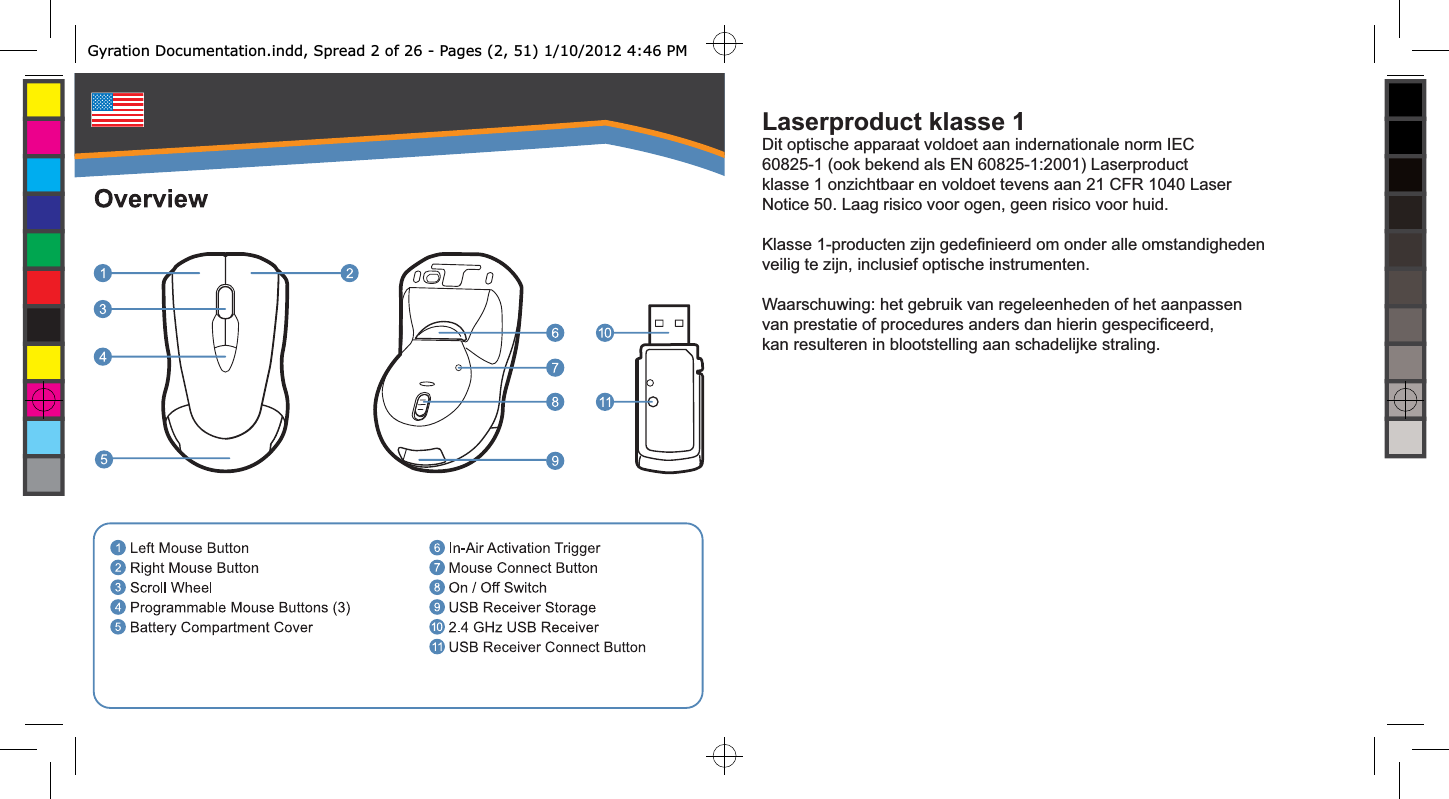 Laserproduct klasse 1Dit optische apparaat voldoet aan indernationale norm IEC 60825-1 (ook bekend als EN 60825-1:2001) Laserproduct klasse 1 onzichtbaar en voldoet tevens aan 21 CFR 1040 Laser Notice 50. Laag risico voor ogen, geen risico voor huid.Klasse 1-producten zijn gedeﬁ nieerd om onder alle omstandigheden veilig te zijn, inclusief optische instrumenten. Waarschuwing: het gebruik van regeleenheden of het aanpassen van prestatie of procedures anders dan hierin gespeciﬁ ceerd, kan resulteren in blootstelling aan schadelijke straling.Gyration Documentation.indd, Spread 2 of 26 - Pages (2, 51) 1/10/2012 4:46 PM 