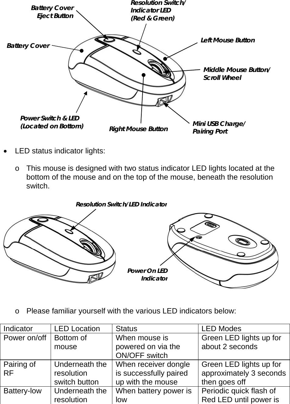   •  LED status indicator lights:  o  This mouse is designed with two status indicator LED lights located at the bottom of the mouse and on the top of the mouse, beneath the resolution switch.     o  Please familiar yourself with the various LED indicators below:  Indicator LED Location Status  LED Modes Power on/off  Bottom of mouse  When mouse is powered on via the ON/OFF switch Green LED lights up for about 2 seconds Pairing of RF  Underneath the resolution switch button When receiver dongle is successfully paired up with the mouse Green LED lights up for approximately 3 seconds then goes off Battery-low Underneath the resolution  When battery power is low  Periodic quick flash of Red LED until power is Right Mouse Button Left Mouse Button Middle Mouse Button/ Scroll Wheel Mini USB Charge/ Pairing Port Battery Cover Eject Button Resolution Switch/ Indicator LED (Red &amp; Green) Power Switch &amp; LED (Located on Bottom) Battery Cover Power On LED Indicator Resolution Switch/LED Indicator 