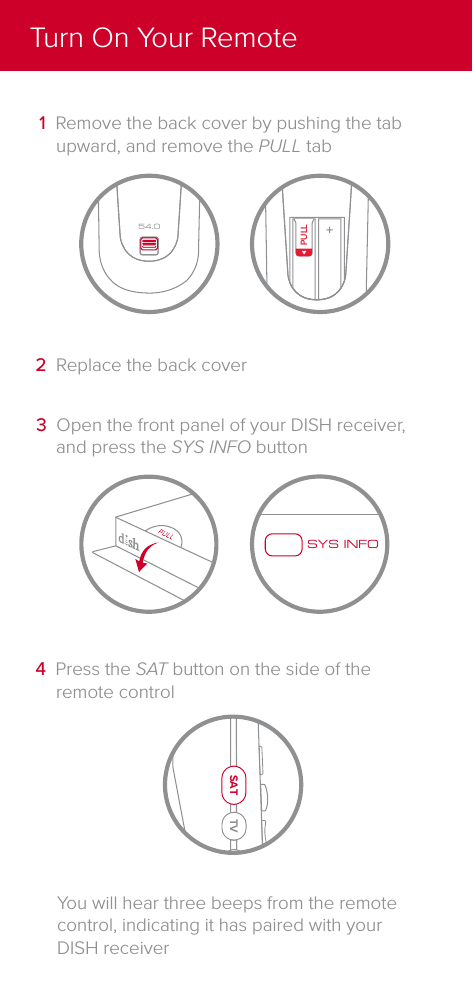 You will hear three beeps from the remote control, indicating it has paired with your DISH receiverAUX inputSAT TV4  Press the SAT button on the side of the remote control3  Open the front panel of your DISH receiver, and press the SYS INFO buttonSYS INFO2  Replace the back coverPULL54.01  Remove the back cover by pushing the tab upward, and remove the PULL tabTurn On Your Remote