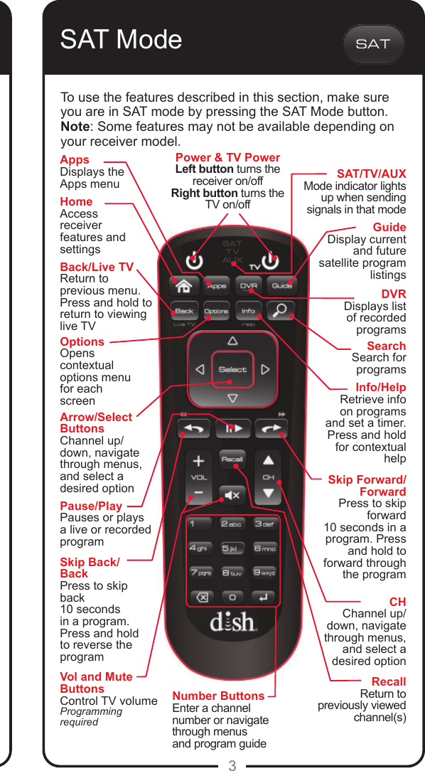 3Arrow/Select ButtonsChannel up/down, navigate through menus, and select a desired optionSAT/TV/AUXMode indicator lights up when sending signals in that modeFor the remote to work with either a Hopper&reg; or Joey&reg; receiver, it must be paired. Use the following procedure to pair the remote.CHChannel up/down, navigate through menus, and select a desired optionSkip Forward/ForwardPress to skip forward  10 seconds in a program. Press and hold to forward through the programSkip Back/BackPress to skip back  10 seconds in a program. Press and hold to reverse the programBack/Live TVReturn to previous menu. Press and hold to return to viewing live TVPause/PlayPauses or plays a live or recorded programSAT ModeTo use the features described in this section, make sure you are in SAT mode by pressing the SAT Mode button.Note: Some features may not be available depending on your receiver model.Power &amp; TV PowerLeft button turns the receiver on/offRight button turns the TV on/offVol and Mute ButtonsControl TV volumeProgramming requiredRecallReturn to previously  viewed  channel(s)Number ButtonsEnter a channel number or navigate through menus and program guideHomeAccess receiverfeatures and settingsOptionsOpens contextual options menu for each screenAppsDisplays the Apps menuDVRDisplays list of recorded programsInfo/HelpRetrieve info on programs and set a timer. Press and hold for contextual helpGuideDisplay current and future satellite program listingsSearchSearch for programs