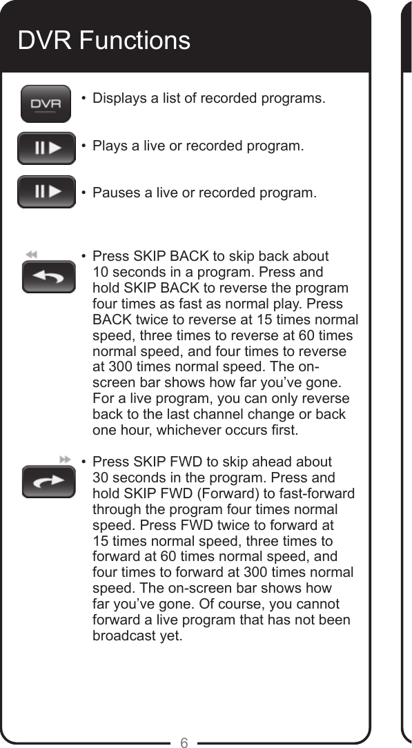 6DVR Functions&bull;  Displays a list of recorded programs.  &bull;  Plays a live or recorded program.  &bull;  Pauses a live or recorded program.   &bull;   Press SKIP BACK to skip back about 10 seconds in a program. Press and hold SKIP BACK to reverse the program four times as fast as normal play. Press BACK twice to reverse at 15 times normal speed, three times to reverse at 60 times normal speed, and four times to reverse at 300 times normal speed. The on-screen bar shows how far you&rsquo;ve gone. For a live program, you can only reverse back to the last channel change or back  one hour, whichever occurs rst. &bull;   Press SKIP FWD to skip ahead about  30 seconds in the program. Press and hold SKIP FWD (Forward) to fast-forward through the program four times normal speed. Press FWD twice to forward at 15 times normal speed, three times to forward at 60 times normal speed, and four times to forward at 300 times normal speed. The on-screen bar shows how far you&rsquo;ve gone. Of course, you cannot forward a live program that has not been broadcast yet. 