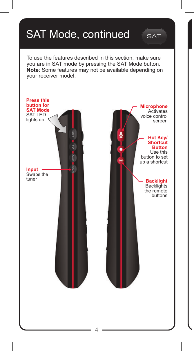 4SAT Mode, continuedTo use the features described in this section, make sure you are in SAT mode by pressing the SAT Mode button.Note: Some features may not be available depending on your receiver model.InputSwaps the tunerMicrophoneActivates voice control screenBacklightBacklights the remote buttonsHot Key/Shortcut ButtonUse this button to set up a shortcutPress this button for SAT ModeSAT LED lights up