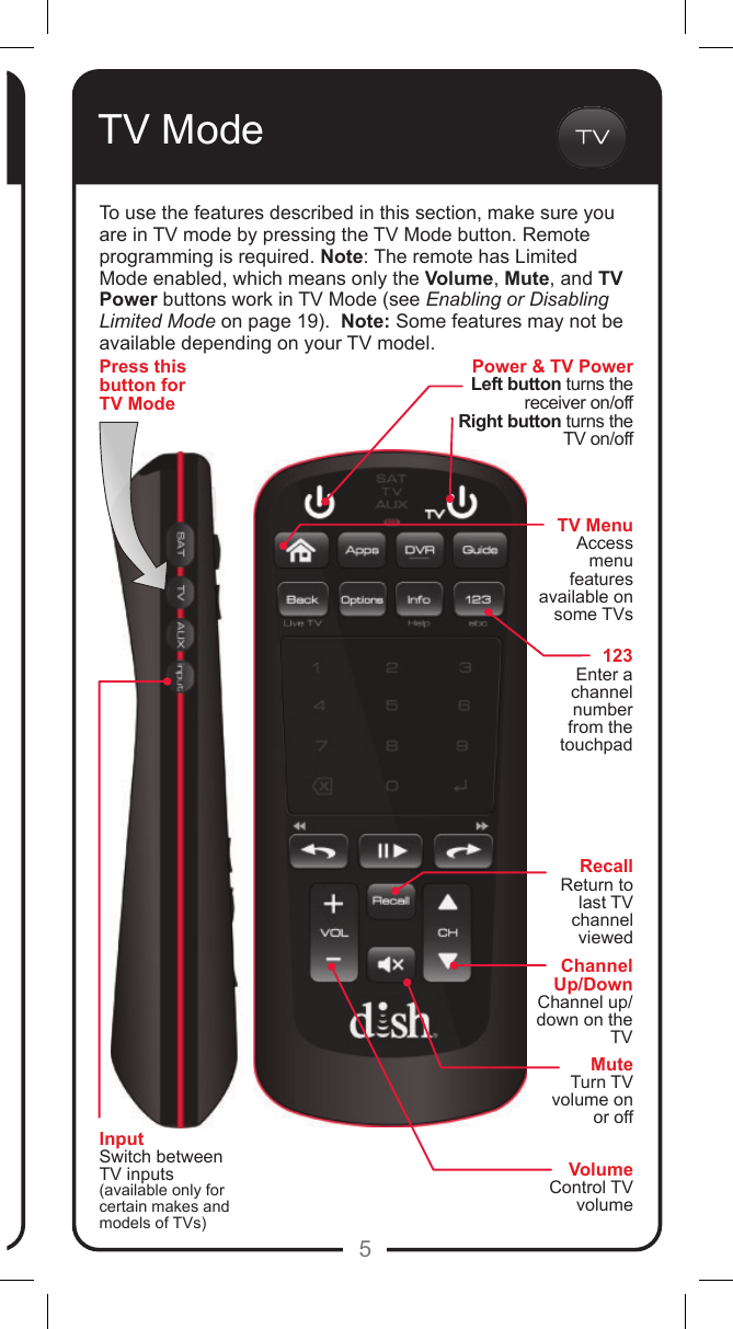 5123Enter achannelnumber from the touchpadTV ModeTo use the features described in this section, make sure you are in TV mode by pressing the TV Mode button. Remote programming is required. Note: The remote has Limited Mode enabled, which means only the Volume, Mute, and TV Power buttons work in TV Mode (see Enabling or Disabling Limited Mode on page 19).  Note: Some features may not be available depending on your TV model.  MuteTurn TV volume on or offRecallReturn to last TV channel viewedInputSwitch between TV inputs (available only for certain makes and models of TVs)Channel Up/DownChannel up/down on the TVVolumeControl TV volumePress this button for TV ModePower &amp; TV PowerLeft button turns the receiver on/offRight button turns the TV on/offTV MenuAccess menu features available on some TVs