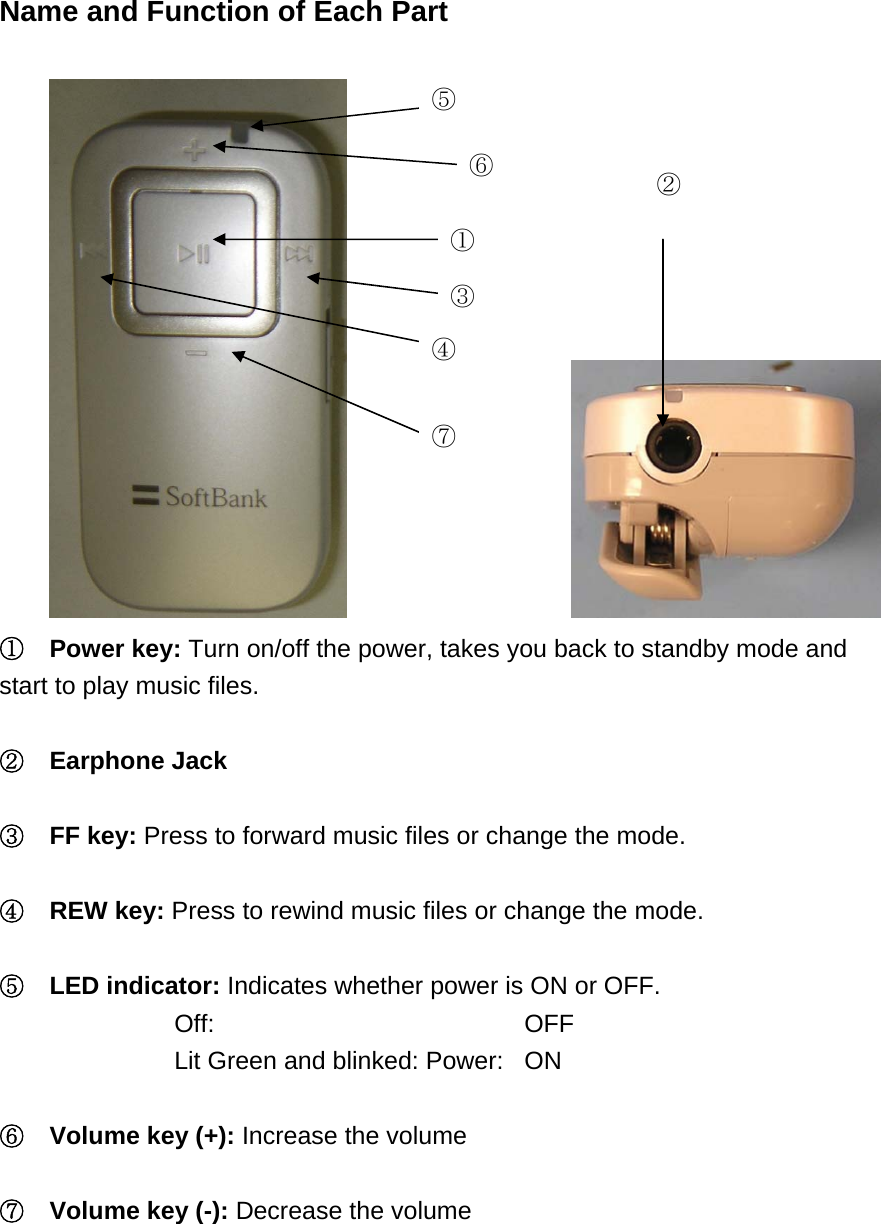  Name and Function of Each Part                   ⑤ ⑥ ② ① ⑦ ④ ③ ①  Power key: Turn on/off the power, takes you back to standby mode and start to play music files.  ②  Earphone Jack  ③  FF key: Press to forward music files or change the mode.  ④  REW key: Press to rewind music files or change the mode.  ⑤  LED indicator: Indicates whether power is ON or OFF. Off:    OFF Lit Green and blinked: Power:  ON  ⑥  Volume key (+): Increase the volume  ⑦  Volume key (-): Decrease the volume  