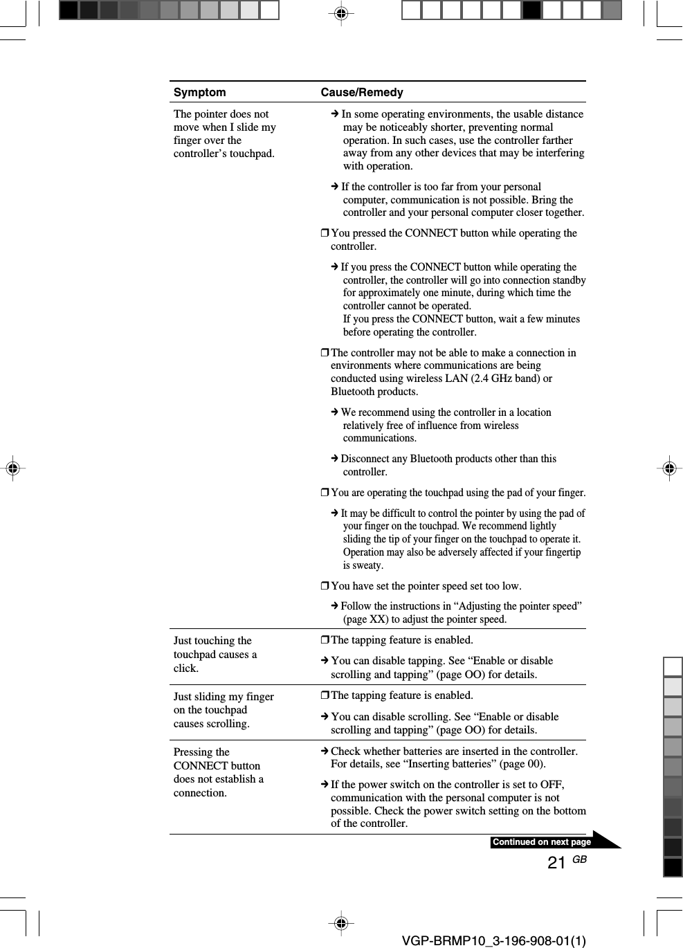 21 GBContinued on next page VGP-BRMP10_3-196-908-01(1)Symptom Cause/RemedyThe pointer does notmove when I slide myfinger over thecontroller&rsquo;s touchpad.Just touching thetouchpad causes aclick.Just sliding my fingeron the touchpadcauses scrolling.Pressing theCONNECT buttondoes not establish aconnection.c In some operating environments, the usable distancemay be noticeably shorter, preventing normaloperation. In such cases, use the controller fartheraway from any other devices that may be interferingwith operation.c If the controller is too far from your personalcomputer, communication is not possible. Bring thecontroller and your personal computer closer together.❒You pressed the CONNECT button while operating thecontroller.c If you press the CONNECT button while operating thecontroller, the controller will go into connection standbyfor approximately one minute, during which time thecontroller cannot be operated.If you press the CONNECT button, wait a few minutesbefore operating the controller.❒The controller may not be able to make a connection inenvironments where communications are beingconducted using wireless LAN (2.4 GHz band) orBluetooth products.c We recommend using the controller in a locationrelatively free of influence from wirelesscommunications.c Disconnect any Bluetooth products other than thiscontroller.❒You are operating the touchpad using the pad of your finger.c It may be difficult to control the pointer by using the pad ofyour finger on the touchpad. We recommend lightlysliding the tip of your finger on the touchpad to operate it.Operation may also be adversely affected if your fingertipis sweaty.❒You have set the pointer speed set too low.c Follow the instructions in &ldquo;Adjusting the pointer speed&rdquo;(page XX) to adjust the pointer speed.❒The tapping feature is enabled.cYou can disable tapping. See &ldquo;Enable or disablescrolling and tapping&rdquo; (page OO) for details.❒The tapping feature is enabled.cYou can disable scrolling. See &ldquo;Enable or disablescrolling and tapping&rdquo; (page OO) for details.cCheck whether batteries are inserted in the controller.For details, see &ldquo;Inserting batteries&rdquo; (page 00).cIf the power switch on the controller is set to OFF,communication with the personal computer is notpossible. Check the power switch setting on the bottomof the controller.