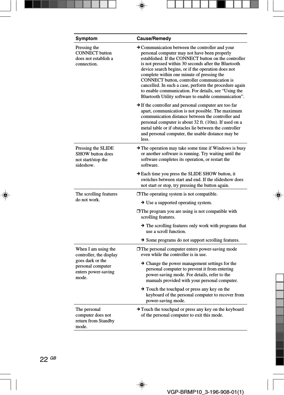 22 GB VGP-BRMP10_3-196-908-01(1)Symptom Cause/RemedyPressing theCONNECT buttondoes not establish aconnection.Pressing the SLIDESHOW button doesnot start/stop thesideshow.The scrolling featuresdo not work.When I am using thecontroller, the displaygoes dark or thepersonal computerenters power-savingmode.The personalcomputer does notreturn from Standbymode.cCommunication between the controller and yourpersonal computer may not have been properlyestablished. If the CONNECT button on the controlleris not pressed within 30 seconds after the Bluetoothdevice search begins, or if the operation does notcomplete within one minute of pressing theCONNECT button, controller communication iscancelled. In such a case, perform the procedure againto enable communication. For details, see &ldquo;Using theBluetooth Utility software to enable communication&rdquo;.cIf the controller and personal computer are too farapart, communication is not possible. The maximumcommunication distance between the controller andpersonal computer is about 32 ft. (10m). If used on ametal table or if obstacles lie between the controllerand personal computer, the usable distance may beless.cThe operation may take some time if Windows is busyor another software is running. Try waiting until thesoftware completes its operation, or restart thesoftware.cEach time you press the SLIDE SHOW button, itswitches between start and end. If the slideshow doesnot start or stop, try pressing the button again.❒The operating system is not compatible.cUse a supported operating system.❒The program you are using is not compatible withscrolling features.cThe scrolling features only work with programs thatuse a scroll function.cSome programs do not support scrolling features.❒The personal computer enters power-saving modeeven while the controller is in use.cChange the power management settings for thepersonal computer to prevent it from enteringpower-saving mode. For details, refer to themanuals provided with your personal computer.cTouch the touchpad or press any key on thekeyboard of the personal computer to recover frompower-saving mode.cTouch the touchpad or press any key on the keyboardof the personal computer to exit this mode.