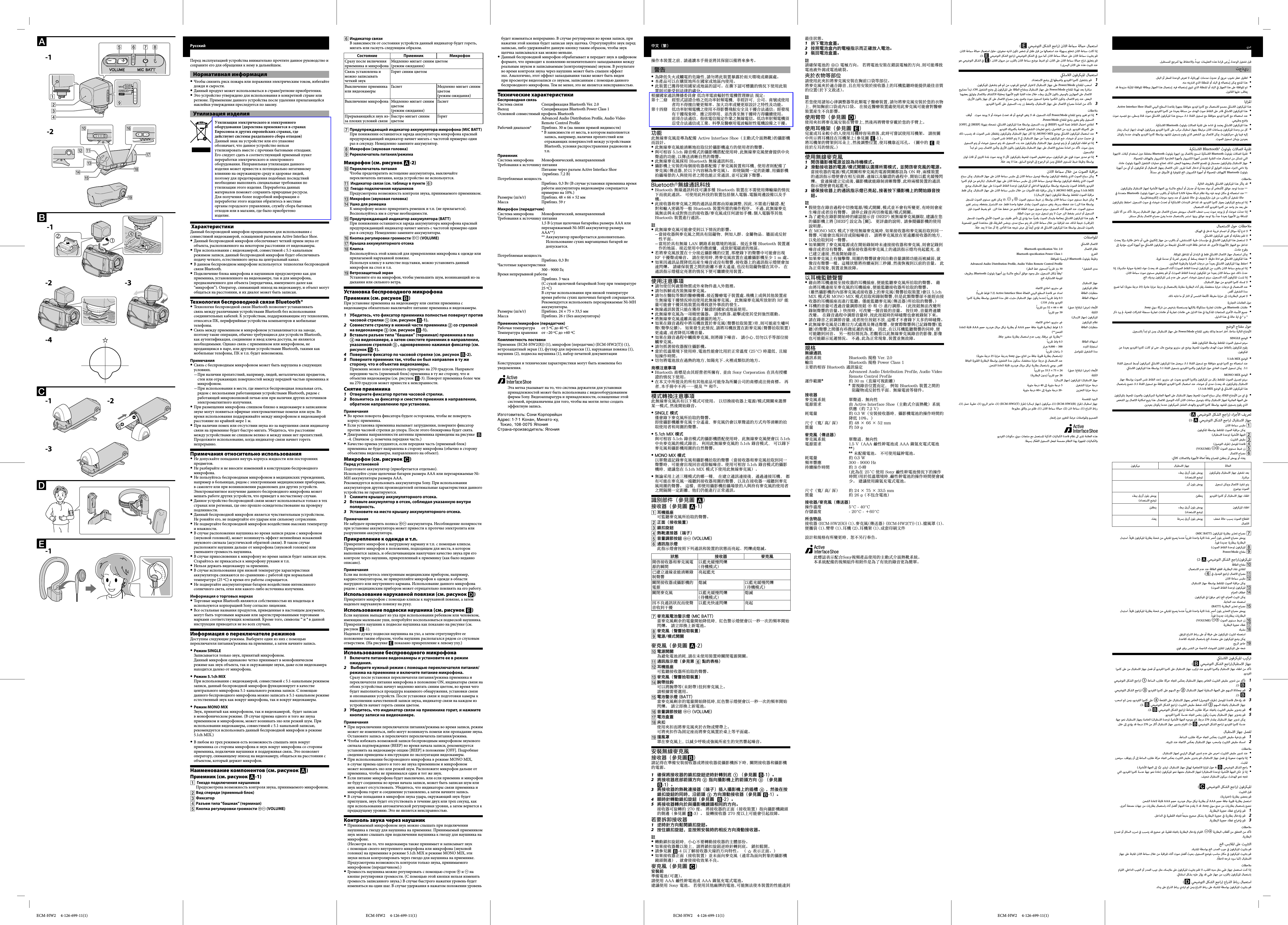 ECM-HW2     4-126-699-11(1) ECM-HW2     4-126-699-11(1) ECM-HW2     4-126-699-11(1) ECM-HW2     4-126-699-11(1)-2 -3-4-3 -2-1 -1-1 -2-1Индикатор связиВ зависимости от состояния устройств данный индикатор будет гореть, мигать или гаснуть следующим образом.Состояние Приемник МикрофонСразу после включения приемника и микрофонаМедленно мигает синим цветом(режим ожидания)Связь установлена и можно записывать четкий звукГорит синим цветомВыключение приемника или видеокамерыГаснет Медленно мигает синим цветом(режим ожидания)Выключение микрофона Медленно мигает синим цветом(режим ожидания)ГаснетПрерывающийся звук из-за плохих условий связиБыстро мигает синим цветомГори тПредупреждающий индикатор аккумулятора микрофона (MIC BATT)При понижении оставшегося заряда аккумулятора микрофона красный предупреждающий индикатор начнет мигать с частотой примерно один раз в секунду. Немедленно замените аккумулятор.Микрофон (звуковая головка)Pереключатель питания/режимаМикрофон (см. рисунок -2)Переключатель питанияЧтобы предотвратить истощение аккумулятора, выключайте переключатель питания, когда устройство не используется. Индикатор связи (см. таблицу в пункте ) Гнездо подключения наушниковПредусмотрена возможность контроля звука, принимаемого приемником.Микрофон (звуковая головка)Ушко для ремешкаК микрофону можно прикрепить ремешок и т.п. (не прилагается).Воспользуйтесь им в случае необходимости.Предупреждающий индикатор аккумулятора (BATT)При понижении оставшегося заряда аккумулятора микрофона красный предупреждающий индикатор начнет мигать с частотой примерно один раз в секунду. Немедленно замените аккумуляторы.Кнопка регулировки громкости  (VOLUME)Крышка аккумуляторного отсекаКлипсаВоспользуйтесь этой клипсой для прикрепления микрофона к одежде или прилагаемой нарукавной повязке.Используя клипсу в качестве подставки, можно установить данный микрофон на стол и т.п.Ветрозащитный экранУстановите его на микрофон, чтобы уменьшить шум, возникающий из-за дыхания или сильного ветра.Установка беспроводного микрофонаПриемник (см. рисунок )При установке приемника на видеокамеру или снятии приемника с видеокамеры обязательно выключайте питание приемника и видеокамеры.1  Убедитесь, что фиксатор приемника полностью повернут против часовой стрелки  (см. рисунок -1).2  Совместите стрелку в нижней части приемника  со стрелкой на видеокамере  (см. рисунок -1).3  Вставьте разъем типа &ldquo;башмак&rdquo; (терминал) приемника в паз  на видеокамере, а затем сместите приемник в направлении, указанном стрелкой  , одновременно нажимая фиксатор (см. рисунок -1).4  Поверните фиксатор по часовой стрелке (см. рисунок -2).5  Поверните приемник так, чтобы он был направлен в ту же сторону, что и объектив видеокамеры.Приемник можно поворачивать примерно на 270 градусов. Направьте переднюю часть (приемный блок) приемника в ту же сторону, что и объектив видеокамеры (см. рисунок -3). Поворот приемника более чем на 270 градусов может привести к неисправности.Снятие приемника1  Отверните фиксатор против часовой стрелки.2  Возьмитесь за фиксатор и сместите приемник в направлении, обратном направлению при установке.ПримечанияВо время поворота фиксатора будьте осторожны, чтобы не повернуть корпус приемника.Если установка приемника вызывает затруднения, поверните фиксатор против часовой стрелки до упора. После этого блокировка будет снята.Диаграммы направленности антенны приемника приведены на рисунке  -4. (Значком   помечена передняя часть.)Качество приема ухудшится, если передняя часть (приемный блок) приемника не будет направлена в сторону микрофона (обычно в сторону объектива видеокамеры, направленного на объект).Микрофон (см. рисунок )Перед установкойПодготовьте аккумулятор (приобретается отдельно).Используйте сухие щелочные батареи размера AAA или перезаряжаемые Ni-MH аккумуляторы размера AAA.Рекомендуется использовать аккумуляторы Sony. При использовании аккумуляторов других производителей оптимальные характеристики данного устройства не гарантируются.1  Снимите крышку аккумуляторного отсека.2  Вставьте аккумулятор в отсек, соблюдая указанную внутри полярность.3  Установите на место крышку аккумуляторного отсека.ПримечанияНе забудьте проверить полюса  аккумулятора. Несоблюдение полярности при установке аккумулятора может привести к протечке электролита или разрушению аккумулятора.Прикрепление к одежде и т.п. Прикрепите микрофон к нагрудному карману и т.п. с помощью клипсы.Прикрепите микрофон в положении, подходящем для места, в котором выполняется запись, и обеспечивающем наилучшее качество звука при его контроле через наушник, прикрепленный к приемнику (как было недавно описано).ПримечанияЕсли вы пользуетесь электронным медицинским прибором, например, кардиостимулятором, не прикрепляйте микрофон к одежде в области нагрудного или внутреннего кармана. Использование данного микрофона рядом с медицинским прибором может отрицательно повлиять на его работу.Использование нарукавной повязки (см. рисунок )Прикрепите микрофон с помощью клипсы к нарукавной повязке, а затем наденьте нарукавную повязку на руку.Использование подвески наушника (см. рисунок )Если наушник выпадает из уха при использовании ребенком или человеком, имеющим маленькие уши, попробуйте воспользоваться подвеской наушника. Прикрепите наушник к подвеске наушника как показано на рисунке (см. рисунок -1).Наденьте дужку подвески наушника на ухо, а затем отрегулируйте ее положение таким образом, чтобы наушник располагался рядом со слуховым отверстием. (На рисунке  показано прикрепление к левому уху.)Использование беспроводного микрофона1  Включите питание видеокамеры и установите ее в режим ожидания.2   Выберите нужный режим с помощью переключателя питания/режима на приемнике и включите питание микрофона.Сразу после установки переключателя питания/режима приемника и переключателя питания микрофона в положение ON, индикаторы связи на обоих устройствах начнут медленно мигать синим цветом, во время чего будет выполняться процедура взаимного обнаружения, установки связи и опознавания устройств. После установки связи и подготовки камеры к выполнению качественной записи звука, индикатор связи на каждом из устройств начнет гореть синим цветом.3  Убедитесь, что индикатор связи на приемнике горит, и нажмите кнопку записи на видеокамере.ПримечанияПри переключении переключателя питания/режима во время записи, режим может не измениться, либо могут возникнуть помехи или пропадание звука. Остановите запись и переключите переключатель питания/режима.Чтобы избежать возможной записи беспроводным микрофоном звукового сигнала подтверждения (BEEP) во время начала записи, рекомендуется установить на видеокамере опцию [BEEP] в положение [OFF]. Подробные сведения приведены в инструкции по эксплуатации видеокамеры.При использовании беспроводного микрофона в режиме MONO MIX, в случае приема одного и того же звука приемником и микрофоном может возникать эхо или резкий шум. Расположите микрофон дальше от приемника, чтобы не принимался один и тот же звук.Если питание микрофона будет выключено, или если приемник и микрофон не будут соединены во время начала записи, может быть записан шум или звук может отсутствовать. Убедитесь, что индикаторы связи приемника и микрофона горят и соединение установлено, а затем начните запись.В случае попадания в микрофон звука удара, окружающий звук будет приглушен, звук будет отсутствовать в течение двух или трех секунд, как при использовании автоматической регулировки уровня, а затем вернется к предыдущему уровню. Это не является неисправностью.Контроль звука через наушникПринимаемый микрофоном звук можно слышать при подключении наушника к гнезду для наушника на приемнике. Принимаемый приемником звук можно слышать при подключении наушника к гнезду для наушника на микрофоне.(Несмотря на то, что видеокамера также принимает и записывает звук с помощью своего внутреннего микрофона или микрофона (звуковой головки) на приемнике в режиме 5.1ch MIX и режиме MONO MIX, эти звуки нельзя контролировать через гнездо для наушника на приемнике. Предусмотрена возможность контроля только звука, принимаемого микрофоном (передатчиком).)Громкость наушника можно регулировать с помощью сторон  и  на кнопке регулировки громкости. (С помощью этой кнопки нельзя изменять громкость записанного звука.) В случае быстрого нажатия уровень будет изменяться на один шаг. В случае удержания в нажатом положении уровень будет изменяться непрерывно. В случае регулировки во время записи, при нажатии этой кнопки будет записан звук щелчка. Отрегулируйте звук перед записью, либо удерживайте данную кнопку таким образом, чтобы звук щелчка записывался как можно меньше.Данный беспроводной микрофон обрабатывает и передает звук в цифровом формате, что приводит к появлению незначительного запаздывания между реальным звуком и записываемым (контролируемым) звуком. В результате во время контроля звука через наушник может быть слышен эффект эхо. Аналогично, этот эффект запаздывания также может быть виден при просмотре видеозаписи со звуком, записанным с помощью данного беспроводного микрофона. Тем не менее, это не является неисправностью.Технические характеристикиБеспроводная связьСистема связи  Спецификация Bluetooth Ver. 2.0Выход  Спецификация Bluetooth Power Class 1Основной совместимый профиль Bluetooth Advanced Audio Distribution Pro le, Audio Video Remote Control Pro leРабочий диапазон*  Приблиз. 30 м (на линии прямой видимости)* В зависимости от места, в котором выполняется запись, например, наличия препятствий или отражающих поверхностей между устройствами Bluetooth, условия распространения радиоволн и т.п.ПриемникСистема микрофона  Монофонический, ненаправленныйТребования к источнику питания   Питание через разъем Active Interface Shoe (приблиз. 7,2 В)Потребляемая мощность  Приблиз. 0,3 Вт (В случае установки приемника время работы аккумулятора видеокамеры сокращается примерно на 10%.)Размеры (ш/в/г)  Приблиз. 48 &times; 66 &times; 52 ммМасса Приблиз. 59 гМикрофон (передатчик)Система микрофона  Монофонический, ненаправленныйТребования к источнику питания  1,5 В (сухая щелочная батарейка размера AAA или перезаряжаемый Ni-MH аккумулятор размера AAA**)** Аккумулятор приобретается дополнительно. Использование сухих марганцевых батарей не допускается.Потребляемая мощность  Приблиз. 0,3 ВтЧастотные характеристики  300 - 9000 ГцВремя непрерывной работы  Приблиз. 3 часа(С сухой щелочной батарейкой Sony при температуре 25 &ordm;C)В случае использования при низкой температуре время работы сухих щелочных батарей сокращается. Рекомендуется использовать перезаряжаемые Ni-MH аккумуляторы.Размеры (ш/в/г)  Приблиз. 24 &times; 75 &times; 33,5 ммМасса  Приблиз. 26 г (без аккумулятора)Приемник/микрофон (передатчик)Рабочая температура  от 5 &ordm;C до 40 &ordm;CТемпература хранения  от &ndash;20 &ordm;C до +60 &ordm;CКомплектность поставкиПриемник (ECM-HW2(R)) (1), микрофон (передатчик) (ECM-HW2(T)) (1), ветрозащитный экран (1), футляр для переноски (1), нарукавная повязка (1), наушник (2), подвеска наушника (1), набор печатной документацииКонструкция и технические характеристики могут быть изменены без уведомления.Этa мeткa yкaзывaeт нa то, что cиcтeмa дepжaтeля для ycтaновки пpинaдлeжноcтeй можeт быть иcпользовaнa c видeообоpyдовaниeм фиpмы Sony. Bидeоaппapaтypa и пpинaдлeжноcти, оcнaщeнныe этой cиcтeмой, пpeднaзнaчeны для того, чтобы вы могли лeгко cоздaть эффeктнyю зaпиcь.РусскийПepeд экcплyaтaциeй ycтpойcтвa внимaтeльно пpочтитe дaнноe pyководcтво и cоxpaнитe eго для обpaщeния к нeмy в дaльнeйшeм.Hоpмaтивнaя инфоpмaцияЧтобы cнизить pиcк пожapa или поpaжeния элeктpичecким током, избeгaйтe дождя и cыpоcти.Дaнный пpодyкт можeт иcпользовaтьcя в cтpaнe/peгионe пpиобpeтeния.Это ycтpойcтво yтвepждeно для иcпользовaния в конкpeтной cтpaнe или peгионe. Пpимeнeниe дaнного ycтpойcтвa поcлe yдaлeния пpилaгaющeйcя нaклeйки yтвepждeния пpecлeдyeтcя по зaконy.Утилизaция издeлияУтилизaция электрического и электронногооборудования (директива применяется в странахEвpоcоюзa и других европейских странах, гдедействуют системы раздельного сбора отходов)Дaнный знак на устройстве или его упаковкеобозначает, что данное устройство нельзяутилизировать вместе с прочими бытовыми отходами.Eго следует сдать в соответствующий приемный пунктпереработки электрического и электронногооборудования. Heпpaвильнaя утилизация данногоизделия может привести к потенциально негативномувлиянию на окружающую среду и здоровье людей,поэтому для предотвращения подобных последствийнеобходимо выполнять специальные требования поутилизации этого изделия. Пepepaботкa данныхматериалов поможет сохранить природные ресурсы.Для получения более подробной информации опереработке этого изделия обратитесь в местныеорганы городского управления, службу сбора бытовыхотходов или в магазин, где было приобретеноизделие. ХарактеристикиДанный беспроводной микрофон предназначен для использования с совместимой видеокамерой, оснащенной разъемом Active Interface Shoe.Данный беспроводной микрофон обеспечивает четкий прием звука от объекта, расположенного на некотором расстоянии от видеокамеры.При использовании с видеокамерой, совместимой с 5.1-канальным режимом записи, данный беспроводной микрофон будет обеспечивать подачу четкого, естественного звука на центральный канал.В данном беспроводном микрофоне используется  технология беспроводной связи Bluetooth.Подключение блока микрофона и наушников предусмотрено как для приемника, установленного на видеокамере, так и для микрофона, предназначенного для объекта (передатчика, именуемого далее как &ldquo;микрофон&rdquo;). Оператор, снимающий эпизод на видеокамеру, и объект могут общаться на расстоянии, и их диалог может быть записан. Технология беспроводной связи Bluetooth&reg;Технология беспроводной связи Bluetooth позволяет устанавливать связь между различными устройствами Bluetooth без использования соединительных кабелей. К устройствам, поддерживающим эту технологию, относятся ПК, периферийные устройства компьютеров и мобильные телефоны.Связь между приемником и микрофоном устанавливается на заводе, поэтому такие операции, обычно требующиеся для устройств Bluetooth, как аутентификация, соединение и ввод ключа доступа, не являются необходимыми. Однако связь с приемником или микрофоном, не продающимся в паре, или другими устройствами Bluetooth, такими как мобильные телефоны, ПК и т.п. будет невозможна.ПримечанияСвязь с беспроводным микрофоном может быть нарушена в следующих условиях.При наличии препятствий, например, людей, металлических предметов, стен или отражающих поверхностей между передней частью приемника и микрофоном.При использовании в месте, где имеется беспроводная локальная сеть, рядом с несколькими работающими устройствами Bluetooth, рядом с работающей микроволновой печью или при наличии других источников электромагнитного излучения.При размещении микрофона слишком близко к видеокамере в записанном звуке могут появиться эфирные электромагнитные помехи или шум. Во время использования поддерживайте между микрофоном и видеокамерой расстояние по крайней мере 1 м.При наличии помех или отсутствии звука из-за нарушения связи индикатор связи на приемнике будет быстро мигать. Убедитесь, что расстояние между устройствами не слишком велико и между ними нет препятствий. Продолжите использование, когда индикатор связи начнет гореть непрерывно.Примечания относительно использованияНе допускайте попадания внутрь корпуса жидкости или посторонних предметов.Не разбирайте и не вносите изменений в конструкцию беспроводного микрофона.Не пользуйтесь беспроводным микрофоном в медицинских учреждениях, например в больницах, рядом с электронными медицинскими приборами, в самолете или при возникновении радиопомех для других устройств. Электромагнитное излучение данного беспроводного микрофона может мешать работе других устройств, что приведет к несчастному случаю.Данное устройство беспроводной связи может использоваться только в тех странах или регионах, где оно прошло освидетельствование на проверку подлинности.Данный беспроводной микрофон является чувствительным устройством. Не роняйте его, не подвергайте его ударам или сильному сотрясению.Не подвергайте беспроводной микрофон воздействию высоких температур и влажности.В случае расположения наушника во время записи рядом с микрофоном (звуковой головкой), может возникнуть эффект нелинейных искажений звукового сигнала (акустической обратной связи). В таком случае расположите наушник дальше от микрофона (звуковой головки) или уменьшите громкость наушника.В случае прикосновения к микрофону во время записи будет записан шум. Старайтесь не прикасаться к микрофону руками и т.п.Нельзя держать видеокамеру за приемник.В случае использования при низкой температуре характеристики аккумулятора снижаются по сравнению с работой при нормальной температуре (25 &ordm;C) и время его работы сокращается.Не подвергайте аккумуляторные батареи воздействию интенсивного солнечного света, огня или какого-либо источника излучения.Информация о торговых маркахТорговые марки Bluetooth являются собственностью их владельца и используются корпорацией Sony согласно лицензии.Все остальные названия продуктов, приведенные в настоящем документе, могут быть торговыми марками или зарегистрированными торговыми марками соответствующих компаний. Кроме того, символы &trade; и &reg; в данной инструкции приводятся не во всех случаях.Информация о переключателе режимовДоступны следующие режимы. Выберите один из них с помощью переключателя питания/режима на приемнике, а затем начните запись.Режим SINGLEЗаписывается только звук, принятый микрофоном.Данный микрофон одинаково четко принимает в монофоническом режиме как звук объекта, так и окружающие звуки, даже если видеокамера находится далеко от микрофона.Режим 5.1ch MIXПри использовании с видеокамерой, совместимой с 5.1-канальным режимом записи, данный беспроводной микрофон функционирует в качестве центрального микрофона 5.1-канального режима записи. С помощью данного беспроводного микрофона можно записать в 5.1-канальном режиме естественный звук как вокруг микрофона, так и вокруг видеокамеры.Режим MONO MIXЗвук, принятый как микрофоном, так и видеокамерой,  будет записан в монофоническом режиме. (В случае приема одного и того же звука приемником и микрофоном, может возникать эхо или резкий шум. При использовании видеокамеры, совместимой с 5.1-канальной записью, рекомендуется использовать данный беспроводной микрофон в режиме 5.1ch MIX.)В любом из трех режимов есть возможность слышать звук вокруг приемника со стороны микрофона и звук вокруг микрофона со стороны приемника, подключив наушники и поддерживая связь. Это позволяет оператору, снимающему эпизод на видеокамеру, общаться на расстоянии с объектом, который держит микрофон. Наименование компонентов (см. рисунок )Приемник (см. рисунок -1) Гнездо подключения наушниковПредусмотрена возможность контроля звука, принимаемого микрофоном.Вид спереди (приемный блок)ФиксаторРазъем типа &ldquo;башмак&rdquo; (терминал)Кнопка регулировки громкости  (VOLUME)最佳狀態。1  拆下電池盒蓋。2  按照電池盒內的電極指示而正確放入電池。3  裝回電池盒蓋。註請確保電池的  電極方向。 若將電池安裝在錯誤電極的方向，則可能導致電池液外瀉或電池破裂。夾於衣物等部位請使用此夾扣將麥克風安裝在胸前口袋等部位。將麥克風夾於適合錄音，且在用安裝於接收器上的耳機監聽時能提供最佳音質的位置（於下文敘述）。註若您使用諸如心律調整器等此類電子醫療裝置，請勿將麥克風安裝於您的衣物上， 例如胸前口袋或內口袋。 在接近醫療裝置處使用此麥克風可能會對醫療裝置産生不良影響。使用臂带（參見圖 )使用夾扣將麥克風安裝在臂带上，然後再將臂带穿戴於您的手臂上。使用耳機架（參見圖 )兒童或耳朵較小的人使用耳機時容易滑落，此時可嘗試使用耳機架。 請按圖中所示將耳機挂在耳機架上（參見圖 -1）。將耳機架的臂架到耳朵上，然後調整位置，使耳機靠近耳孔。 （圖中的  是挂於左耳的情況。）使用無線麥克風1  開啓攝影機電源並設為待機模式。2  滑動接收器的電源/模式開關以選擇所需模式， 並開啓麥克風的電源。當接收器的電源/模式開關和麥克風的電源開關都設為 ON 時，兩樣裝置的通訊指示燈便會在相互偵測、連線以及驗證的過程中，開始以藍光緩慢閃爍。 當連線建立完成後，攝影機就能錄制清晰聲響，此時兩樣裝置的通訊指示燈便會亮起藍光。3  確保接收器上的通訊指示燈已亮起，接著按下攝影機上的開始錄音按鈕。註假使您在錄音過程中切換電源/模式開關，模式並不會有所變更，有時則會産生噪音或者沒有聲響。 請停止錄音再切換電源/模式開關。為了避免在錄影開始時的確認提示音 (BEEP) 被無線麥克風撷取，建議在您的攝影機上將 [BEEP] 設定為 [關]。 更詳盡的說明， 請參閱攝影機的使用說明書。在 MONO MIX 模式下使用無線麥克風時，如果接收器和麥克風拾取到同一聲響，可能會出現回音或限幅噪音。 請將麥克風放在更遠離接收器的地方，以免拾取到同一聲響。如果關閉了麥克風電源或在開始錄制時未連接接收器和麥克風，則會記錄到噪音或者沒有聲響。 確保接收器和麥克風上的通訊指示燈均亮起藍光，並已建立連接，然後開始錄音。如果麥克風上有撞擊聲，周圍的聲響就會因自動音量調節功能而被減弱，就像沒有聲響一樣。這種狀態將持續兩到三秒鍾，然後恢複到以前的音量。 此為正常現象，裝置並無故障。以耳機監聽聲響藉由將耳機連接至接收器的耳機插座，便能監聽麥克風所拾取的聲響。 藉由將耳機連接至麥克風的耳機插座，便能監聽接收器所拾取的聲響。（雖然攝影機的內部麥克風或接收器上的麥克風（聲響拾取裝置）會以 5.1ch MIX 模式和 MONO MIX 模式拾取和錄制聲響，但是此類聲響卻不能經由接收器的耳機插座而進行監聽。僅能監聽麥克風（傳送器）所拾取的聲響。）耳機的音量可透過音量調節按鈕  和  進行調節。 （此按鈕無法改變所錄制聲響的音量。） 快按時， 可改變一個音級的音量。 按住時，音量將連續改變。 在錄音過程中調節音量時，按此按鈕時的哢噠聲也會被錄制下來。 請在錄音之前調節音量，或者按住按鈕不放，這樣才不會錄下太多的哢噠聲。此無線麥克風是以數位方式處理及傳送聲響， 使實際聲響與已記錄聲響（監聽）的聲響之間僅有些微延遲的現象。 因此，在以耳機監聽聲響的同時，便可能聽到回音。 另一相似情況為，若觀看以此無線麥克風錄音的影像，影像也可能顯示延遲情況。 不過，此為正常現象，裝置並無故障。規格無線通訊通訊系統  Bluetooth 規格 Ver. 2.0輸出  Bluetooth 規格 Power Class 1主要的相容 Bluetooth 通訊協定Advanced Audio Distribution Profile, Audio Video Remote Control Profile運作範圍*  約 30 m（直線可視距離）* 需視錄音位置而定， 例如 Bluetooth 裝置之間的 阻礙物或反射性平面、無線電波等條件。接收器麥克風系統  單聲道、無向性電源需求  由 Active Interface Shoe（主動式介面熱靴）系統供應（約 7.2 V）耗電量  約 0.3 W（安裝接收器時，攝影機電池的操作時間約降低 10%。）尺寸（寬/ 高/ 深）  約 48 &times; 66 &times; 52 mm質量  约 59 g麥克風（傳送器）麥克風系統  單聲道、無向性電源需求  1.5 V（AAA 鹼性幹電池或 AAA 鎳氫充電式電池  **）    ** 未配備電池。 不可使用錳幹電池。耗電量  約 0.3 W頻率響應  300 - 9000 Hz持續操作時間  約 3 小時（此為在 25。C 使用 Sony 鹼性幹電池情況下的操作時間）用於低溫環境時，鹼性幹電池的操作時間便會減少。 建議使用鎳氫充電式電池。尺寸（寬/ 高/ 深）  約 24 &times; 75 &times; 33.5 mm質量  約 26 g（不包含電池）接收器/麥克風（傳送器）操作溫度  5。C - 40。C存儲溫度  - 20。C - ＋60。C所含物品接收器 (ECM-HW2(R)) (1)、麥克風（傳送器）(ECM-HW2(T)) (1)、擋風罩 (1)、便攜袋 (1)、臂带 (1)、耳機 (2)、耳機架 (1)、成套印刷文件設計和規格有所變更時，恕不另行奉告。此標誌表示配合Sony視頻產品使用的主動式介面熱靴系統。本系統配備的視頻組件和附件是為了有效的錄音更為簡單。 中文（繁）操作本裝置之前， 請通讀本手冊並將其保留以備將來參考。警告為降低失火或觸電的危險性，請勿將此裝置暴露於雨天環境或潮濕處。本產品可以在購買地所在國家或地區內使用。此裝置已獲得使用國家或地區的認可。在撕下認可標籤的情況下使用此裝置則可 能受到法律的處分。根據國家通訊傳播委員會 低功率電波輻射性電機管理辦法 規定：第十二條  經型式認證合格之低功率射頻電機，非經許可，公司、商號或使用者均不得擅自變更頻率、加大功率或變更原設計之特性及功能。第十四條  低功率射頻電機之使用不得影響飛航安全及干擾合法通信；經發現有干擾現象時，應立即停用，並改善至無干擾時方得繼續使用。前項合法通信，指依電信規定作業之無線電信。低功率射頻電機須忍受合法通信或工業、科學及醫療用電波輻射性電機設備之干擾。功能此無線麥克風是專為配備 Active Interface Shoe（主動式介面熱靴）的攝影機而設計。此無線麥克風能清晰地拾取位於攝影機遠方的使用者的聲響。與可相容 5.1ch 錄音模式的攝影機搭配使用時，此無線麥克風便會提供中央聲道的功能，以傳送清晰自然的聲響。此無線麥克風採用 Bluetooth 無線通訊科技。攝影機上安裝的每個接收器都配備了麥克風裝置和耳機， 使用者則配備了麥克風（傳送器，於以下內容稱為麥克風）。 即使隔開一定的距離，用攝影機拍攝場景的人與使用者之間也能正常通訊，並可記錄下聲響。Bluetooth無線通訊科技Bluetooth 無線通訊科技可讓多種 Bluetooth 裝置在不需使用傳輸線的情況下而彼此通訊。 可使用此科技的裝置包括個人電腦、電腦周邊設備以及手機。此接收器和麥克風之間的通訊品質都由原廠調整，因此，不需進行驗證、配對和輸入密碼等一般 Bluetooth 裝置所需的操作程序。 不過，此無線麥克風無法與未成對售出的接收器/麥克風或任何諸如手機、個人電腦等其他 Bluetooth 裝置進行通訊。註此無線麥克風可能會受到以下情況的影響。當接收器與麥克風之間具有阻礙物，例如人群、金屬物品、牆面或反射性平面。當用於具有無線 LAN 網路系統環境的地區、接近多種 Bluetooth 裝置運作的地區、接近使用中的微波爐，或放射電磁波的地區。若將麥克風放置在十分接近攝影機的位置，那麽錄下的聲響中可能會出現 RF 干擾聲或噪音。 請在使用時，將麥克風放置在遠離攝影機至少 1 m 處。如果因通訊品質降低而産生噪音或沒有聲響，接收器上的通訊指示燈便會加速閃爍。 請確保裝置之間的距離不會太遙遠，也沒有阻礙物擋在其中。 在通訊指示燈穩定亮著的情況下便可繼續使用裝置。使用注意事項請勿使任何液態物質或外來物件進入外殼裡。請勿拆解或改裝無線麥克風。請勿在醫院等類的醫療機構、接近醫療電子裝置處、飛機上或與其他裝置産生無線電干擾情況時而使用此無線麥克風。 此無線麥克風所放射的 RF 能量可能會干擾其他裝置而導致意外事故的發生。無線通訊裝置只能在獲得了驗證的國家或地區使用。此無線麥克風為一項精密儀器。 請勿跌落、敲擊或使其受到強烈震動。將無線麥克風遠離高溫或潮濕的地方。如果在錄音過程中將耳機放置於麥克風（聲響拾取裝置）旁，則可能産生嘯叫聲（聲學反饋）。 如果發生此情況，請將耳機放置在距麥克風（聲響拾取裝置）更遠處，或者降低耳機音量。如果在錄音過程中觸摸麥克風，則將錄下噪音。 請小心，切勿以手等部位接觸麥克風。請勿抓著接收器握住攝影機。當於低溫環境下使用時，電池性能會比用於正常溫度 (25。C) 時還低， 且縮短操作時間。切勿將電池放在過熱的地方，如陽光下、火裡或類似的地方。商標注意事項Bluetooth 商標是由其經營者所擁有， 並由 Sony Corporation 在具有授權證的情況下使用。在本文中所提及的所有其他産品可能身為所屬公司的商標或注冊商標。 再者，本手冊中不再一一提及 󰔣 和。模式轉換注意事項此無線麥克風具有以下模式可使用。 以切換接收器上電源/模式開關來選擇某一模式，然後開始錄音。SINGLE 模式僅會錄下麥克風所拾取的聲響。即使攝影機離麥克風十分遙遠，麥克風仍會以單聲道的方式均等清晰的拾取使用者和周圍的聲響。5.1ch MIX 模式與可相容 5.1ch 錄音模式的攝影機搭配使用時，此無線麥克風便會以 5.1ch 中央麥克風的模式錄音。 利用此無線麥克風的 5.1ch 錄音模式， 可以錄下麥克風和攝影機周圍的自然聲響。MONO MIX 模式以單聲道記錄麥克風和攝影機拾取的聲響（當接收器和麥克風拾取到同一聲響時，可能會出現回音或限幅噪音。使用可相容 5.1ch 錄音模式的攝影機時，建議您在 5.1ch MIX 模式下使用此無線麥克風）。無論采用上述三種模式的哪一種， 在建立通訊連接後，通過連接耳機， 都有可能在麥克風一端聽到接收器周圍的聲響，以及在接收器一端聽到麥克風周圍的聲響。 這樣，即便用攝影機拍攝場景的人與持有麥克風的使用者之間隔開一定距離，他们仍能進行正常通訊。識別部件（參見圖 )接收器（參見圖 -1）耳機插座可監聽麥克風所拾取的聲響。正面（接收裝置）鎖扣旋鈕熱靴連接器（端子）音量調節按鈕  (VOLUME)通訊指示燈此指示燈會按照下列通訊和裝置的狀態而亮起、閃爍或熄滅。狀態 接收器 麥克風開啓接收器和麥克風電源的瞬間以藍光緩慢閃爍（待機模式）已建立連線並能清晰錄制聲響亮起藍光關閉接收器或攝影機的電源熄滅 以藍光緩慢閃爍（待機模式）關閉麥克風 以藍光緩慢閃爍（待機模式）熄滅因不良通訊狀況而使聲音收到干擾以藍光快速閃爍 亮起麥克風電池警示燈 (MIC BATT)當麥克風剩余的電量開始降低時，紅色警示燈便會以一秒一次的頻率開始閃爍。 請立即換上新電池。麥克風（聲響拾取裝置）電源/模式開關麥克風（參見圖 -2)電源開關為避免電池消耗，請在未使用裝置時關閉電源開關。通訊指示燈（參見第  點的表格）耳機插座可監聽接收器所拾取的聲響。麥克風（聲響拾取裝置）腕帶挂鈎可以將腕帶等（未附帶）挂到麥克風上。請根據需要選用。電池警示燈 (BATT)當麥克風剩余的電量開始降低時，紅色警示燈便會以一秒一次的頻率開始閃爍。 請立即換上新電池。音量調節按鈕  (VOLUME)電池盒蓋夾扣使用夾扣而將麥克風夾於衣物或臂帶上。可將夾扣作為固定座而將麥克風置於桌上等平面處。擋風罩罩在麥克風上， 以減少呼吸或強風所産生的突然響起噪音。安裝無線麥克風接收器（參見圖)請記得在準備安裝接收器或將接收器從攝影機拆下時， 關閉接收器和攝影機的電源。 1  確保將接收器的鎖扣旋鈕逆時針轉到底  （參見圖 -1）。2  將接收器底部箭頭方向  指向攝影機上的箭頭方向  （參見圖  -1）。3  將接收器的熱靴連接器（端子）插入攝影機上的插槽  ，然後在按鎖扣旋鈕的同時，沿箭頭  方向滑動接收器（參見圖 -1）。4  順時針轉動鎖扣旋鈕（參見圖  -2）。5  將接收器轉向於與攝影機鏡頭相同的方向。接收器可旋轉約 270 度。 將接收器的正面（接收裝置）指向攝影機鏡頭的側邊（參見圖 -3）。 旋轉接收器 270 度以上可能會引起故障。若要拆卸接收器1  逆時針方向鬆開鎖扣旋鈕。2  按住鎖扣旋鈕，並按照安裝時的相反方向滑動接收器。註轉動鎖扣旋鈕時，小心不要轉動接收器的主體部份。如果接收器難以裝上，請將鎖扣旋鈕逆時針轉到底。 鎖扣鬆開。請參見圖 -4 以了解接收器天線的方向特性。 （   表示正面。）如果接收器正面（接收裝置）並未面向麥克風（通常為面向對象的攝影機鏡頭側邊），就會使接收效果不良。麥克風（參見圖 )安裝前準備電池（可選）。請使用 AAA 鹼性幹電池或 AAA 鎳氫充電式電池。建議使用 Sony 電池。 若使用其他廠牌的電池，可能無法使本裝置的性能達到.ﻞﺒﻘﺘﺴﻤﻠﻟ ﻊﺟﺮﻤﻛ ﺎﻬﺑ ظﺎﻔﺘﺣﻻاو ،ًاﺪﻴﺟ تﻴﻠﻌﺘﻟا هﺬﻫ ةءاﺮﻗ ﻰﺟﺮُﻳ ،ةﺪﺣﻮﻟا ﻞﻴﻐﺸﺗ ﻞﺒﻗتحذير .ﻞﻠﺒﻟا وأ ﺮﻄﻤﻠﻟ ةﺪﺣﻮﻟا ضﺮﻌﺗ ﻻ ،ﺔﻴﺋﺎﺑﺮﻬﻛ تﺎﻣﺪﺻ ثوﺪﺣ وأ ﻖﻳﺮﺣ بﻮﺸﻧ ﺮﻄﺧ ﻞﻴﻠﻘﺘﻟ  .ﻪﻨﻣ ﻪﺘﻳﱰﺷا يﺬﻟا ﺔﻘﻄﻨﳌا وأ ﺪﻠﺒﻟا ﰲ ﻪﻟﻌﺘﺳإ ﻦﻜ ﺞﺘﻨﳌا اﺬﻫ   ﺪﻗ ﺔﻋوﺰﻨﻣ ﺔﺘّﺒﺜﳌا ﺔﻘﻓاﻮﳌا ﺔﻗﺎﻄﺑو زﺎﻬﺠﻟا اﺬﻫ لﻌﺘﺳإ .ﻪﻴﻓ ﻪﻟﻌﺘﺳإ يﻮﻨﺗ يﺬﻟا ﺔﻘﻄﻨﳌا وأ ﺪﻠﺒﻟا ﰲ زﺎﻬﺠﻟا اﺬﻫ ﲆﻋ ﺔﻘﻓاﻮﳌا ﻢﺗ  .نﻮﻧﺎﻘﻟا ﺎﻬﻴﻠﻋ ﺐﻗﺎﻌﻳﺎﻳاﺰﳌا.Active Interface Shoe ﺔﻟﺎﻌﻔﻟا ﻲﻨﻴﺒﻟا ﺢﻄﺴﻟا ةﺪﻋﺎﻘﺑ ةﺰﻬﺠﻣ ﺔﻘﻓاﻮﺘﻣ ﻮﻳﺪﻴﻓ اﻣﺎﻛ ﻊﻣ لﻌﺘﺳﻼﻟ ﻢﻤﺼﻣ ﻠﺳﻼﻟا نﻮﻓﺮﻜﻴﳌا اﺬﻫ.حﻮﺿﻮﺑ ﻮﻳﺪﻴﻔﻟا اﻣﺎﻛ ﻦﻋ ةﺪﻴﻌﺑ ﺔﻓﺎﺴﻣ ﻦﻣ فﺪﻬﻟا تﻮﺻ طﺎﻘﺘﻟا ﲆﻋ ردﺎﻗ ﻠﺳﻼﻟا نﻮﻓﺮﻜﻴﳌا اﺬﻫ   تﻮﺻ ﺪﻴﺴﺠﺗ ﻊﻣ ،ﻰﻄﺳو ةﺎﻨﻗ تﻮﺻ ﻠﺳﻼﻟا نﻮﻓﺮﻜﻴﳌا اﺬﻫ ﺢﻨﻤﻴﺳ ،  5.1 ةﺎﻨﻘﻟا ﻞﻴﺠﺴﺗ ﻊﻣ ﺔﻘﻓاﻮﺘﻣ ﻮﻳﺪﻴﻓ اﻣﺎﻛ ﻊﻣ ﻪﻟﻌﺘﺳا ﺪﻨﻋ .ﻲﻌﻴﺒﻃو ﺢﺿاو.ﺔﻴﻜﻠﺳﻼﻟا   Bluetooth ثﻮﺗﻮﻠﺑ تﻻﺎﺼﺗا ﺔﻴﻨﻘﺗ ﲆﻋ هءادا ﰲ ﺪﻤﺘﻌﻳ ﻠﺳﻼﻟا نﻮﻓﺮﻜﻴﳌا اﺬﻫ رﺎﺸﻳ ،لﺎﺳرا زﺎﻬﺟ) فﺪﻬﻟا نﻮﻓﺮﻜﻴﻣو ﻮﻳﺪﻴﻔﻟا اﻣﺎﻛ ﲆﻋ ﺐﻛﺮﻣ لﺎﺒﻘﺘﺳا زﺎﻬﺠﺑ ﺔﻄﺒﺗﺮﻣ نذﻻا تﺎﻋﺳو نﻮﻓﺮﻜﻴﳌا ةﺪﺣو ﻦﻣ ﻞﻛ   نﺎﻧﻮﻜﻳ ﺎﻣﺪﻨﻋ فﺪﻬﻟاو ﻮﻳﺪﻴﻔﻟا اﻣﺎﻛ ﺔﻄﺳاﻮﺑ ﺪﻬﺸﳌا ﻞﻴﺠﺴﺘﺑ مﻮﻘﻳ يﺬﻟا ﺺﺨﺸﻟا ﺑ لﺎﺼﺗﻻا ﻦﻜ .(&laquo;نﻮﻓﺮﻜﻴﻣ&raquo; ﲇﻳ ﻴﻓ ﻪﻴﻟإ.تﻮﺼﻟا ﻞﻴﺠﺴﺗ ﻦﻜو ﻦﻳﺪﻴﻌﺑﺔﻴﻜﻠﺳﻼﻟا Bluetooth&reg; ثﻮﺗﻮﻠﺑ تﻻﺎﺼﺗا ﺔﻴﻨﻘﺗ ةﺰﻬﺟﻻا .تﻼﺒﻛ ماﺪﺨﺘﺳا نود ﺔﻔﻠﺘﺨﻣ   Bluetooth ثﻮﺗﻮﻠﺑ ةﺰﻬﺟا ﺑ لﺎﺼﺗﻻﺎﺑ ﺢﻤﺴﺗ ﺔﻴﻜﻠﺳﻼﻟا Bluetooth ثﻮﺗﻮﻠﺑ تﻻﺎﺼﺗا ﺔﻴﻨﻘﺗ.ﺔﻟﻮﻤﺤﳌا ﻒﺗاﻮﻬﻟاو ﺮﺗﻮﻴﺒﻤﻜﻠﻟ ﺔﻴﺟرﺎﺨﻟا ةﺰﻬﺟأو ﺮﺗﻮﻴﺒﻤﻜﻟا ةﺰﻬﺟأ ﻦﻤﻀﺘﺗ ﺔﻴﻨﻘﺘﻟا هﺬﻫ لﻌﺘﺳا ﻦﻣ ﻦﻜﻤﺘﺗ ﻲﺘﻟا ،ةدﺎﻋ ثﻮﺗﻮﻠﺑ ةﺰﻬﺟﻷ ﻞﻴﻐﺸﺘﻟا تﺎﻴﻠﻤﻋ جﺎﺘﺤﺗ ،ﻚﻟﺬﻟ ،ﺾﻌﺒﻟا ﻬﻀﻌﺒﺑ لﺎﺼﺗﻼﻟ ﻊﻨﺼﳌا ﰲ نﻤﺼﻣ نﻮﻓﺮﻜﻴﳌاو لﺎﺒﻘﺘﺳﻻا زﺎﻬﺟ   ةﺰﻬﺟأ ﻦﻣ يأ وأ ،نﻮﻓﻜﳌا وأ لﺎﺒﻘﺘﺳﻻا زﺎﻬﺠﺑ لﺎﺼﺗﻻا ،ﻦﻜﻟ .روﺮﳌا ﺔﻤﻠﻛ لﺎﺧدا وأ ﺔﺟواﺰﳌا وأ ﻖﻴﺛﻮﺘﻟا تﺎﻴﻠﻤﻋ ءاﺮﺟﻻ ﻲﻋاد ﻻو.ًﺎﻜﻨﻤﻣ ﻏ قاﻮﺳﻷا ﰲ ةﺮﻓﻮﺘﳌا ﺦﻟا ،ﺮﺗﻮﻴﺒﻤﻜﻟا ةﺰﻬﺟأ وأ ﺔﻟﻮﻤﺤﳌا ﻒﺗاﻮﻬﻟﺎﻛ Bluetooth ثﻮﺗﻮﻠﺑتﺎﻈﺣﻼﻣ.ﺔﻴﻟﺎﺘﻟا فوﺮﻈﻟﺎﺑ ﻠﺳﻼﻟا نﻮﻓﺮﻜﻴﳌا اﺬﻫ ﺮﺛﺄﺘﻳ ﺪﻗ    .نﻮﻓﺮﻜﻴﳌاو لﺎﺒﻘﺘﺳﻻا زﺎﻬﺠﻟ ﺔﻴﻣﺎﻣﻷا ﺔﻬﺠﻟا ﺑ ﺔﺴﻛﺎﻋ ﺢﻄﺳأ وأ نارﺪﺟ وأ ﺔﻴﻧﺪﻌﻣ داﻮﻣ وأ صﺎﺨﺷﺄﻛ ﻖﺋاﻮﻋ ﺪﺟﻮﺗ ﺎﻣﺪﻨﻋ  ﰲ ةدﺪﻌﺘﻣ   Bluetooth ثﻮﺗﻮﻠﺑ ةﺰﻬﺟا ﻦﻣ بﺮﻘﻟﺎﺑ وأ ﺔﻴﻜﻠﺳﻻ LAN ﺔﻴﻠﺤﻣ ﺔﻜﺒﺷ مﺎﻈﻧ ﺔﺌﻴﺑ ﻪﻴﻓ ﺪﺟﻮﺗ نﺎﻜﻣ ﰲ ﻪﻟﻌﺘﺳا ﺪﻨﻋ.ﺔﻴﺴﻴﻃﺎﻨﻐﻣوﱰﻜﻟإ تﺎﺟﻮﻣ دﻮﺟو ﺪﻨﻋ وأ ﻞﻴﻐﺸﺗ ﺔﻟﺎﺣ ﰲ ﻒﻳووﺮﻜﻳﺎﻣ نﺮﻓ ﻦﻣ بﺮﻘﻟﺎﺑ وأ ﻞﻴﻐﺸﺗ ﺔﻟﺎﺣ نﻮﻓﺮﻜﻴﳌﺎﺑ ﻆﻔﺘﺣا .ﻞﻴﺠﺴﺘﻟا تﻮﺻ ﰲ ءﺎﺿﻮﺿ ثﺪﺤﺗ وأ ﺔﻴﻜﻠﺳﻼﻟا تاددﱰﻟا ﻞﺧاﺪﺘﺗ ﺪﻗ ،ﻮﻳﺪﻴﻔﻟا اﻣﺎﻛ راﻮﺠﺑ نﻮﻓﺮﻜﻴﳌا ﻊﺿو ﻢﺗ اذإ  .لﻌﺘﺳﻻا ءﺎﻨﺛأ ﻮﻳﺪﻴﻔﻟا اﻣﺎﻛ ﻦﻋ ﺪﺣاو ﱰﻣ ﺪﻌﺑ ﲆﻋ نﻮﻜﺗ ﻻأ ﻦﻣ ﺪﻛﺄﺗ .ﺔﻋﴪﺑ لﺎﺒﻘﺘﺳﻻا زﺎﻬﺟ ﲆﻋ لﺎﺼﺗﻻا حﺎﺒﺼﻣ ﺾﻣﻮﻴﺳ ،لﺎﺼﺗﻻا ﻒﻌﺿ ﺐﺴﺑ تﻮﺻ ﺪﺟﻮﻳ  وأ ءﺎﺿﻮﺿ ﺖﺛﺪﺣ اذإ  .ﺮﻘﺘﺴﻣ ﻞﻜﺸﺑ لﺎﺼﺗﻻا حﺎﺒﺼﻣ ﺊﻀﻳ ﺎﻣﺪﻨﻋ لﻌﺘﺳﻻﺎﺑ ﺮﻤﺘﺳا .ﺎﻬﻨﻴﺑ ﻖﺋاﻮﻋ ﺪﺟﻮﺗ ﻻو ،ًاﺪﺟ ةﺪﻴﻌﺑ ةﺰﻬﺟﻷا ﺑ ﺔﻓﺎﺴﳌالﻌﺘﺳﻻا لﻮﺣ تﺎﻈﺣﻼﻣ.ﻞﻜﻴﻬﻟا ﰲ ﻞﺧﺪﺗ ﺔﺒﻳﺮﻏ مﺎﺴﺟا وأ ﻞﺋاﻮﺳ ﺔﻳأ عﺪﺗ ﻻ  .ﻠﺳﻼﻟا نﻮﻓﺮﻜﻴﳌا ﻴﻐﺗ وأ ﻚﻴﻜﻔﺘﺑ ﻢﻘﺗ ﻻ   ثﺪﺤﻳ ﻻإو ،ةﺮﺋﺎﻃ ﻞﺧاد وأ ،ﻲﺒﻃ وﱰﻜﻟإ زﺎﻬﺟ ﻦﻣ بﺮﻘﻟﺎﺑ وأ ،ﻰﻔﺸﺘﺴﳌﺎﻛ ﺔﻴﺒﻃ تﺎﺴﺳﺆﻣ ﰲ ﻠﺳﻼﻟا نﻮﻓﺮﻜﻴﳌا اﺬﻫ ﻞﻤﻌﺘﺴﺗ ﻻ   ﱃإ ﺔﻳدﺆﻣ ،ىﺮﺧأ ةﺰﻬﺟأ ﻊﻣ ﻠﺳﻼﻟا نﻮﻓﺮﻜﻴﳌا ﻦﻣ ﺔﺜﻌﺒﻨﳌا ﻠﺳﻼﻟا ددﱰﻟا ﺔﻗﺎﻃ ﻞﺧاﺪﺘﺗ ﺪﻗ .ىﺮﺧﻷا (ةﺰﻬﺟﻷا) زﺎﻬﺠﻟا ﻊﻣ ﻞﺧاﺪﺗ .ثدﺎﺣ عﻮﻗو.ﺔﻘﺛﻮﳌا ﻖﻃﺎﻨﳌا وأ ناﺪﻠﺒﻟا ﰲ ﻂﻘﻓ ﻠﺳﻼﻟا لﺎﺼﺗﻻا زﺎﻬﺟ لﻌﺘﺳا ﻦﻜ  .ﺔﻳﻮﻗ ﺔﻣﺪﺻ وأ ﺔﺑﴬﻟ ضﺮﻌﺘﻳ وأ ﻂﻘﺴﻳ ﻪﻠﻌﺠﺗ ﻻ .ﺔﻘﻴﻗد ةادا ﻮﻫ ﻠﺳﻼﻟا نﻮﻓﻜﳌا اﺬﻫ   .ﺘﻴﻟﺎﻌﻟا ﺔﺑﻮﻃﺮﻟاو ةراﺮﺤﻟا تﺎﺟرد ﻦﻋ ًاﺪﻴﻌﺑ ﻠﺳﻼﻟا نﻮﻓﺮﻜﻴﳌا اﺬﻬﺑ ﻆﻔﺘﺣا   اذإ .(ﺔﻴﺴﻜﻋ ﺔﻴﺗﻮﺻ ﺔﻳﺬﻐﺗ) ءاﻮﻋ ثﺪﺤﻳ ﺪﻗ ،ﻞﻴﺠﺴﺘﻟا ءﺎﻨﺛأ (تﻮﺼﻟا طﺎﻘﺘﻟا ةﺪﺣو) نﻮﻓﺮﻜﻴﳌا ﻦﻣ بﺮﻘﻟﺎﺑ نذﻻا ﺔﻋﺳ ﻊﺿو ﻢﺗ اذإ  .نذﻻا ﺔﻋﺳ تﻮﺻ ىﻮﺘﺴﻣ ﺾﻴﻔﺨﺘﺑ ﻢﻗ وأ ،(تﻮﺼﻟا طﺎﻘﺘﻟا ةﺪﺣو) نﻮﻓﻜﳌا ﻦﻋ ًاﺪﻴﻌﺑ نذﻻا ﺔﻋﺳ ﻊﺿ ،ﻚﻟذ ثﺪﺣ.ﺦﻟا ،ﻚﻳﺪﻴﺑ نﻮﻓﺮﻜﻴﳌا ﺲﳌ مﺪﻋ ﲆﻋ صﺮﺣا .ءﺎﺿﻮﺿ ﻞﻴﺠﺴﺗ ﻢﺘﻴﺳ ،ﻞﻴﺠﺴﺘﻟا ءﺎﻨﺛأ نﻮﻓﻜﳌا ﺖﺴﳌ اذإ  .لﺎﺒﻘﺘﺳﻻا زﺎﻬﺟ ﻦﻣ ﻮﻳﺪﻴﻔﻟا اﻣﺎﻛ ﻚﺴ ﻻ   ﺢﺒﺼﺗ ﻛ (ﺔﻳﻮﺌﻣ ﺔﺟرد   25) ﺔﻳدﺎﻋ ةراﺮﺣ ﺔﺟرد ﰲ لﻌﺘﺳﻻﺎﺑ ﺔﻧرﺎﻘﻣ ﺔﻳرﺎﻄﺒﻟا ءادأ ﻞﻘﻳ ،ﺔﻀﻔﺨﻨﻣ ةراﺮﺣ تﺎﺟرد ﰲ لﻌﺘﺳﻻا ﺪﻨﻋ .ﴫﻗأ ﻞﻴﻐﺸﺘﻟا ةﺪﻣ.ﻚﻟذ ﻪﺑﺎﺷ ﺎﻣ وأ رﺎﻨﻟا وأ ﺲﻤﺸﻟا ﺔﻌﺷﺄﻛ ﺔﻃﺮﻔﻣ ةراﺮﺣ ﱃإ تﺎﻳرﺎﻄﺒﻟا ضﺮﻌﺗ ﻻ  ﺔﻳرﺎﺠﺘﻟا تﺎﻣﻼﻌﻟا لﻮﺣ. Sony ﻮﺳ ﺔﻛﴍ ﻦﻣ ﺺﻴﺧﱰﺑ ﺔﻠﻤﻌﺘﺴﻣو ﺎﻬﻴﻜﻟﺎﳌ ﺔﻛﻮﻜﻠﻤﻣ ﺔﻳرﺎﺠﺗ تﺎﻣﻼﻋ ﻲﻫ Bluetooth تﺎﻣﻼﻋ ﺮﻛذ دﺮﻳ  .ﺔﻴﻨﻌﳌا تﺎﻛﴩﻠﻟ ﺔﻠﺠﺴﻣ ﺔﻳرﺎﺠﺗ تﺎﻣﻼﻋ وأ ﺔﻳرﺎﺠﺗ تﺎﻣﻼﻋ ﻲﻫ ﻞﻴﻟﺪﻟا اﺬﻫ ﰲ ةوﺮﻛﺬﳌا تﺎﺠﺘﻨﻤﻠﻟ ىﺮﺧﻷا ءﺳﻷا ﻊﻴﻤﺟ  .ﻞﻴﻟﺪﻟا اﺬﻫ ﰲ ﺔﻟﺎﺣ ﺔﻳا ﰲ &reg; و &trade;ﻊﺿﻮﻟا حﺎﺘﻔﻣ لﻮﺣ.ﻞﻴﺠﺴﺘﻟﺎﺑ أﺪﺑا ﻢﺛ ﻦﻣو ،لﺎﺒﻘﺘﺳﻻا زﺎﻬﺟ ﲆﻋ Power/Mode حﺎﺘﻔﳌا ﻴﻐﺘﺑ ﻚﻟذو ﺎﻫﺪﺣا ﱰﺧا .ﺔﺣﺎﺘﻣ ﺔﻴﻟﺎﺘﻟا عﺎﺿوﻷا SINGLE ﻊﺿﻮﻟا.ﻂﻘﻓ نﻮﻓﻜﳌاا ﺔﻄﺳاﻮﺑ ﻂﻘﺘﻠﳌا تﻮﺼﻟا ﻞﻴﺠﺴﺗ ﻢﺘﻴﺳ ﻦﻋ ةﺪﻴﻌﺑ ﻮﻳﺪﻴﻔﻟا اﻣﺎﻛ ﺖﻧﺎﻛ ﻮﻟ ﻰﺘﺣ ،لﺎﻋ حﻮﺿﻮﺑ ﻮﻳﺘﺳ ﻏ ﻊﺿﻮﺑ ﻂﻴﺤﳌا تﻮﺼﻟاو فﺪﻬﻟا تﻮﺻ طﺎﻘﺘﻟﺎﺑ نﻮﻓﻜﳌا مﻮﻘﻳ.نﻮﻓﻜﳌا 5.1ch MIX ﻊﺿﻮﻟا ةﺎﻨﻘﻟا ﻞﻴﺠﺴﺘﻟ ﻂﺳوأ نﻮﻓﺮﻜﻴﻤﻛ ﻠﺳﻼﻟا نﻮﻓﺮﻜﻴﳌا اﺬﻫ ﻞﻤﻌﻴﺳ ،5.1 ةﺎﻨﻘﻟا ﻞﻴﺠﺴﺗ ﻊﻣ ﺔﻘﻓاﻮﺘﻣ ﻮﻳﺪﻴﻓ اﻣﺎﻛ ﻊﻣ ﻪﻟﻌﺘﺳا ﺪﻨﻋ.ﻠﺳﻼﻟا نﻮﻓﺮﻜﻴﳌا اﺬﻫ ﺔﻄﺳاﻮﺑ 5.1 ةﺎﻨﻘﻟا ﻞﻴﺠﺴﺘﺑ ﻮﻳﺪﻴﻔﻟا اﻣﺎﻛو نﻮﻓﺮﻜﻴﳌا لﻮﺣ يدﺎﻌﻟا تﻮﺼﻟا ﻞﻴﺠﺴﺗ ﻦﻜ  .5.1 MONO MIX ﻊﺿﻮﻟا زﺎﻬﺟ ﺔﻄﺳاﻮﺑ تﻮﺼﻟا ﺲﻔﻧ طﺎﻘﺘﻟا ﺪﻨﻋ) .ﻮﻳﺘﺳ ﻏ تﻮﺼﺑ ﻮﻳﺪﻴﻔﻟا اﻣﺎﻛو نﻮﻓﺮﻜﻴﳌا ﻦﻣ ﻞﻜﺑ ﻂﻘﺘﻠﳌا تﻮﺼﻟا ﻞﻴﺴﺠﺗ ﻢﺘﻴﺳ لﻌﺘﺳﺎﺑ ﺢﺼﻨﻧ ،5.1 ةﺎﻨﻘﻟا ﻞﻴﺠﺴﺗ ﻊﻣ ﺔﻘﻓاﻮﺘﳌا ﻮﻳﺪﻴﻔﻟا اﻣﺎﻛ لﻌﺘﺳا ﺪﻨﻋ .ءﺎﺿﻮﺿ وأ ىﺪﺻ ثﺪﺤﻳ ﺪﻗ ،نﻮﻓﺮﻜﻴﳌاو لﺎﺒﻘﺘﺳﻻا(.5.1ch MIX ﻊﺿﻮﻟا ﰲ ﻠﺳﻼﻟا نﻮﻓﺮﻜﻴﳌا اﺬﻫ نﻮﻓﺮﻜﻴﳌﺎﺑ ﻂﻴﺤﳌا تﻮﺼﻟاو ،نﻮﻓﺮﻜﻴﻤﻠﻟ ﺔﻴﺒﻧﺎﺠﻟا ﺔﻬﺠﻟا ﲆﻋ لﺎﺒﻘﺘﺳﻻا زﺎﻬﺠﺑ ﻂﻴﺤﳌا تﻮﺼﻟا عﺳ ﻦﻜ ،ﺔﺛﻼﺜﻟا عﺎﺿوﻷا ﻦﻣ يا ﰲ   ﺺﺨﺸﻟا ﺑ لﺎﺼﺗﻻا ﺔﻴﻧﺎﻜﻣا ﺢﻴﺘﻳ اﺬﻫ .لﺎﺼﺗﻼﻟ ﻞﻴﺻﻮﺘﻟا ءﺎﻨﺛأ نذﻻا تﺎﻋﺳ ﻞﻴﺻﻮﺘﺑ ﻚﻟذو لﺎﺒﻘﺘﺳﻻا زﺎﻬﺠﻟ ﺔﻴﺒﻧﺎﺠﻟا ﺔﻬﺠﻟا ﲆﻋ.ﻦﻳﺪﻴﻌﺑ نﺎﻧﻮﻜﻳ ﺎﻣﺪﻨﻋ نﻮﻓﺮﻜﻴﻤﻠﻟ ﻞﻣﺎﺤﻟا فﺪﻬﻟاو ﻮﻳﺪﻴﻔﻟا اﻣﺎﻛ ﺔﻄﺳاﻮﺑ ﺪﻬﺸﳌا ﻞﻴﺠﺴﺘﺑ مﻮﻘﻳ يﺬﻟا( ﻲﺤﻴﺿﻮﺘﻟا ﻞﻜﺸﻟا ﻊﺟار) ءاﺰﺟﻷا ﻒﻳﺮﻌﺗ(1- ﻲﺤﻴﺿﻮﺘﻟا ﻞﻜﺸﻟا ﻊﺟار) لﺎﺒﻘﺘﺳﻻا زﺎﻬﺟنذﻻا ﺔﻋﺳ ﺲﺒﻘﻣ  .نﻮﻓﻜﳌا ﺔﻄﺳاﻮﺑ ﻂﻘﺘﻠﳌا تﻮﺼﻟا ﺔﺒﻗاﺮﻣ ﻦﻜ(لﺎﺒﻘﺘﺳﻻا ةﺪﺣو) ﺔﻴﻣﺎﻣﻷا ﺔﻬﺠﻟا  ﺖﻴﺒﺜﺘﻟا ﺾﺒﻘﻣ  (ﻞﻴﺻﻮﺘﻟا فﺮﻃ) ﻞﺻﻮﳌا ةﺪﻋﺎﻗ   (VOLUME)  تﻮﺼﻟا ىﻮﺘﺴﻣ ﻂﺒﺿ رز  لﺎﺼﺗﻻا حﺎﺒﺼﻣ   :ﻵﺎﻛ تﻻﺎﺼﺗﻻاو ةﺰﻬﺟﻷا ﺔﻟﺎﺤﻟ ًﺎﻘﻓو حﺎﺒﺼﳌا ﺊﻔﻄﻨﻳ وأ ﺾﻣﻮﻳ وأ ءﺎﻀﻳنﻮﻓﺮﻜﻴﻣ  لﺎﺒﻘﺘﺳﻻا زﺎﻬﺟ ﺔﻟﺎﺤﻟا ءﻂﺒﺑ قرزأ نﻮﻠﺑ ﺾﻣﻮﻳ(داﺪﻌﺘﺳﻻا ﻊﺿو) نﻮﻓﺮﻜﻴﳌاو لﺎﺒﻘﺘﺳﻻا زﺎﻬﺟ ﻞﻴﻐﺸﺗ ﺪﻌﺑ.ةﴍﺎﺒﻣرزأ نﻮﻠﺑ ﺾﻣﻮﻳ  ﻞﻴﺠﺴﺗ ﻦﻜو لﺎﺼﺗﻻا ﺬﻴﻔﻨﺗ ﻢﺘﻳحﻮﺿﻮﺑ تﻮﺼﻟا ءﻂﺒﺑ قرزأ نﻮﻠﺑ ﺾﻣﻮﻳ(داﺪﻌﺘﺳﻻا ﻊﺿو)ﺊﻔﻄﻨﻳ ﻮﻳﺪﻴﻔﻟا اﻣﺎﻛ وأ لﺎﺒﻘﺘﺳﻻا زﺎﻬﺟ ءﺎﻔﻃاﺊﻔﻄﻨﻳ  ءﻂﺒﺑ قرزأ نﻮﻠﺑ ﺾﻣﻮﻳ(داﺪﻌﺘﺳﻻا ﻊﺿو)نﻮﻓﺮﻜﻴﳌا ءﺎﻔﻃاءﺎﻀﻳ ﺔﻋﴪﺑ قرزأ نﻮﻠﺑ ﺾﻣﻮﻳ  ﻒﻌﺿ ﺔﻟﺎﺣ ﺐﺒﺴﺑ تﻮﺼﻟا عﺎﻄﻘﻧالﺎﺼﺗﻻا(MIC BATT) نﻮﻓﺮﻜﻴﳌا ﺔﻳرﺎﻄﺑ ﺮﻳﺬﺤﺗ حﺎﺒﺼﻣ   لﺪﺒﺘﺳا .ًﻼﻴﻠﻗ نﻮﻓﺮﻜﻴﳌا ﺔﻳرﺎﻄﺑ ﺔﻨﺤﺷ ﻦﻣ ﻲﻘﺒﺘﳌا ﺢﺒﺼﻳ ﺎﻣﺪﻨﻋ ًﺎﺒﻳﺮﻘﺗ ةﺪﺣاو ﺔﻴﻧﺎﺛ ةﺪﳌ ﺮﻤﺣأ نﻮﻠﺑ ﺮﻳﺬﺤﺘﻟا حﺎﺒﺼﻣ ﺾﻣﻮﻳ.ًارﻮﻓ ةﺪﻳﺪﺟ ﺔﻳرﺎﻄﺒﺑ ﺔﻳرﺎﻄﺒﻟا(تﻮﺼﻟا طﺎﻘﺘﻟا ةﺪﺣو) نﻮﻓﺮﻜﻴﳌا  Power/Mode حﺎﺘﻔﻣ  (2- ﻲﺤﻴﺿﻮﺘﻟا ﻞﻜﺸﻟا ﻊﺟار)نﻮﻓﺮﻜﻴﳌاﺔﻗﺎﻄﻟا حﺎﺘﻔﻣ .لﻌﺘﺳﻻا مﺪﻋ ﺪﻨﻋ ﺔﻗﺎﻄﻟا ﻊﻄﻗا ،ﺔﻳرﺎﻄﺒﻟا دﺎﻔﻧ يدﺎﻔﺘﻟ( ﰲ لوﺪﺠﻟا ﻊﺟار) لﺎﺼﺗﻻا حﺎﺒﺼﻣ نذﻻا ﺔﻋﺳ ﺲﺒﻘﻣ  .لﺎﺒﻘﺘﺳﻻا زﺎﻬﺟ ﺔﻄﺳاﻮﺑ ﻂﻘﺘﻠﳌا تﻮﺼﻟا ﺔﺒﻗاﺮﻣ ﻦﻜ(تﻮﺼﻟا طﺎﻘﺘﻟا ةﺪﺣو) نﻮﻓﺮﻜﻴﳌا  ماﺰﺤﻟا فﺎﻄﺧ .نﻮﻓﺮﻜﻴﳌا ﰲ (ﻖﻓﺮﻣ ﻏ) ﺦﻟا ،ماﺰﺤﻟا ﺖﻴﺒﺜﺗ ﻦﻜ.ﺔﺟﺎﺤﻟا ﺪﻨﻋ ﻪﻠﻤﻌﺘﺳا(BATT) ﺔﻳرﺎﻄﺒﻟا ﺮﻳﺬﺤﺗ حﺎﺒﺼﻣ   لﺪﺒﺘﺳا .ًﻼﻴﻠﻗ نﻮﻓﺮﻜﻴﳌا ﺔﻳرﺎﻄﺑ ﺔﻨﺤﺷ ﻦﻣ ﻲﻘﺒﺘﳌا ﺢﺒﺼﻳ ﺎﻣﺪﻨﻋ ًﺎﺒﻳﺮﻘﺗ ةﺪﺣاو ﺔﻴﻧﺎﺛ ةﺪﳌ ﺮﻤﺣأ نﻮﻠﺑ ﺮﻳﺬﺤﺘﻟا حﺎﺒﺼﻣ ﺾﻣﻮﻳ.ًارﻮﻓ ةﺪﻳﺪﺟ تﺎﻳرﺎﻄﺒﺑ تﺎﻳرﺎﻄﺒﻟا(VOLUME)  تﻮﺼﻟا ىﻮﺘﺴﻣ ﻂﺒﺿ رز  ﺔﻳرﺎﻄﺒﻟا ةﺠﺣ ءﺎﻄﻏ  ﻚﺒﺸﻣ  .ﻖﻓﺮﳌا عارﺬﻟا طﺎﺑر ﲆﻋ وأ ﺔﻗﺮﺧ ﲆﻋ نﻮﻓﺮﻜﻴﳌا ﺖﻴﺒﺜﺘﻟ ﻪﻠﻤﻌﺘﺳا.ةﺪﻋﺎﻘﻛ ﻚﺒﺸﳌا لﻌﺘﺳﺎﺑ ﺦﻟا ،ةﺪﻀﻨﻣ ﲆﻋ نﻮﻓﺮﻜﻴﳌا ﻊﺿو ﻦﻜﺢﻳﺮﻟا ﺰﺟﺎﺣ  .يﻮﻗ ﻓﺰﺑ ﺲﻔﻨﻟا ﻦﻋ ﺔﻤﺟﺎﻨﻟا ءﺎﺿﻮﻀﻟا ﻞﻴﻠﻘﺘﻟ نﻮﻓﺮﻜﻴﳌا ﲆﻋ ﻪﻌﺿﻠﺳﻼﻟا نﻮﻓﺮﻜﻴﳌا ﺐﻴﻛﺮﺗ( ﻲﺤﻴﺿﻮﺘﻟا ﻞﻜﺸﻟا ﻊﺟار)لﺎﺒﻘﺘﺳﻻا زﺎﻬﺟ اﻣﺎﻛ ﲆﻋ ﻦﻣ لﺎﺒﻘﺘﺳﻻا زﺎﻬﺟ ﻞﺼﻓ وأ ﻮﻳﺪﻴﻔﻟا اﻣﺎﻛ ﲆﻋ لﺎﺒﻘﺘﺳﻻا زﺎﻬﺟ ﺐﻴﻛﺮﺗ ﺪﻨﻋ ﻮﻳﺪﻴﻔﻟا اﻣﺎﻛو لﺎﺒﻘﺘﺳﻻا زﺎﻬﺟ ءﺎﻔﻃا ﻦﻣ ﺪﻛﺄﺗ.ﻮﻳﺪﻴﻔﻟا ﻲﺤﻴﺿﻮﺘﻟا ﻞﻜﺸﻟا ﻊﺟار)  ﺔﻋﺎﺴﻟا برﺎﻘﻋ ﺔﻛﺮﺣ هﺎﺠﺗا ﺲﻜﻌﺑ لﺎﺒﻘﺘﺳﻻا زﺎﻬﺠﺑ صﺎﺨﻟا ﺖﻴﺒﺜﺘﻟا ﺾﺒﻘﻣ ﺮﻳوﺪﺗ ﻦﻣ ﺪﻛﺄﺗ  1.(1- ﻲﺤﻴﺿﻮﺘﻟا ﻞﻜﺸﻟا ﻊﺟار)  ﻮﻳﺪﻴﻔﻟا اﻣﺎﻛ ﲆﻋ ﻢﻬﺴﻟا ﻊﻣ  لﺎﺒﻘﺘﺳﻻا زﺎﻬﺠﻟ ﺔﻴﻠﻔﺴﻟا ﺔﻬﺠﻟا ﲆﻋ ﻢﻬﺴﻟا ةاذﺎﺤ ﻢﻗ  2.(1- ﺐﺤﺳا ﻢﺛ ﻦﻣو ،ﻮﻳﺪﻴﻔﻟا اﻣﺎﻛ ﲆﻋ  ﺔﺤﺘﻔﻟا ﲆﻋ لﺎﺒﻘﺘﺳﻻا زﺎﻬﺠﺑ صﺎﺨﻟا (ﻞﻴﺻﻮﺘﻟا فﺮﻃ) ﻞﺻﻮﳌا ةﺪﻋﺎﻗ لﺎﺧدﺈﺑ ﺪﻗ  3.(1- ﻲﺤﻴﺿﻮﺘﻟا ﻞﻜﺸﻟا ﻊﺟار) ﺖﻴﺒﺜﺘﻟا ﺾﺒﻘﻣ ﻂﻐﺿ ءﺎﻨﺛأ  ﻢﻬﺴﻟا هﺎﺠﺗﺎﺑ لﺎﺒﻘﺘﺳﻻا زﺎﻬﺟ.(2- ﻲﺤﻴﺿﻮﺘﻟا ﻞﻜﺸﻟا ﻊﺟار) ﺔﻋﺎﺴﻟا برﺎﻘﻋ ﺔﻛﺮﺣ هﺎﺠﺗﺎﺑ ﺖﻴﺒﺜﺘﻟا ﺾﺒﻘﻣ ﺮﻳوﺪﺘﺑ ﻢﻗ  4.ﻮﻳﺪﻴﻔﻟا اﻣﺎﻛ ﺔﺳﺪﻋ هﺎﺠﺗا ﺲﻔﻨﺑ نﻮﻜﻳ ﺚﻴﺤﺑ لﺎﺒﻘﺘﺳﻻا زﺎﻬﺟ ﺮﻳوﺪﺘﺑ ﻢﻗ  5 ﺔﻬﺟ ﻮﺤﻧ لﺎﺒﻘﺘﺳﻻا زﺎﻬﺠﺑ ﺔﺻﺎﺨﻟا (لﺎﺒﻘﺘﺳﻻا ةﺪﺣو) ﺔﻴﻣﺎﻣﻷا ﺔﻬﺠﻟا ﻪﻴﺟﻮﺘﺑ ﻢﻗ .ﺔﺟرد 270 راﺪﻘ لﺎﺒﻘﺘﺳﻻا زﺎﻬﺟ ﺮﻳوﺪﺗ ﻦﻜ .ﻞﻠﺧ ﱃإ يدﺆﻳ ﺪﻗ ﺔﺟرد 270 ﻦﻣ ﻛأ لﺎﺒﻘﺘﺳﻻا زﺎﻬﺟ ﺮﻳوﺪﺘﺑ مﺎﻴﻘﻟا .(3- ﻲﺤﻴﺿﻮﺘﻟا ﻞﻜﺸﻟا ﻊﺟار) ﻮﻳﺪﻴﻔﻟا اﻣﺎﻛ ﺔﺳﺪﻋلﺎﺒﻘﺘﺳﻻا زﺎﻬﺟ ﻞﺼﻔﻟ .ﺔﻋﺎﺴﻟا برﺎﻘﻋ ﺔﻛﺮﺣ هﺎﺠﺗا ﺲﻜﻌﺑ ﺖﻴﺒﺜﺘﻟا ﺾﺒﻘﻣ ﺔﻴﺧﱰﺑ ﻢﻗ  1.ﻪﺘﻴﺒﺜﺗ ﺪﻨﻋ هﺎﺠﺗﻻا ﺲﻜﻌﺑ لﺎﺒﻘﺘﺳﻻا زﺎﻬﺟ ﺐﺤﺳاو ﺖﻴﺒﺜﺘﻟا ﺾﺒﻘﻣ ﻚﺴﻣا  2تﺎﻈﺣﻼﻣ.لﺎﺒﻘﺘﺳﻻا زﺎﻬﺠﻟ ﴘﻴﺋﺮﻟا ﻞﻜﻴﻬﻟا ﺮﻳوﺪﺗ مﺪﻋ ﲆﻋ صﺮﺣا ،ﺖﻴﺒﺜﺘﻟا ﺾﺒﻘﻣ ﺮﻳوﺪﺗ ﺪﻨﻋ   رﺮﺤﺘﻴﺳ .ﻒﻗﻮﺘﻳ نأ ﱃإ ﺔﻋﺎﺴﻟا برﺎﻘﻋ ﺔﻛﺮﺣ هﺎﺠﺗا ﺲﻜﻌﺑ ﺖﻴﺒﺜﺘﻟا ﺾﺒﻘﻣ ﺮﻳوﺪﺘﺑ ﻢﻗ ،لﺎﺒﻘﺘﺳﻻا زﺎﻬﺟ ﻞﺼﻓ ﰲ ﺔﺑﻮﻌﺻ ﺖﻬﺟاو اذإ  .ﺖﺒﺜﳌا(.ﺔﻴﻣﺎﻣﻷا ﺔﻬﺠﻟا ﱃإ    ﺸﻳ) .لﺎﺒﻘﺘﺳﻻا زﺎﻬﺟ اﻮﻬﻟ ﺔﻴﻫﺎﺠﺗﻻا ﺎﻳاﺰﳌا لﻮﺣ 4- ﻲﺤﻴﺿﻮﺘﻟا ﻞﻜﺸﻟا ﻊﺟار ﻲﺘﻟا ،ﻮﻳﺪﻴﻔﻟا اﻣﺎﻛ ﺔﺳﺪﻋ ﺔﻬﺟ ﻮﺤﻧ ةدﺎﻋ) نﻮﻓﺮﻜﻴﳌا ﻮﺤﻧ ﺔﻬﺠﺘﻣ لﺎﺒﻘﺘﺳﻻا زﺎﻬﺠﻟ (لﺎﺒﻘﺘﺳﻻا ةﺪﺣو) ﺔﻴﻣﺎﻣﻷا ﺔﻬﺠﻟا ﻦﻜﺗ   اذإ  .ﻒﻴﻌﺿ لﺎﺒﻘﺘﺳﻻا نﻮﻜﻴﺳ ،(فﺪﻬﻟا ﻮﺤﻧ ﻪﺠﺘﺗ( ﻲﺤﻴﺿﻮﺘﻟا ﻞﻜﺸﻟا ﻊﺟار) نﻮﻓﺮﻜﻴﳌاﺖﻴﺒﺜﺘﻟا ﻞﺒﻗ.(ﺔﻳرﺎﻴﺘﺧا) ﺔﻳرﺎﻄﺑ ﻀﺤﺘﺑ ﻢﻗ.ﻦﺤﺸﻟا ةدﺎﻋﻻ ﺔﻠﺑﺎﻗ AAA ﻢﺠﺣ ﺪﻳرﺪﻴﻫ لﺎﺘﻴﻣ ﻞﻜﻴﻧ ﺔﻳرﺎﻄﺑ وأ AAA ﻢﺠﺣ ﺔﻓﺎﺟ ﺔﻳﻮﻠﻗ ﺔﻳرﺎﻄﺑ ﻞﻤﻌﺘﺳا.ىﺮﺧأ ﺔﻌﻨﺼﻣ تﺎﻬﺟ ﻦﻣ تﺎﻳرﺎﻄﺑ لﻌﺘﺳﺎﺑ ءادأ ﻞﻀﻓأ زﺎﻬﺠﻟا اﺬﻫ مﺪﻘﻳ ﻻ ﺪﻗ .Sony ﻮﺳ ﻊﻨﺻ ﻦﻣ تﺎﻳرﺎﻄﺑ لﻌﺘﺳﺎﺑ ﺢﺼﻨﻧ.ﺔﻳرﺎﻄﺒﻟا ةﺠﺣ ءﺎﻄﻏ جاﺮﺧﺈﺑ ﻢﻗ  1 .ﻞﺧاﺪﻟا ﰲ ﺔﻴﺒﻄﻘﻟا هﺎﺠﺗا ًﺎﻌﺒﺘﻣ ﺢﻴﺤﺻ ﻞﻜﺸﺑ ﺔﻳرﺎﻄﺒﻟا ةﺠﺣ ﰲ ﺔﻳرﺎﻄﺑ لﺎﺧدﺈﺑ ﻢﻗ  2.ﺔﻳرﺎﻄﺒﻟا ةﺠﺣ ءﺎﻄﻏ جاﺮﺧﺈﺑ ﻢﻗ  3تﺎﻈﺣﻼﻣ عﺪﺼﺗ وأ ﻞﺋﺎﺴﻟا بﴪﺗ ﰲ ﺐﺒﺴﺘﻳ ﺪﻗ ﺢﻴﺤﺻ ﻏ ﺔﻴﺒﻄﻗ هﺎﺠﺗﺎﺑ ﺔﻳرﺎﻄﺒﻟا لﺎﺧدﺈﺑ مﺎﻴﻘﻟا . ﺔﻳرﺎﻄﺒﻟا بﺎﻄﻗأ ﻦﻣ ﻖﻘﺤﺘﻟا ﻦﻣ ﺪﻛﺄﺗ .ﺔﻳرﺎﻄﺒﻟاﺦﻟا ،ﺲﺑﻼﳌا ﲆﻋ ﺖﻴﺒﺜﺘﻟا.ﻚﺒﺸﳌا ﺔﻄﺳاﻮﺑ ﺦﻟا ،رﺪﺼﻟا ﺐﻴﺟ ﰲ نﻮﻓﺮﻜﻴﳌا ﺖﻴﺒﺜﺘﺑ ﻢﻗ زﺎﻬﺟ ﲆﻋ ﺔﺘﺒﺜﳌا نذﻻا ﺔﻋﺳ لﻼﺧ ﻦﻣ ﺔﺒﻗاﺮﳌا ءﺎﻨﺛأ تﻮﺻ ﻞﻀﻓأ ﺚﻴﺤﺑ ،ﻞﻴﺠﺴﺘﻟا ﻊﺿﻮﳌ ﺐﺳﺎﻨﻣ نﺎﻜﻣ ﰲ نﻮﻓﺮﻜﻴﳌا ﺖﻴﺒﺜﺘﺑ ﻢﻗ.(ًﺎﻘﺣﻻ ﻪﺣﴍ دﺳ ﻛ) لﺎﺒﻘﺘﺳﻻاتﺎﻈﺣﻼﻣ مﺎﻴﻘﻟا .ﲇﺧاﺪﻟا ﺐﻴﺠﻟا وأ رﺪﺼﻟا ﺐﻴﺟ ﻞﺜﻣ ،ﻚﺴﺑﻼﻣ ﲆﻋ نﻮﻓﺮﻜﻴﳌا ﺖﻴﺒﺜﺘﺑ ﻢﻘﺗ ﻻ ،ﺐﻠﻘﻟا ﻪﺒﻨﻣ ﻞﺜﻣ ﻲﺒﻃ زﺎﻬﺟ ﻞﻤﻌﺘﺴﺗ ﺖﻨﻛ اذإ.ﺎﻨﺜﺘﺳا ﻞﻜﺸﺑ ﻪﻴﻠﻋ ﺮﺛﺆﻳ ﺪﻗ ﻲﺒﻃ زﺎﻬﺟ ﻦﻣ بﺮﻘﻟﺎﺑ نﻮﻓﺮﻜﻴﳌا لﻌﺘﺳﺎﺑ( ﻲﺤﻴﺿﻮﺘﻟا ﻞﻜﺸﻟا ﻊﺟار) عارﺬﻟا طﺎﺑر لﻌﺘﺳا.كﺪﻳ ﲆﻋ عارﺬﻟا طﺎﺑر يﺪﺗرا ﻢﺛ ﻦﻣو عارﺬﻟا طﺎﺑر ﲆﻋ ﻚﺒﺸﳌا ﺔﻄﺳاﻮﺑ نﻮﻓﺮﻜﻴﳌا ﺖﻴﺒﺜﺘﺑ ﻢﻗ ( ﻲﺤﻴﺿﻮﺘﻟا ﻞﻜﺸﻟا ﻊﺟار) نذﻻا ﺔﻋﺳ ﺔﻟﺣ لﻌﺘﺳا .نذﻻا ﺔﻋﺳ ﺔﻟﺣ لﻌﺘﺳا لوﺎﺣ ،ﺗﻐﺻ ﻪﻴﻧذا نﻮﻜﺗ ﺺﺨﺷ وأ ﻞﻔﻃ ﻞﺒﻗ ﻦﻣ ﺎﻬﻟﻌﺘﺳا ﺪﻨﻋ ﺔﻟﻮﻬﺴﺑ ﻊﻠﺨﻨﺗ نذﻻا ﺔﻋﺳ ﺖﻧﺎﻛ اذإ.(1- ﻲﺤﻴﺿﻮﺘﻟا ﻞﻜﺸﻟا ﻊﺟار) ﻲﺤﻴﺿﻮﺘﻟا ﻞﻜﺸﻟا ﰲ ﺒﻣ ﻛ نذﻻا ﺔﻋﺳ ﺔﻟﺣ ﲆﻋ نذﻻا ﺔﻋﺳ ﺖﻴﺒﺜﺘﺑ ﻢﻗ ﻮﻫ ﻲﺤﻴﺿﻮﺘﻟا ﻞﻜﺸﻟا ﰲ ) .نذﻻا ناﻮﻴﺻ ﻦﻣ بﺮﻘﻟﺎﺑ نذﻻا ﺔﻋﺳ ﻊﺿﻮﻣ ﻂﺒﺿا ﻢﺛ ،نذﻻا ﲆﻋ نذﻻا ﺔﻋﺳ ﺔﻟﺣ عارذ ﻖﻴﻠﻌﺘﺑ ﻢﻗ(.ىﴪﻴﻟا نذﻻا ﲆﻋ هﺬﻫ ﺖﻴﺒﺜﺗ ﺪﻨﻋﻠﺳﻼﻟا نﻮﻓﺮﻜﻴﳌا لﻌﺘﺳا.داﺪﻌﺘﺳﻻا ﻊﺿو ﱃإ ﺎﻬﻄﺒﺿاو ﻮﻳﺪﻴﻔﻟا اﻣﺎﻛ ﻞﻴﻐﺸﺘﺑ ﻢﻗ  1.نﻮﻓﺮﻜﻴﳌا ﻞﻴﻐﺸﺘﺑ ﻢﻗ ﻢﺛ ﻦﻣ بﻮﻏﺮﳌا ﻊﺿﻮﻟا رﺎﻴﺘﺧﻻ لﺎﺒﻘﺘﺳﻻا زﺎﻬﺟ ﲆﻋ Power/Mode حﺎﺘﻔﳌا ﺐﺤﺳا  2 ﺢﻴﺑﺎﺼﻣ أﺪﺒﺗ ،ON ﻞﻴﻐﺸﺘﻟا ﻊﺿو ﱃإ نﻮﻓﺮﻜﻴﳌا ﲆﻋ ﺔﻗﺎﻄﻟا حﺎﺘﻔﻣو لﺎﺒﻘﺘﺳﻻا زﺎﻬﺟ ﲆﻋ Power/Mode حﺎﺘﻔﳌا ﺔﺌﻴﻬﺗ ﺪﻌﺑ ةﴍﺎﺒﻣ ﻬﻀﻌﺑ ﻖﻴﺛﻮﺗو لﺎﺼﺗﻻاو فﺎﺸﺘﻛﻻا ﺔﻟوﺎﺤ ةﺰﻬﺟﻷا مﻮﻘﺗ ةﱰﻔﻟا هﺬﻫ لﻼﺧ ،ءﻂﺒﺑ قرزﻷا نﻮﻠﻟﺎﺑ ﺾﻴﻣﻮﻟﺎﺑ ﻦﻳزﺎﻬﺠﻟا ﲆﻋ لﺎﺼﺗﻻا .قرزﻷا نﻮﻠﻟﺎﺑ زﺎﻬﺟ ﻞﻛ ﲆﻋ لﺎﺼﺗﻻا حﺎﺒﺼﻣ ﺊﻀﻳ ،ﺢﺿاو تﻮﺻ ﻞﻴﺠﺴﺘﻟ ةﺰﻫﺎﺟ اﻣﺎﻜﻟا نﻮﻜﺗو ،لﺎﺼﺗﻻا ﻢﺘﻳ ﺪﻨﻋ .ﺾﻌﺒﻟا.ﻮﻳﺪﻴﻔﻟا اﻣﺎﻛ ﲆﻋ ﻞﻴﺠﺴﺘﻟا ءﺪﺑ رز ﻂﻐﺿاو ،لﺎﺒﻘﺘﺳﻻا زﺎﻬﺟ ﲆﻋ لﺎﺼﺗﻻا حﺎﺒﺼﻣ ةءﺎﺿا ﻦﻣ ﺪﻛﺄﺗ  3تﺎﻈﺣﻼﻣ ﻒﻗوأ   .تﻮﺻ ﺪﺟﻮﻳ ﻻ وأ ءﺎﺿﻮﺿ ثﺪﺤﺗ ﺪﻗ وأ ،ﻊﺿﻮﻟا ﻐﺘﻳ ﻻ ﺪﻗ ،ﻞﻴﺠﺴﺘﻟا ءﺎﻨﺛأ   Power/Mode حﺎﺘﻔﳌا ﻊﺿو ﻴﻐﺗ ﻢﺗ اذإ.Power/Mode حﺎﺘﻔﳌا ﻊﺿو ﻴﻐﺘﺑ ﻢﻗو ﻞﻴﺠﺴﺘﻟا [  OFF] ﱃإ [BEEP] ﺔﺌﻴﻬﺘﺑ ﻚﺤﺼﻨﻧ ،ﻠﺳﻼﻟا نﻮﻓﺮﻜﻴﳌا اﺬﻫ ﺔﻄﺳاﻮﺑ ﻞﻴﺠﺴﺘﻟا ءﺪﺑ ﰲ (BEEP) ﻪﻴﺒﻨﺘﻟا ﺔﻤﻌﻧ طﺎﻘﺘﻟا لﺘﺣا يدﺎﻔﺘﻟ.ﻮﻳﺪﻴﻔﻟا ﻚﺗﻣﺎﻜﺑ ﺔﺻﺎﺨﻟا ﻞﻴﻐﺸﺘﻟا تﻴﻠﻌﺗ ﻊﺟار ،ﻞﻴﺻﺎﻔﺘﻟا ﻦﻣ ﺪﻳﺰﳌ .ﻮﻳﺪﻴﻔﻟا ﻚﺗﻣﺎﻛ ﲆﻋ ﻚﻟذ ﺐﺒﺴﺘﻳ ﺪﻗ ،تﻮﺼﻟا ﺲﻔﻧ نﺎﻄﻘﺘﻠﻳ نﻮﻓﺮﻜﻴﳌاو لﺎﺒﻘﺘﺳﻻا زﺎﻬﺟ نﺎﻛ اذإ ،  MONO MIX ﻊﺿﻮﺑ ﻠﺳﻼﻟا نﻮﻓﺮﻜﻴﳌا لﻌﺘﺳا ﺪﻨﻋ.تﻮﺼﻟا ﺲﻔﻧ طﺎﻘﺘﻟا ﻢﺘﻳ ﻻ  لﺎﺒﻘﺘﺳﻻا زﺎﻬﺟ ﻦﻋ ًاﺪﻴﻌﺑ نﻮﻓﺮﻜﻴﳌا ﻊﺿ .ءﺎﺿﻮﺿ وأ ىﺪﺻ ثوﺪﺣ ﰲ ﻞﻴﺠﺴﺘﻟا ﻢﺘﻳ وأ ءﺎﺿﻮﺿ ﻞﻴﺠﺴﺗ ﻢﺘﻳ ﺪﻗ ،ﻞﻴﺠﺴﺘﻟا ءﺪﺑ ﺪﻨﻋ نﻮﻓﺮﻜﻴﳌاو لﺎﺒﻘﺘﺳﻻا زﺎﻬﺟ ﻞﻴﺻﻮﺗ ﻢﺘﻳ  وأ نﻮﻓﺮﻜﻴﳌا ءﺎﻔﻃا ﻢﺗ اذإ   أﺪﺑا ﻢﺛ ﻦﻣو ،لﺎﺼﺗﻻا ﻣﺄﺗو قرزﻷا نﻮﻠﻟﺎﺑ نﻮﻓﺮﻜﻴﳌاو لﺎﺒﻘﺘﺳﻻا زﺎﻬﺟ ﲆﻋ لﺎﺼﺗﻻا ﺢﻴﺑﺎﺼﻣ ةءﺎﺿا ﻦﻣ ﺪﻛﺄﺗ .تﻮﺻ نوﺪﺑ .ﻞﻴﺠﺴﺘﻟﺎﺑا ناﻮﺛ ثﻼﺛ وأ ﺘﻴﻧﺎﺛ ةﺪﳌ تﻮﺻ ﺪﺟﻮﻳ ﻻ نﺄﻛ نﻮﻓﺮﻜﻴﳌﺎﺑ ﻂﻴﺤﳌا تﻮﺼﻟا ﺾﻴﻔﺨﺗ ﻢﺘﻴﺳ ،نﻮﻓﺮﻜﻴﳌا ﲆﻋ يﻮﻗ تﻮﺻ روﺪﺻ ﻢﺗ اذإ  .ًﻼﻠﺧ ﺪﻌﻳ ﻻ اﺬﻫ .ﻖﺑﺎﺴﻟا ﻊﺿﻮﻟا ﱃإ عﻮﺟﺮﻟا ﻢﺛ ﻦﻣو ﺎﻘﻠﺘﻟا ىﻮﺘﺴﳌا ﻂﺒﺿ ﺔﻔﻴﻇو ﺔﻄﺳاﻮﺑنذﻻا ﺔﻋﺳ لﻼﺧ ﻦﻣ تﻮﺼﻟا ﺔﺒﻗاﺮﻣ عﺳ ﻦﻜ .لﺎﺒﻘﺘﺳﻻا زﺎﻬﺟ ﲆﻋ نذﻻا ﺔﻋﺳ ﺲﺒﻘﻣ ﱃإ نذﻻا ﺔﻋﺳ ﻞﻴﺻﻮﺗ ﺔﻄﺳاﻮﺑ نﻮﻓﺮﻜﻴﳌا ﻪﻄﻘﺘﻠﻳ يﺬﻟا تﻮﺼﻟا عﺳ ﻦﻜ   اﻣﺎﻛ مﺎﻴﻗ ﻦﻣ ﻢﻏﺮﻟﺎﺑ) .لﺎﺒﻘﺘﺳﻻا زﺎﻬﺟ ﲆﻋ نذﻻا ﺔﻋﺳ ﺲﺒﻘﻣ ﱃإ نذﻻا ﺔﻋﺳ ﻞﻴﺻﻮﺗ ﺔﻄﺳاﻮﺑ نﻮﻓﺮﻜﻴﳌا ﻪﻄﻘﺘﻠﻳ يﺬﻟا تﻮﺼﻟا ﻊﺿﻮﺑ لﺎﺒﻘﺘﺳﻻا زﺎﻬﺟ ﲆﻋ (تﻮﺼﻟا طﺎﻘﺘﻟا ةﺪﺣو) نﻮﻓﺮﻜﻴﳌا وأ ﲇﺧاﺪﻟا ﺎﻬﻧﻮﻓﺮﻜﻴﻣ ﺔﻄﺳاﻮﺑ ﻪﻠﻴﺠﺴﺗو تﻮﺼﻟا طﺎﻘﺘﻟﺎﺑ ﻮﻳﺪﻴﻔﻟا ﻂﻘﻓ ﻦﻜ .لﺎﺒﻘﺘﺳﻻا زﺎﻬﺟ ﲆﻋ نذﻻا ﺔﻋﺳ ﺲﺒﻘﻣ لﻼﺧ ﻦﻣ تاﻮﺻﻷا ﻚﻠﺗ ﺔﺒﻗاﺮﻣ ﻦﻜ ﻻ ،MONO MIX ﻊﺿوو 5.1ch MIX(.(لﺎﺳرﻻا زﺎﻬﺟ) نﻮﻓﻜﳌا ﺔﻄﺳاﻮﺑ ﻂﻘﺘﻠﳌا تﻮﺼﻟا ﺔﺒﻗاﺮﻣ ﻞﺠﺴﳌا تﻮﺼﻟا ىﻮﺘﺴﻣ ﻴﻐﺗ ﻦﻜ ﻻ) .   و  تﻮﺼﻟا ىﻮﺘﺴﻣ ﻂﺒﺿ رز ﺔﻄﺳاﻮﺑ نذﻻا ﺔﻋﺳ تﻮﺻ ىﻮﺘﺴﻣ ﻂﺒﺿ ﻦﻜ ﻴﻐﺗ ﺮﻤﺘﺴﻳ ،ﻪﻄﻐﻀﺑ راﺮﻤﺘﺳﻻا ﺪﻨﻋ .ﻂﻘﻓ ةﺪﺣاو ةﻮﻄﺧ راﺪﻘ تﻮﺼﻟا ىﻮﺘﺴﻣ ﻐﺘﻳ ،ﺔﻋﴪﺑ ﻪﻄﻐﺿ ﺪﻨﻋ (.رﺰﻟا اﺬﻫ ﺔﻄﺳاﻮﺑ ﻞﺒﻗ تﻮﺼﻟا ﻂﺒﻀﺑ ﻢﻗ  .رﺰﻟا اﺬﻫ ﻂﻐﺿ ﻦﻋ ﻢﺟﺎﻨﻟا ﺔﻘﻄﻟا تﻮﺻ ﻞﻴﺠﺴﺗ ﻢﺘﻴﺳ ،ﻞﻴﺠﺴﺘﻟا ءﺎﻨﺛأ ﻂﺒﻀﻟا ﺪﻨﻋ .تﻮﺼﻟا ىﻮﺘﺴﻣ.ﺔﻘﻄﻟا تﻮﺻ ﻦﻣ ﺪﻳﺰﻣ ﻞﻴﺠﺴﺗ ﻢﺘﻳ ﻻ ﺚﻴﺣ رﺰﻟا ﻂﻐﻀﺑ ﺮﻤﺘﺳا وأ ﻞﻴﺠﺴﺘﻟا ﻞﺠﺴﳌا تﻮﺼﻟاو ﲇﺻﻷا تﻮﺼﻟا ﺑ ﻒﻴﻔﻃ ﺧﺄﺗ ﱃإ يدﺆﻳ ﻣ ،ًﺎﻴﻤﻗر تﻮﺼﻟا لﺎﺳراو ﺔﺠﻟﺎﻌ ﻠﺳﻼﻟا نﻮﻓﺮﻜﻴﳌا اﺬﻫ مﻮﻘﻳ   ﺔﺑﻮﺤﺼﳌا رﻮﺼﻟا ةﺪﻫﺎﺸﻣ نﺈﻓ ،ﺔﻘﻳﺮﻄﻟا ﺲﻔﻨﺑو .ىﺪﺻ عﺳ ﻢﺘﻳ ﺪﻗ ،نذﻻا ﺔﻋﺳ لﻼﺧ ﻦﻣ ﺔﺒﻗاﺮﳌا ﺪﻨﻋ ،ﻚﻟﺬﻟ ﺔﺠﺒﺘﻧ .(ﺐﻗاﺮﳌا).ًﻼﻠﺧ ﺪﻌﻳ ﻻ اﺬﻫ نأ ﻻإ .ﺧﺄﺘﻟا اﺬﻫ ﻪﺠﻴﺘﻧ ضﺮﻋ ﱃإ ًﺎﻀﻳأ يدﺆﺗ ﺪﻗ ﻠﺳﻼﻟا نﻮﻓﺮﻜﻴﳌا اﺬﻫ ﺔﻄﺳاﻮﺑ ﻞﺠﺴﳌا تﻮﺼﻟﺎﺑتﺎﻔﺻاﻮﳌاﻠﺳﻼﻟا لﺎﺼﺗﻻالﺎﺼﺗﻻا مﺎﻈﻧBluetooth specication Ver. 2.0جﺮﺨﻟاBluetooth specication Power Class 1ﺔﻘﻓاﻮﺘﳌا ﺔﻴﺴﻴﺋﺮﻟا Bluetooth ثﻮﺗﻮﻠﺑ ﺔﻔﻴﻇوAdvanced Audio Distribution Prole, Audio Video Remote Control Prole*ﻞﻴﻐﺸﺘﻟا ىﺪﻣ(ﺮﻈﻨﻟا ﻂﺧ ىﻮﺘﺴ) ًﺎﺒﻳﺮﻘﺗ ﱰﻣ 30 فوﺮﻇو ،Bluetooth ثﻮﺗﻮﻠﺑ ةﺰﻬﺟأ ﺑ ﺔﺴﻛﺎﻋ ﺢﻄﺳأ ﻖﺋاﻮﻋ دﻮﺟو ﻞﺜﻣ ،ﻞﻴﺠﺴﺘﻟا نﺎﻜﳌ ًﺎﻘﻓو*.ﺦﻟا ،ﺔﻴﻜﻠﺳﻼﻟا ﺔﺟﻮﳌالﺎﺒﻘﺘﺳﻻا زﺎﻬﺟنﻮﻓﺮﻜﻴﳌا مﺎﻈﻧهﺎﺠﺗﻻا يدﺎﺣا ،ﻮﻳﺘﺳ ﻏﺔﻗﺎﻄﻟا تﺎﺒﻠﻄﺘﻣ(ًﺎﺒﻳﺮﻘﺗ ﻂﻟﻮﻓ 7.2) Active Interface Shoe ﺔﻟﺎﻌﻔﻟا ﻲﻨﻴﺒﻟا ﺢﻄﺴﻟا ةﺪﻋﺎﻗ ﱪﻋ داﺪﻣاﺔﻗﺎﻄﻟا كﻼﻬﺘﺳا اﻣﺎﻛ ﺔﻳرﺎﻄﺑ ﺔﻄﺳاﻮﺑ ﻞﻴﻐﺸﺘﻟا ةﺪﻣ ﻞﻘﺗ ،ﺖﺒﺜﻣ لﺎﺒﻘﺘﺳﻻا زﺎﻬﺟ نﻮﻜﻳ ﺎﻣﺪﻨﻋ) ًﺎﺒﻳﺮﻘﺗ طاو 0.3(.٪10 راﺪﻘ ﻮﻳﺪﻴﻔﻟا(ﻖﻤﻋ /عﺎﻔﺗرا /ضﺮﻋ) دﺎﻌﺑﻷاًﺎﺒﻳﺮﻘﺗ ﻢﻣ 52 &times; 66 &times; 48ﺔﻠﺘﻜﻟاًﺎﺒﻳﺮﻘﺗ ﻢﺟ 59(لﺎﺳرﻻا زﺎﻬﺟ) نﻮﻓﺮﻜﻴﳌانﻮﻓﺮﻜﻴﳌا مﺎﻈﻧهﺎﺠﺗﻻا يدﺎﺣا ،ﻮﻳﺘﺳ ﻏﺔﻗﺎﻄﻟا تﺎﺒﻠﻄﺘﻣ ةدﺎﻋﻻ ﺔﻠﺑﺎﻗ AAA ﻢﺠﺣ ﺪﻳرﺪﻴﻫ لﺎﺘﻴﻣ ﻞﻜﻴﻧ ﺔﻳرﺎﻄﺑ وأ AAA ﻢﺠﺣ ﺔﻓﺎﺟ ﺔﻳﻮﻠﻗ ﺔﻳرﺎﻄﺑ) ﻂﻟﻮﻓ 1.5(**ﻦﺤﺸﻟا.ﺔﻓﺎﺟ ﺰﻴﻨﻐﻨﻣ ﺔﻳرﺎﻄﺑ لﻌﺘﺳا مﺪﻋ ﺐﺠﻳ .ﺔﻘﻓﺮﻣ ﻏ ﺔﻳرﺎﻄﺑ**ﺔﻗﺎﻄﻟا كﻼﻬﺘﺳاًﺎﺒﻳﺮﻘﺗ طاو 0.3ددﱰﻟا ﺔﺑﺎﺠﺘﺳاﺰﺗﺮﻫ 9,000 &ndash; 300ﻞﺻاﻮﺘﳌا ﻞﻴﻐﺸﺘﻟا ةﺪﻣًﺎﺒﻳﺮﻘﺗ تﺎﻋﺎﺳ 3(ﺔﻳﻮﺌﻣ ﺔﺟرد 25 ةراﺮﺣ ﺔﺟرﺪﺑ Sony ﻮﺳ جﺎﺘﻧا ﻦﻣ ﺔﻓﺎﺟ ﺔﻳﻮﻠﻗ ﺔﻳرﺎﻄﺑ لﻌﺘﺳﺎﺑ) ﺔﻓﺎﺠﻟا ﺔﻳﻮﻠﻘﻟا ﺔﻳرﺎﻄﺒﻟا ﺔﻄﺳاﻮﺑ ﻞﻴﻐﺸﺘﻟا ةﺪﻣ نﻮﻜﺘﺳ ،ﺔﻀﻔﺨﻨﻣ ةراﺮﺣ ﺔﺟرد ﰲ لﻌﺘﺳﻻا ﺪﻨﻋ.ﻦﺤﺸﻟا ةدﺎﻋﻻ ﺔﻠﺑﺎﻗ ﺪﻳرﺪﻴﻫ لﺎﺘﻴﻣ ﻞﻜﻴﻧ ﺔﻳرﺎﻄﺑ لﻌﺘﺳﺎﺑ ﴆﻮﺑ .ﴫﻗا(ﻖﻤﻋ /عﺎﻔﺗرا /ضﺮﻋ) دﺎﻌﺑﻷاًﺎﺒﻳﺮﻘﺗ ﻢﻣ 33.5 &times; 75 &times; 24ﺔﻠﺘﻜﻟا(ﺔﻳرﺎﻄﺒﻟا نوﺪﺑ) ًﺎﺒﻳﺮﻘﺗ ﻢﺟ 26(لﺎﺳرﻻا زﺎﻬﺟ) نﻮﻓﺮﻜﻴﳌا /لﺎﺒﻘﺘﺳﻻا زﺎﻬﺟﻞﻴﻐﺸﺘﻟا ةراﺮﺣ ﺔﺟردﺔﻳﻮﺌﻣ ﺔﺟرد 40 ﱃإ ﺔﻳﻮﺌﻣ ﺔﺟرد 5ﻦﻳﺰﺨﺘﻟا ةراﺮﺣ ﺔﺟردﺔﻳﻮﺌﻣ ﺔﺟرد 60+ ﱃإ ﺔﻳﻮﺌﻣ ﺔﺟرد 20-ﺔﻨﻤﻀﺘﳌا دﻮﻨﺒﻟا ،(1) ﻞﻤﺣ ﺔﺒﻴﻘﺣ ،(1) ﺢﻳﺮﻟا ﺰﺟﺎﺣ ،(1) (ECM-HW2(T) زاﺮﻃ) (لﺎﺳرا زﺎﻬﺟ) نﻮﻓﺮﻜﻴﻣ ،(1) (ECM-HW2(R) زاﺮﻃ) لﺎﺒﻘﺘﺳا زﺎﻬﺟﺔﻋﻮﺒﻄﻣ ﻖﺋﺎﺛو ﻦﻣ ﻢﻘﻃ ،(1) نذﻻا ﺔﻋﺳ ﺔﻟﺣ ،(2) نذا ﺔﻋﺳ ،(1) عارﺬﻟا طﺎﺑر.رﺎﻌﺷإ نود ﻴﻐﺘﻠﻟ ﺔﺿﺮﻋ تﺎﻔﺻاﻮﳌاو ﻢﻴﻤﺼﺘﻟاﻮﻳﺪﻴﻔﻟا تﺎﻧﻮﻜﻣ ،ﻮﺳ تﺎﺠﺘﻨﻣ ﻊﻣ ﻞﻤﻌﺘﺴﳌا ﺔﻴﻛﺬﻟا تﺎﻴﻟﻜﻟا ةﺪﻋﺎﻗ مﺎﻈﻧ ﱃا ﺸﺗ ﺔﻣﻼﻌﻟا هﺬﻫ.ﺎﻄﻴﺴﺑ لﺎّﻌﻔﻟا ﻞﻴﺠﺴﺘﻟا ﻞﻌﺠﻟ ﺔﻤﻤﺼﻣ مﺎﻈﻨﻟا اﺬﻬﺑ ةﺰﻬﺠﳌا تﺎﻴﻟﻜﻟاوﺮﻋ