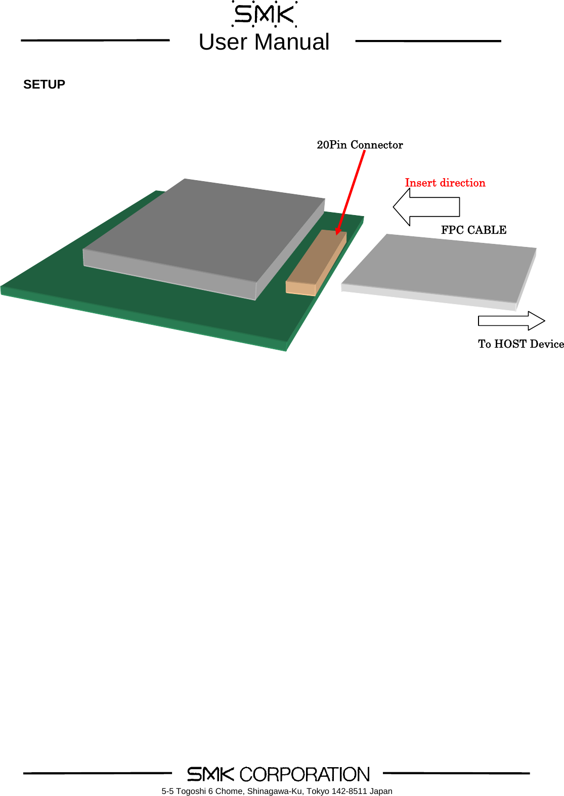        User Manual    5-5 Togoshi 6 Chome, Shinagawa-Ku, Tokyo 142-8511 Japan SETUP                                           FPC CABLE 20Pin ConnectorTo HOST DeviceInsert direction 