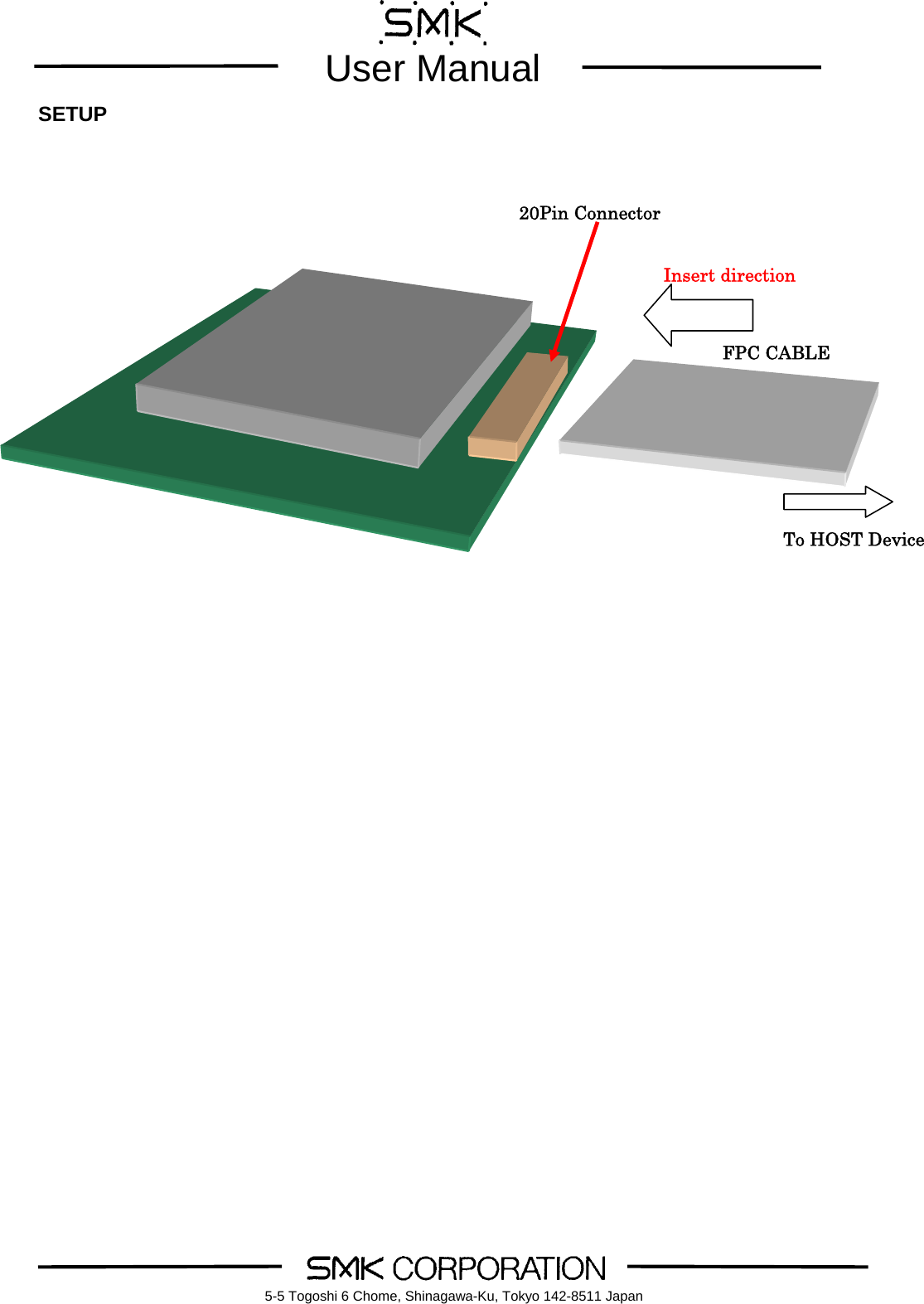        User Manual    5-5 Togoshi 6 Chome, Shinagawa-Ku, Tokyo 142-8511 JapanSETUP                                             FPC CABLE 20Pin ConnectorTo HOST DeviceInsert direction 