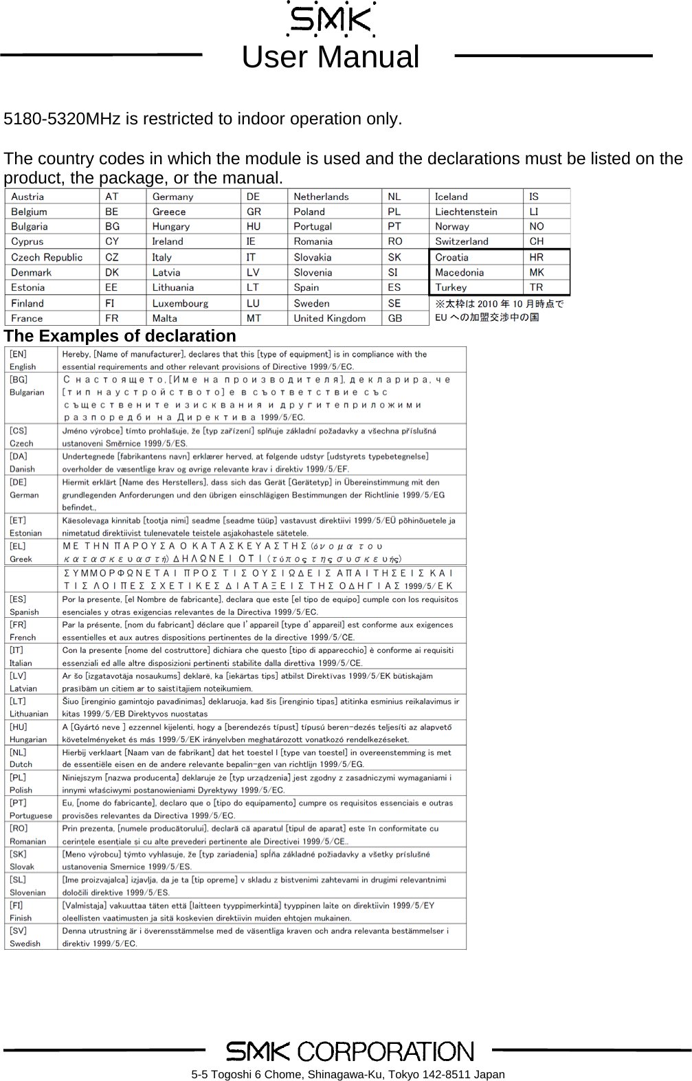        User Manual    5-5 Togoshi 6 Chome, Shinagawa-Ku, Tokyo 142-8511 Japan 5180-5320MHz is restricted to indoor operation only.  The country codes in which the module is used and the declarations must be listed on the product, the package, or the manual.  The Examples of declaration   