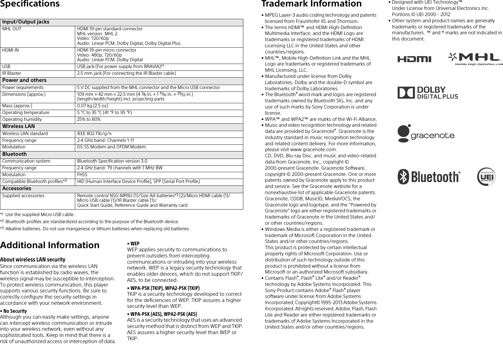 Specifications*1Use the supplied Micro USB cable.*2Bluetooth profiles are standardized according to the purpose of the Bluetooth device.*3Alkaline batteries. Do not use manganese or lithium batteries when replacing old batteries.Additional InformationAbout wireless LAN securitySince communication via the wireless LAN function is established by radio waves, the wireless signal may be susceptible to interception. To protect wireless communication, this player supports various security functions. Be sure to correctly configure the security settings in accordance with your network environment.&bull;No SecurityAlthough you can easily make settings, anyone can intercept wireless communication or intrude into your wireless network, even without any sophisticated tools. Keep in mind that there is a risk of unauthorized access or interception of data.&bull;WEPWEP applies security to communications to prevent outsiders from intercepting communications or intruding into your wireless network. WEP is a legacy security technology that enables older devices, which do not support TKIP/AES, to be connected.&bull; WPA-PSK (TKIP), WPA2-PSK (TKIP)TKIP is a security technology developed to correct for the deficiencies of WEP. TKIP assures a higher security level than WEP.&bull; WPA-PSK (AES), WPA2-PSK (AES)AES is a security technology that uses an advanced security method that is distinct from WEP and TKIP.AES assures a higher security level than WEP or TKIP.Input/Output jacksMHL OUT HDMI 19-pin standard connectorMHL version: MHL 2Video: 720/60pAudio: Linear PCM, Dolby Digital, Dolby Digital PlusHDMI IN HDMI 19-pin micro connectorVideo: 480p, 720/60pAudio: Linear PCM, Dolby DigitalUSB USB jack (For power supply from BRAVIA)*1IR Blaster 2.5 mm jack (For connecting the IR Blaster cable)Power and othersPower requirements 5 V DC supplied from the MHL connector and the Micro USB connectorDimensions (approx.) 109 mm &times; 42 mm &times; 22.5 mm (4 3&frasl;8 in. &times; 1 11&frasl;16 in. &times; 29&frasl;32 in.)(length/width/height) incl. projecting partsMass (approx.) 0.07 kg (2.5 oz)Operating temperature 5 &deg;C to 35 &deg;C (41 &deg;F to 95 &deg;F)Operating humidity 25% to 80%Wireless LANWireless LAN standard IEEE 802.11b/g/nFrequency range 2.4 GHz band: Channels 1-11Modulation DS-SS Modem and OFDM ModemBluetoothCommunication system Bluetooth Specification version 3.0Frequency range 2.4 GHz band: 79 channels with 1 MHz BWModulation FHSSCompatible Bluetooth profiles*2HID (Human Interface Device Profile), SPP (Serial Port Profile)AccessoriesSupplied accessories Remote control NSG-MR9U (1)/Size AA batteries*3 (2)/Micro HDMI cable (1)/Micro USB cable (1)/IR Blaster cable (1)/Quick Start Guide, Reference Guide and Warranty cardTrademark Information&bull; MPEG Layer-3 audio coding technology and patents licensed from Fraunhofer IIS and Thomson.&bull; The terms HDMI&trade; and HDMI High-Definition Multimedia Interface, and the HDMI Logo are trademarks or registered trademarks of HDMI Licensing LLC in the United States and other countries/regions.&bull; MHL&trade;, Mobile High-Definition Link and the MHL Logo are trademarks or registered trademarks of MHL Licensing, LLC. &bull; Manufactured under license from Dolby Laboratories. Dolby and the double-D symbol are trademarks of Dolby Laboratories.&bull; The Bluetooth&reg; word mark and logos are registered trademarks owned by Bluetooth SIG, Inc. and any use of such marks by Sony Corporation is under license.&bull; WPA&trade; and WPA2&trade; are marks of the Wi-Fi Alliance.&bull; Music and video recognition technology and related data are provided by Gracenote&reg;. Gracenote is the industry standard in music recognition technology and related content delivery. For more information, please visit www.gracenote.com. CD, DVD, Blu-ray Disc, and music and video-related data from Gracenote, Inc., copyright &copy; 2000-present Gracenote. Gracenote Software, copyright &copy; 2000-present Gracenote. One or more patents owned by Gracenote apply to this product and service. See the Gracenote website for a nonexhaustive list of applicable Gracenote patents. Gracenote, CDDB, MusicID, MediaVOCS, the Gracenote logo and logotype, and the &ldquo;Powered by Gracenote&rdquo; logo are either registered trademarks or trademarks of Gracenote in the United States and/or other countries/regions.&bull; Windows Media is either a registered trademark or trademark of Microsoft Corporation in the United States and/or other countries/regions.This product is protected by certain intellectual property rights of Microsoft Corporation. Use or distribution of such technology outside of this product is prohibited without a license from Microsoft or an authorized Microsoft subsidiary.&bull;Contains Flash&reg;, Flash&reg; Lite&reg; and/or Reader&reg; technology by Adobe Systems Incorporated. This Sony Product contains Adobe&reg; Flash&reg; player software under license from Adobe Systems Incorporated, Copyright&copy; 1995-2013 Adobe Systems Incorporated. All rights reserved. Adobe, Flash, Flash Lite and Reader are either registered trademarks or trademarks of Adobe Systems Incorporated in the United States and/or other countries/regions.&bull; Designed with UEI Technology&trade;Under License from Universal Electronics Inc.Portions &copy; UEI 2000 - 2012&bull; Other system and product names are generally trademarks or registered trademarks of the manufacturers. &trade; and &reg; marks are not indicated in this document.
