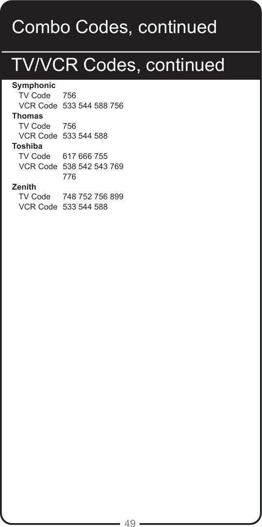 49Symphonic   TV Code    756   VCR Code   533 544 588 756Thomas   TV Code    756   VCR Code   533 544 588Toshiba   TV Code    617 666 755    VCR Code   538 542 543 769    776Zenith   TV Code    748 752 756 899   VCR Code   533 544 588Combo Codes, continuedTV/VCR Codes, continued