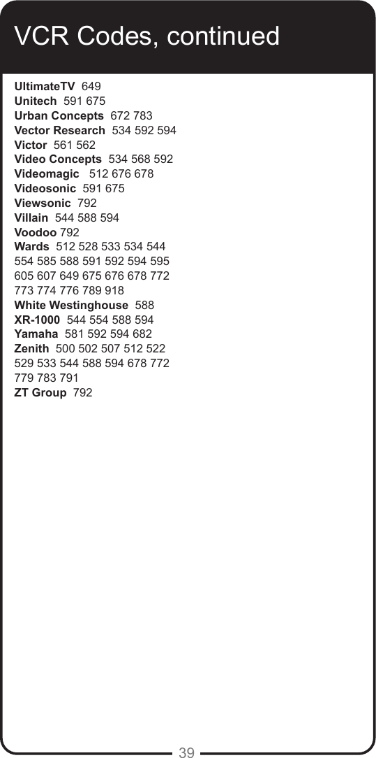 39VCR Codes, continuedUltimateTV  649Unitech  591 675Urban Concepts  672 783Vector Research  534 592 594Victor  561 562Video Concepts  534 568 592Videomagic   512 676 678Videosonic  591 675Viewsonic  792Villain  544 588 594Voodoo 792Wards  512 528 533 534 544 554 585 588 591 592 594 595 605 607 649 675 676 678 772 773 774 776 789 918White Westinghouse  588 XR-1000  544 554 588 594Yamaha  581 592 594 682Zenith  500 502 507 512 522 529 533 544 588 594 678 772 779 783 791ZT Group  792