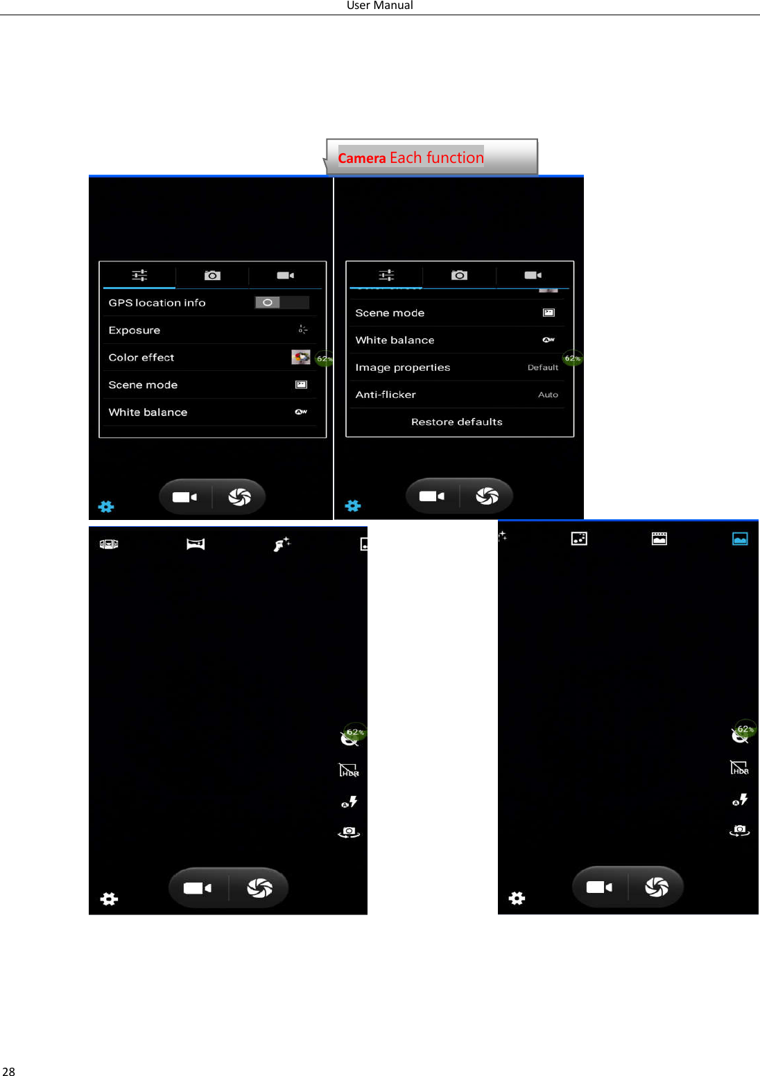 User Manual 28          Camera Each function 