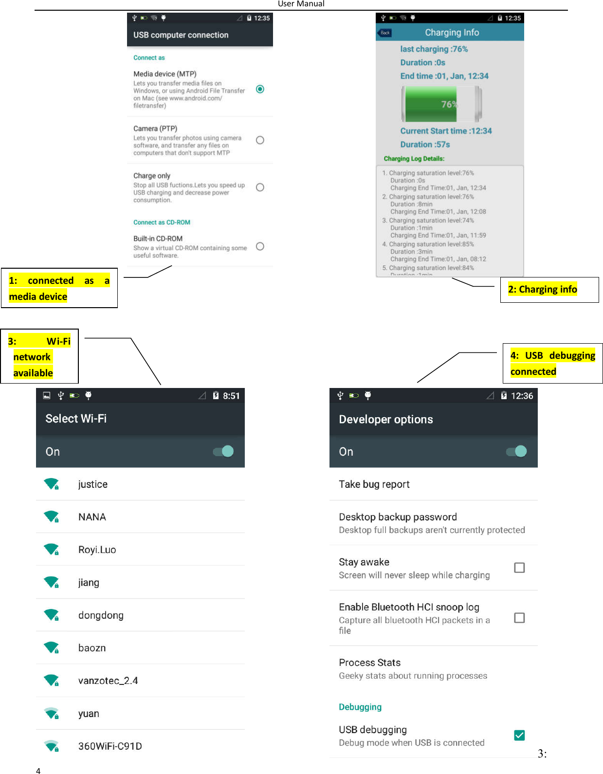 User Manual 4                                                        3: 1:  connected  as  a media device  2: Charging info 3:  Wi-Fi network available 4:  USB  debugging connected 