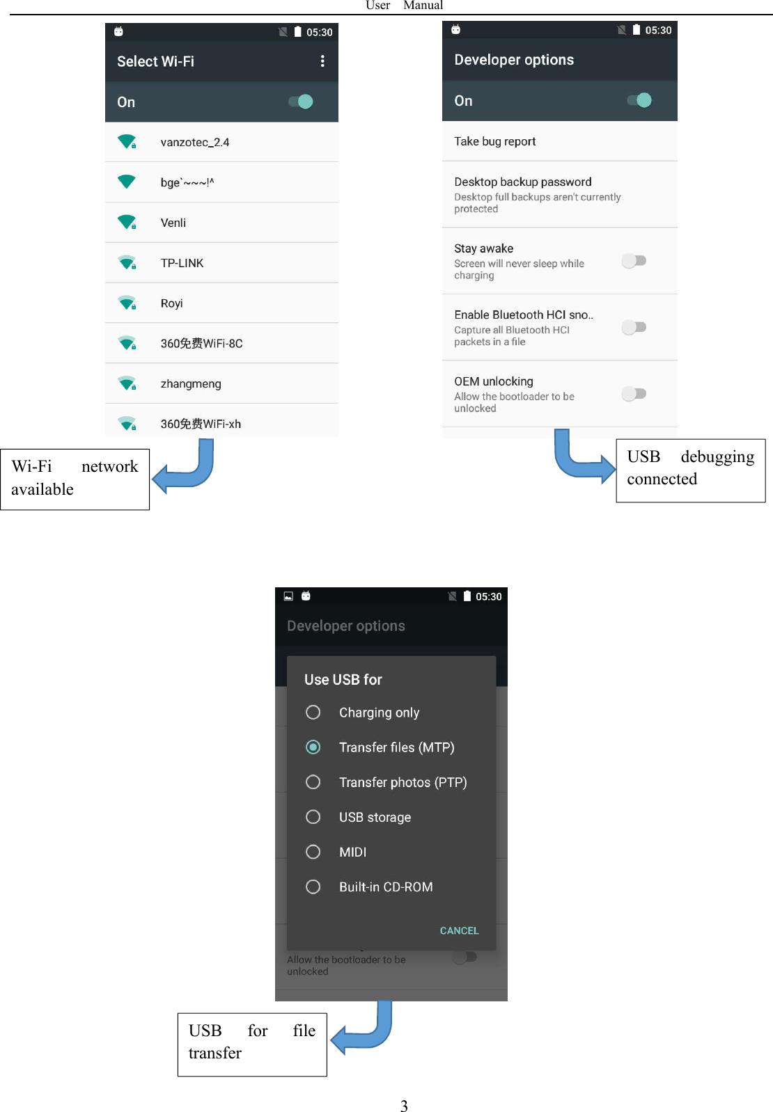 User    Manual  3            Wi-Fi  network available USB  debugging connected USB  for  file transfer 