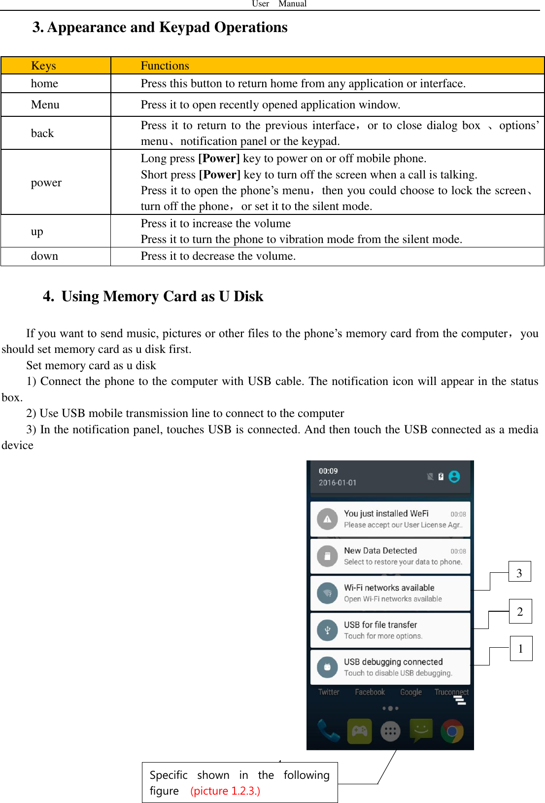User    Manual  4 3. Appearance and Keypad Operations Keys Functions home Press this button to return home from any application or interface. Menu Press it to open recently opened application window. back Press it to return to the previous interface，or to close dialog box  、options‟ menu、notification panel or the keypad. power Long press [Power] key to power on or off mobile phone. Short press [Power] key to turn off the screen when a call is talking. Press it to open the phone‟s menu，then you could choose to lock the screen、turn off the phone，or set it to the silent mode. up Press it to increase the volume Press it to turn the phone to vibration mode from the silent mode. down Press it to decrease the volume. 4. Using Memory Card as U Disk If you want to send music, pictures or other files to the phone‟s memory card from the computer，you should set memory card as u disk first. Set memory card as u disk 1) Connect the phone to the computer with USB cable. The notification icon will appear in the status box.       2) Use USB mobile transmission line to connect to the computer   3) In the notification panel, touches USB is connected. And then touch the USB connected as a media device                  2 1  3 Specific  shown  in  the  following figure  (picture 1.2.3.) 