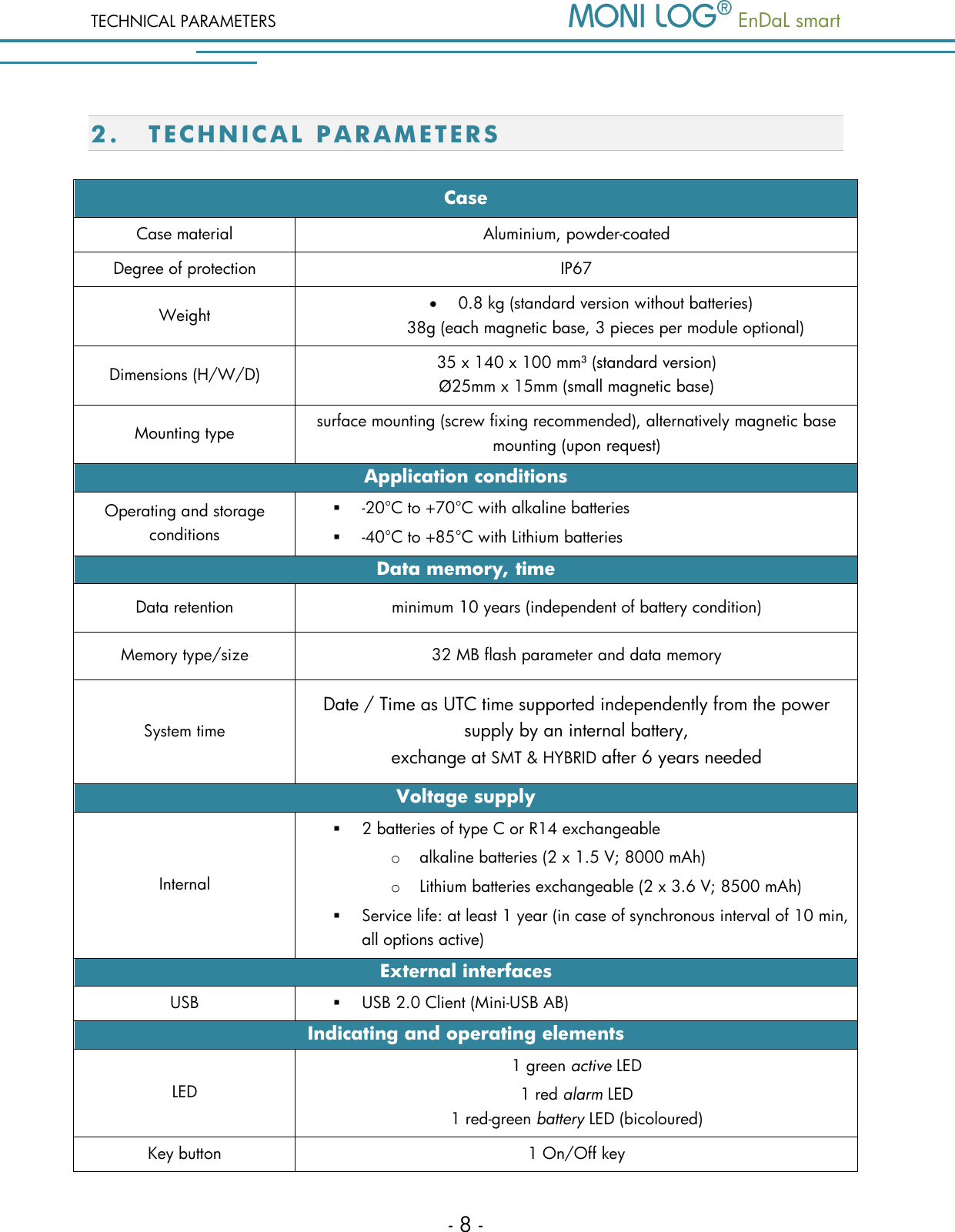 TECHNICAL PARAMETERS   EnDaL smart   - 8 - 2. T E C H N I C AL PARAMETE R S  Case Case material Aluminium, powder-coated Degree of protection IP67 Weight  0.8 kg (standard version without batteries) 38g (each magnetic base, 3 pieces per module optional) Dimensions (H/W/D) 35 x 140 x 100 mm&sup3; (standard version) &Oslash;25mm x 15mm (small magnetic base) Mounting type surface mounting (screw fixing recommended), alternatively magnetic base mounting (upon request) Application conditions Operating and storage conditions   -20&deg;C to +70&deg;C with alkaline batteries  -40&deg;C to +85&deg;C with Lithium batteries  Data memory, time Data retention minimum 10 years (independent of battery condition) Memory type/size 32 MB flash parameter and data memory System time Date / Time as UTC time supported independently from the power supply by an internal battery, exchange at SMT &amp; HYBRID after 6 years needed Voltage supply Internal  2 batteries of type C or R14 exchangeable o alkaline batteries (2 x 1.5 V; 8000 mAh) o Lithium batteries exchangeable (2 x 3.6 V; 8500 mAh)  Service life: at least 1 year (in case of synchronous interval of 10 min, all options active) External interfaces USB  USB 2.0 Client (Mini-USB AB) Indicating and operating elements LED 1 green active LED  1 red alarm LED  1 red-green battery LED (bicoloured) Key button 1 On/Off key 