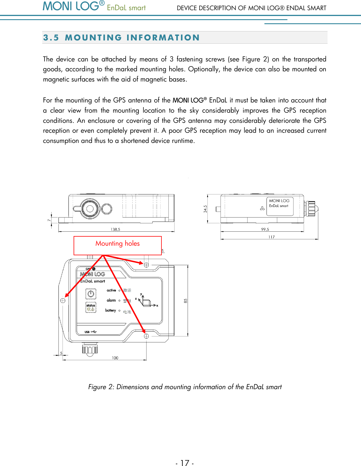   EnDaL smart  DEVICE DESCRIPTION OF MONI LOG&reg; ENDAL SMART - 17 - 3.5 MOUNT I N G   I N F O R M A T I O N  The  device can  be attached by means  of  3  fastening screws  (see Figure 2)  on the transported goods, according to the marked mounting holes. Optionally, the device can also be mounted on magnetic surfaces with the aid of magnetic bases. For the mounting of the GPS antenna of the    EnDaL it must be taken into account that a  clear  view  from  the  mounting  location  to  the  sky  considerably  improves  the  GPS  reception conditions. An enclosure or covering of the GPS antenna may considerably deteriorate the GPS reception or even completely prevent it. A poor GPS reception may lead to an increased current consumption and thus to a shortened device runtime.     Figure 2: Dimensions and mounting information of the EnDaL smart   Mounting holes 