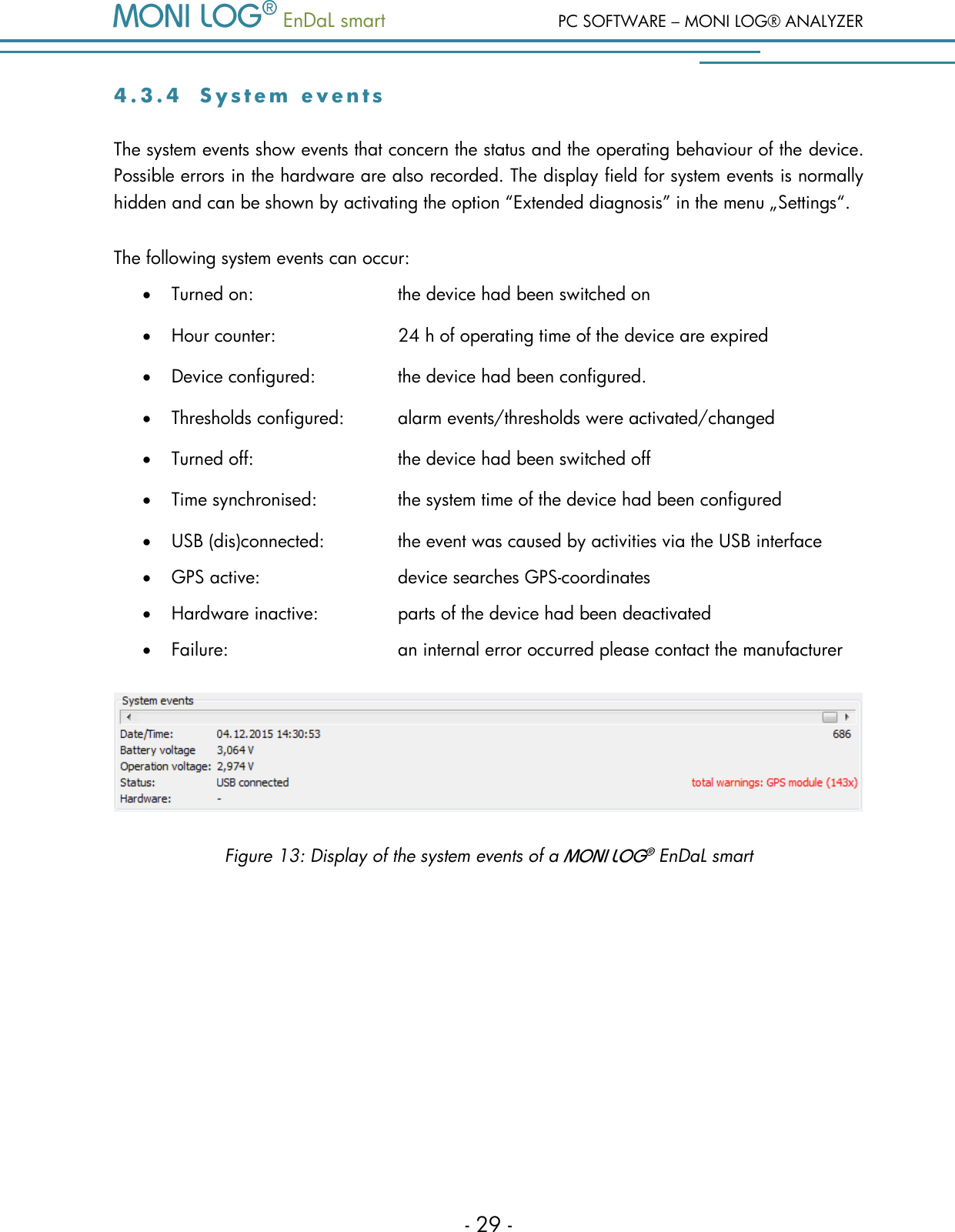   EnDaL smart  PC SOFTWARE &ndash; MONI LOG&reg; ANALYZER - 29 - 4 . 3 . 4  S y s t e m   e v e n t s  The system events show events that concern the status and the operating behaviour of the device. Possible errors in the hardware are also recorded. The display field for system events is normally hidden and can be shown by activating the option &ldquo;Extended diagnosis&rdquo; in the menu &bdquo;Settings&ldquo;. The following system events can occur:  Turned on:       the device had been switched on  Hour counter:      24 h of operating time of the device are expired  Device configured:     the device had been configured.  Thresholds configured:  alarm events/thresholds were activated/changed  Turned off:       the device had been switched off  Time synchronised:     the system time of the device had been configured  USB (dis)connected:     the event was caused by activities via the USB interface  GPS active:      device searches GPS-coordinates  Hardware inactive:    parts of the device had been deactivated  Failure:      an internal error occurred please contact the manufacturer  Figure 13: Display of the system events of a    EnDaL smart   