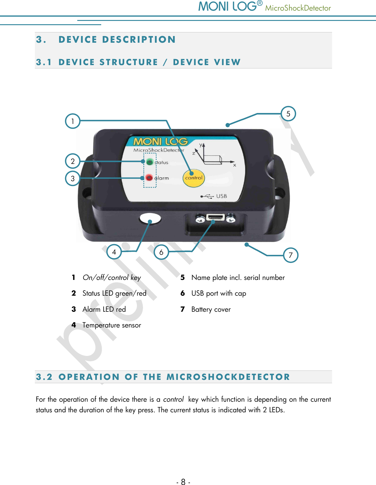    MicroShockDetector - 8 - 3. DE V I C E   D E S C R I P T I ON  3.1 D E V I C E   S T R U C T U R E   /   D E V I C E   V I E W      1   On/off/control key 5   Name plate incl. serial number 2   Status LED green/red 6   USB port with cap 3   Alarm LED red 7   Battery cover 4   Temperature sensor        3.2 O P E R A T I O N   O F   T H E   M I C R O S H O C K D E T E C T O R  For the operation of the device there is a control  key which function is depending on the current status and the duration of the key press. The current status is indicated with 2 LEDs.    7 4 1 6 2 3 5 