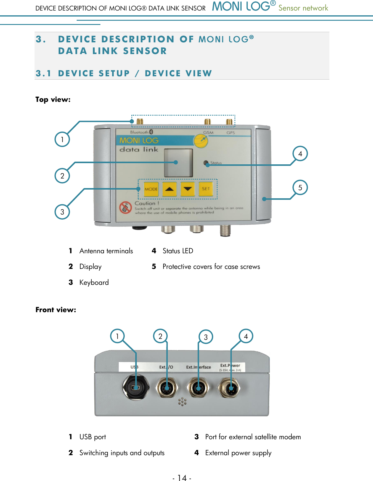 DEVICE DESCRIPTION OF MONI LOG&reg; DATA LINK SENSOR  Sensor network  - 14 - 3. DE V I C E   D E S C R I P T I O N   O F    D A T A   L I NK   S E N SO R  3.1 D E V I C E   S E T U P   / D E V I C E   V I E W  Top view:  1   Antenna terminals 4   Status LED 2   Display 5   Protective covers for case screws 3   Keyboard  Front view:   1   USB port 3   Port for external satellite modem 2   Switching inputs and outputs 4   External power supply 2 3 1 4 5 1 3 2 4 