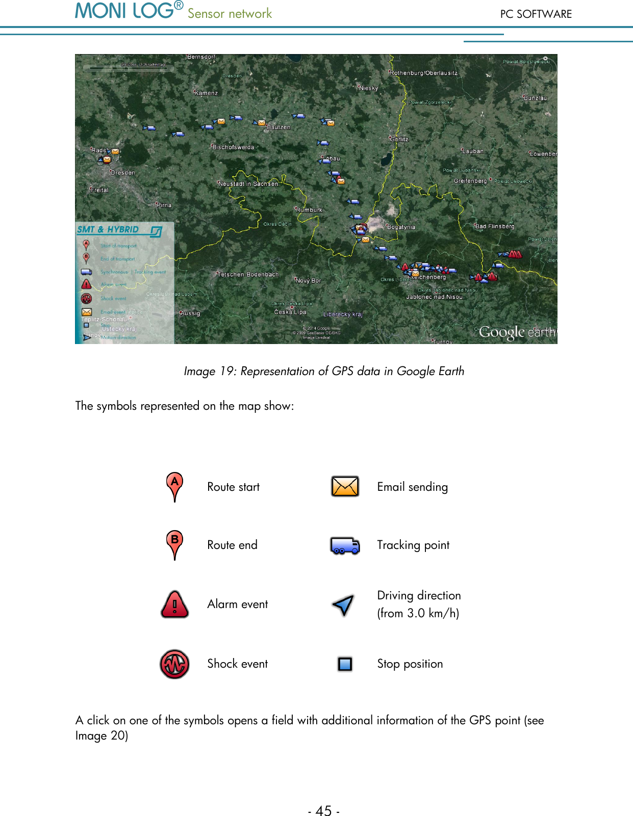  Sensor network PC SOFTWARE - 45 -  Image 19: Representation of GPS data in Google Earth The symbols represented on the map show:   Route start  Email sending  Route end  Tracking point  Alarm event  Driving direction (from 3.0 km/h)  Shock event  Stop position A click on one of the symbols opens a field with additional information of the GPS point (see Image 20) 