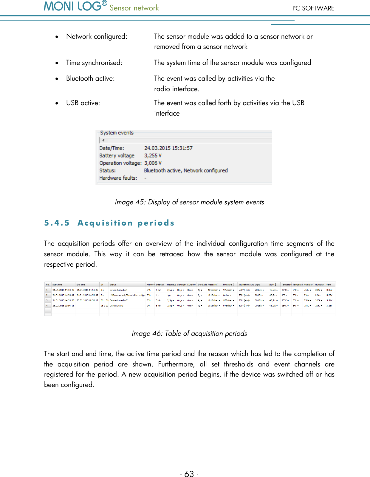  Sensor network PC SOFTWARE - 63 -  Network configured:    The sensor module was added to a sensor network or         removed from a sensor network  Time synchronised:     The system time of the sensor module was configured  Bluetooth active:     The event was called by activities via the              radio interface.  USB active:       The event was called forth by activities via the USB            interface  Image 45: Display of sensor module system events 5 . 4 . 5  A c q u i s i t i o n   p e r i o d s  The  acquisition  periods  offer  an  overview  of  the  individual  configuration  time  segments  of  the sensor  module.  This  way  it  can  be  retraced  how  the  sensor  module  was  configured  at  the respective period.  Image 46: Table of acquisition periods The start and end time, the active time period and the reason which has led to the completion of the  acquisition  period  are  shown.  Furthermore,  all  set  thresholds  and  event  channels  are registered for the period. A new acquisition period begins, if the device was switched off or has been configured.    