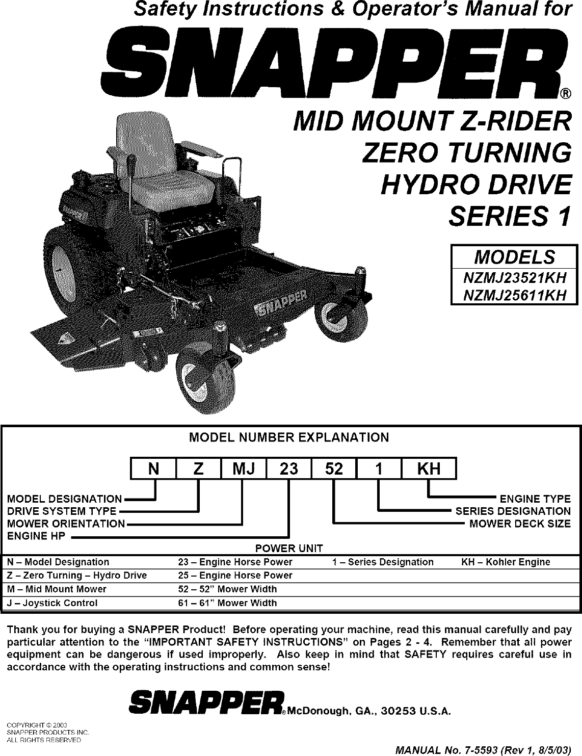 SNAPPER Lawn, Riding Mower Rear Engine Manual L0808024