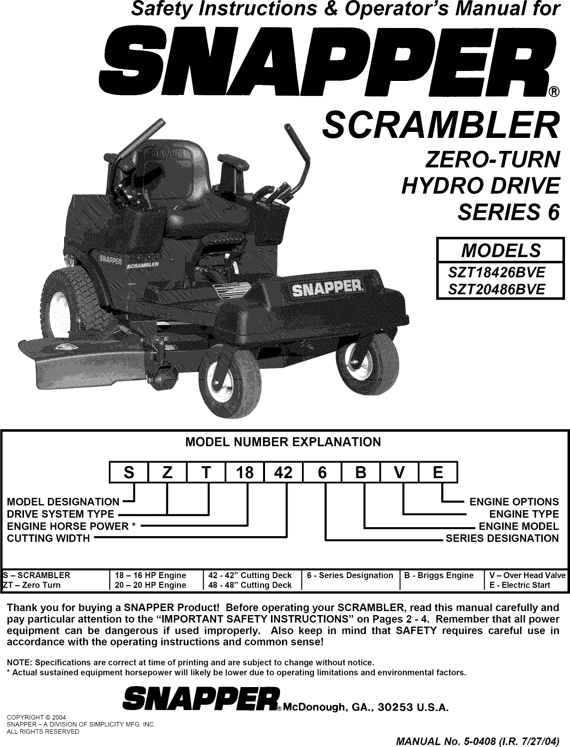 Snapper Lawn Riding Mower Rear Engine Manual L0808229