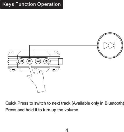 Quick Press to switch to next track.(Available only in Bluetooth)Press and hold it to turn up the volume. Keys Function Operation4