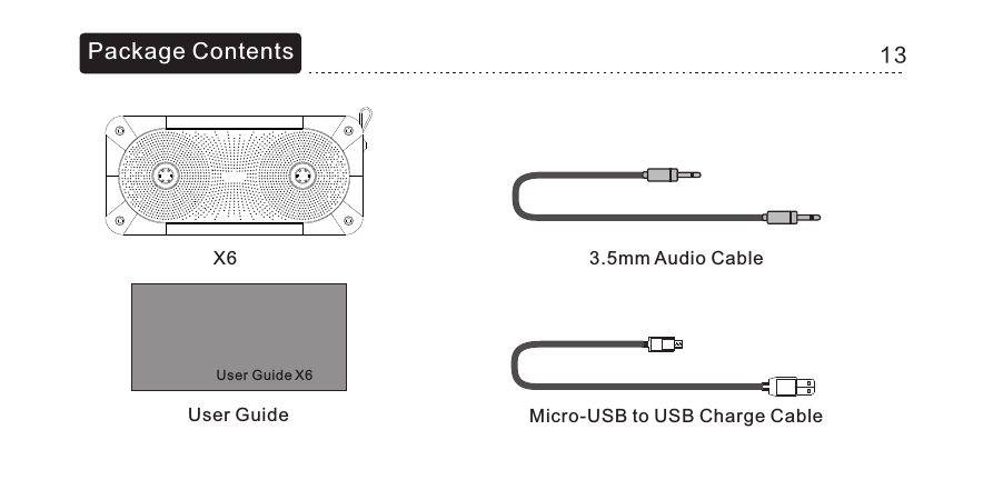 Package ContentsUser GuideX6 3.5mm Audio CableMicro-USB to USB Charge Cable13User Guide X6