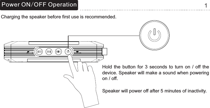 Hold  the  button  for  3  seconds  to  turn  on  /  off the device. Speaker will make a sound when powering on / off.PowerON/OFFOperation 1Charging the speaker before first use is recommended.Speaker will power off after 5 minutes of inactivity.