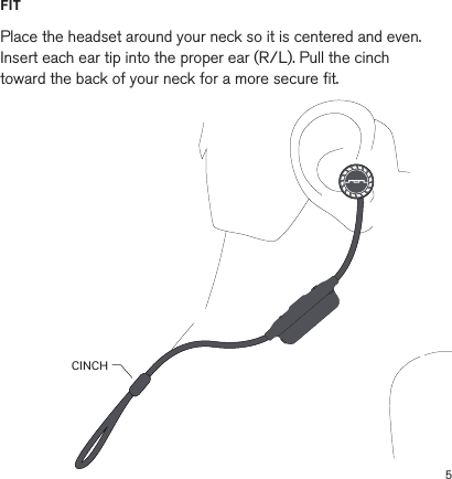 5   CINCHFIT  Place the headset around your neck so it is centered and even.Insert each ear tip into the proper ear (R/L). Pull the cinch toward the back of your neck for a more secure ﬁt.