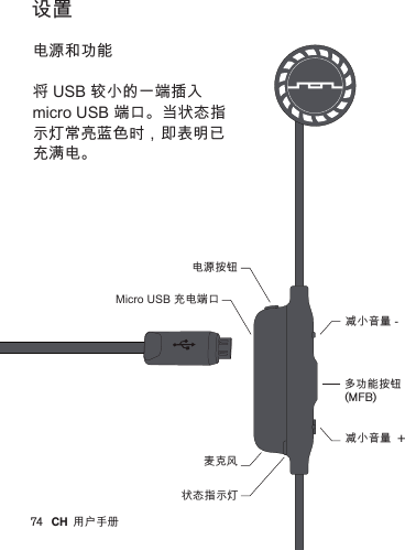 74         电源和功能  将 USB 较小的一端插入 micro USB 端口。当状态指示灯常亮蓝色时，即表明已充满电。设置电源按钮减小音量 -减小音量  +多功能按钮 (MFB)麦克风Micro USB 充电端口状态指示灯CH 用户手册