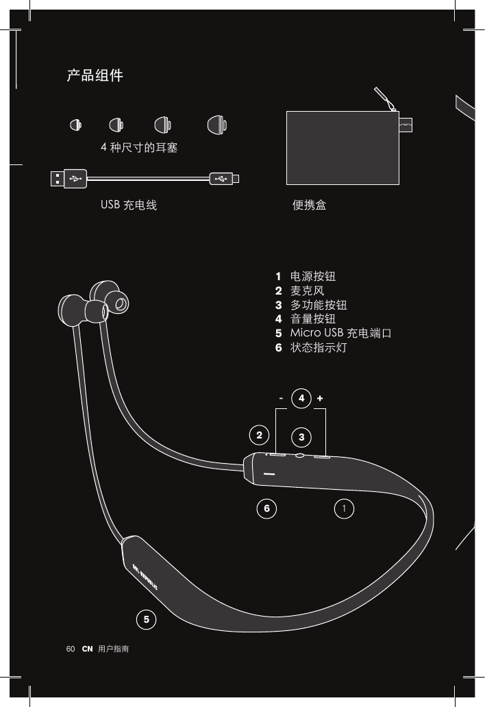 60 EN 用户指南CN产品组件 4 种尺寸的耳塞电源按钮麦克风多功能按钮音量按钮Micro USB 充电端口状态指示灯123456便携盒USB 充电线523641+-