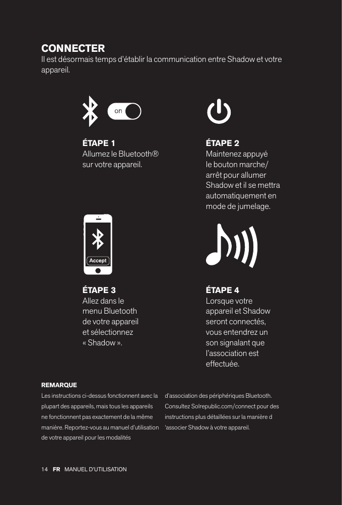 14 MANUEL D’UTILISATIONFR CONNECTER Il est désormais temps d’établir la communication entre Shadow et votre appareil. ÉTAPE 1Allumez le Bluetooth® sur votre appareil.ÉTAPE 2Maintenez appuyé le bouton marche/arrêt pour allumer Shadow et il se mettra automatiquement en mode de jumelage.ÉTAPE 4Lorsque votre appareil et Shadow seront connectés, vous entendrez un son signalant que l’association est effectuée.ÉTAPE 3Allez dans lemenu Bluetoothde votre appareilet sélectionnez«Shadow ».REMARQUELes instructions ci-dessus fonctionnent avec la plupart des appareils, mais tous les appareils ne fonctionnent pas exactement de la même manière. Reportez-vous au manuel d’utilisation de votre appareil pour les modalités d’association des périphériques Bluetooth. Consultez Solrepublic.com/connect pour des instructions plus détaillées sur la manière d ‘associer Shadow à votre appareil.