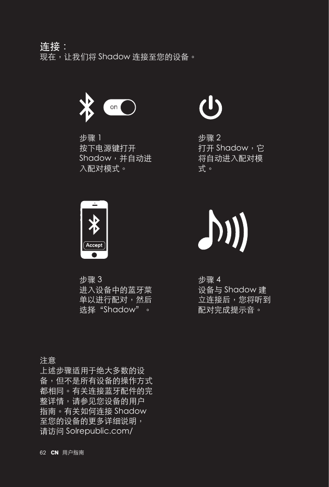 62 用户指南CN连接：现在，让我们将 Shadow 连接至您的设备。步骤 1按下电源键打开Shadow，并自动进入配对模式。步骤 2打开 Shadow，它将自动进入配对模式。步骤 4设备与 Shadow 建立连接后，您将听到配对完成提示音。步骤 3进入设备中的蓝牙菜单以进行配对，然后选择“Shadow”。注意上述步骤适用于绝大多数的设备，但不是所有设备的操作方式都相同。有关连接蓝牙配件的完整详情，请参见您设备的用户指南。有关如何连接 Shadow 至您的设备的更多详细说明，请访问 Solrepublic.com/