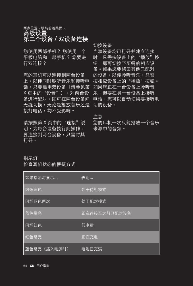 64 用户指南CN两点位置。眼睛看着路面。高级设置第二个设备 / 双设备连接您使用两部手机？ 您使用一个平板电脑和一部手机？ 您要进行双连接？您的耳机可以连接到两台设备上，以便同时聆听音乐和接听电话。只要启用双设备（请参见第 X 页中的“设置”），对两台设备进行配对，即可在两台设备间无缝切换，无论是播放音乐还是接打电话，均不受影响。请按照第 X 页中的“连接”说明，为每台设备执行此操作。要连接到两台设备，只需将其打开。如果指示灯显示... 表明... 闪烁蓝色 处于待机模式闪烁蓝色两次 处于配对模式蓝色常亮 正在连接至之前已配对设备闪烁红色 低电量红色常亮  正在充电蓝色常亮（插入电源时） 电池已充满指示灯检查耳机状态的便捷方式切换设备当双设备均已打开并建立连接时，只需按设备上的“播放”按钮，即可切换至所需的相应设备。如果您要切回其他已配对的设备，以便聆听音乐，只需按相应设备上的“播放”按钮。如果您正在一台设备上聆听音乐，但要在另一台设备上接听电话，您可以自动切换要接听电话的设备。注意您的耳机一次只能播放一个音乐来源中的音频。
