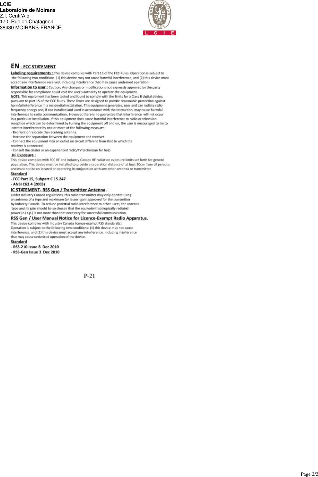 Page 2/2 LCIE Laboratoire de Moirans Z.I. Centr’Alp 170, Rue de Chatagnon 38430 MOIRANS-FRANCE