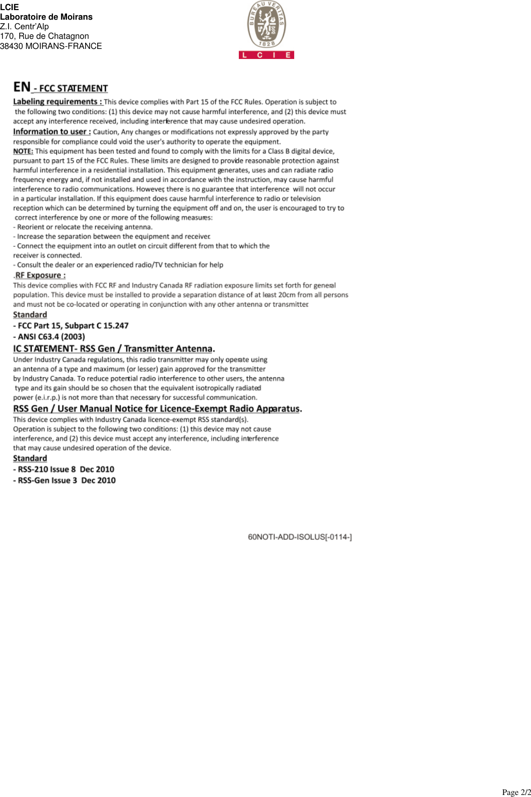       Page 2/2  LCIE  Laboratoire de Moirans Z.I. Centr&rsquo;Alp 170, Rue de Chatagnon 38430 MOIRANS-FRANCE   